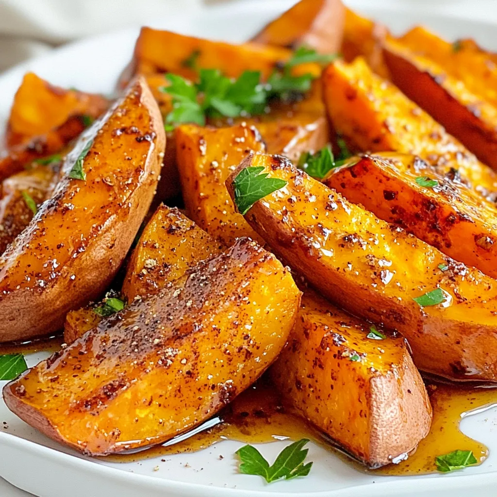 - 2 large sweet potatoes, washed and cut into wedges - 3 tablespoons pure maple syrup - 2 tablespoons extra virgin olive oil - 1 teaspoon ground cinnamon - 1/2 teaspoon freshly grated nutmeg - Sea salt to taste - Fresh parsley, finely chopped (for garnish) For this recipe, precise measuring helps. Use a dry measuring cup for the maple syrup and oil. Fill it to the line without overflowing. For spices, a standard teaspoon works well. When measuring salt, start with less; you can always add more later. You can switch ingredients if needed. Try honey if you don't have maple syrup. Use coconut oil instead of olive oil for a different flavor. If you lack nutmeg, cinnamon alone can work. Fresh parsley is great, but dried herbs can also add flavor. This section provides all the essential ingredients and tips for making your Maple Glazed Sweet Potato Wedges a success. Enjoy cooking! {{ingredient_image_2}} Start by washing your sweet potatoes well. This helps remove any dirt. Next, cut the sweet potatoes into wedges. Aim for pieces about the same size. This ensures even cooking. Place the wedges in a large bowl. In the same bowl, add three tablespoons of pure maple syrup. Then, pour in two tablespoons of extra virgin olive oil. Next, add one teaspoon of ground cinnamon. Follow with half a teaspoon of freshly grated nutmeg. Finally, sprinkle on some sea salt. Use your hands or a spatula to mix everything. Make sure each wedge gets a good coating. The glaze adds a sweet and warm flavor. Preheat your oven to 425°F (220°C). This temperature helps the wedges roast nicely. Line a baking sheet with parchment paper. This makes cleanup easy. Spread the sweet potato wedges on the sheet in a single layer. Do not let them overlap. Bake for 25 to 30 minutes. Halfway through, flip the wedges with a spatula. This ensures they cook evenly. When they turn golden brown and tender, they’re ready. Take them out and let them cool for a few minutes. This helps them firm up. Transfer to a serving platter and drizzle with any extra glaze. Finally, sprinkle with fresh parsley for a pop of color. To get crispy sweet potato wedges, follow these tips. First, cut the sweet potatoes evenly. This helps them cook at the same rate. Next, toss them in olive oil and maple syrup well. Make sure each wedge is coated. Then, spread the wedges out on the baking sheet. Leave space between them so air can flow. Bake them at 425°F (220°C) for 25-30 minutes. Flip them halfway through for even browning. Maple glazed sweet potato wedges pair well with many flavors. Serve them with a yogurt dip for creaminess. A tangy sauce can add a nice zing. Try them alongside grilled meats like chicken or pork. They also taste great with roasted veggies. For a fresh touch, sprinkle lemon juice or zest on top. This brightens the dish and balances the sweetness. Avoid these mistakes when making sweet potato wedges. First, don’t overcrowd the baking sheet. This leads to soggy wedges instead of crispy ones. Second, skip the salt until after baking. Adding salt too early can draw out moisture. Lastly, don’t skip the flipping step. Flipping ensures even cooking and browning. Following these tips will help you make the best maple glazed sweet potato wedges. Pro Tips Choose the Right Sweet Potatoes: For the best flavor and texture, select firm, unblemished sweet potatoes. Look for those with vibrant orange flesh, as they tend to be sweeter and more flavorful. Coat Evenly: Ensure that each wedge is evenly coated with the olive oil and maple mixture. This not only enhances flavor but also helps achieve that desired crispy texture. Don't Overcrowd the Baking Sheet: Spread the sweet potato wedges in a single layer without overlapping. This allows hot air to circulate around each piece, promoting even cooking and crispiness. Experiment with Spices: While cinnamon and nutmeg are classic choices, feel free to experiment with other spices such as paprika or cayenne for a spicy kick, or even rosemary for an herby twist. {{image_4}} Add a kick to your sweet potato wedges. Mix in some cayenne pepper or chili powder with the maple glaze. Start with 1/4 teaspoon and add more if you like heat. This spice pairs well with the sweet maple and creates a delightful balance. You’ll enjoy the contrast between sweet and spicy in every bite. Fresh herbs can elevate your sweet potato wedges. Consider adding rosemary or thyme to the glaze. Chop the herbs finely and mix them in with the olive oil and maple syrup. This will add a lovely aroma and fresh taste. The herbs bring a new depth to each wedge, making them more aromatic and flavorful. You can cook these wedges in two ways: in the oven or an air fryer. The oven gives you crispy edges, while the air fryer cooks them faster. If using an air fryer, set it to 400°F (200°C) and cook for 20 minutes. Flip them halfway through for even cooking. No matter the method, you’ll end up with tasty, sweet potato wedges that shine with maple glaze. To keep your maple glazed sweet potato wedges fresh, store them in an airtight container. Allow the wedges to cool completely. Cover the container tightly and place it in the fridge. They will stay tasty for about 3 to 5 days. If you want to keep them longer, consider freezing. When you're ready to eat leftovers, preheat your oven to 350°F (175°C). Spread the wedges on a baking sheet in a single layer. Heat them for about 10 to 15 minutes. This method keeps them crispy. You can also use a microwave, but the texture may not be as good. To freeze sweet potato wedges, place them in a single layer on a baking sheet. Freeze them for about an hour until firm. Then, transfer the wedges to a freezer bag. Remove as much air as you can before sealing. They will last up to 3 months. When ready to use, bake straight from the freezer without thawing. Sweet potatoes are very good for you. They are rich in vitamins A and C. These vitamins help your eyes and skin stay healthy. Sweet potatoes have fiber, too, which helps digestion. They also provide energy due to their natural sugars. Eating sweet potatoes can support heart health. The antioxidants in them can fight off harmful free radicals. Yes, you can use brown sugar instead of maple syrup. Brown sugar will give a sweet flavor but lacks the maple taste. If you want that unique maple flavor, stick with maple syrup. It pairs well with the spices in this dish. You can also mix both for a richer taste. To cut sweet potatoes for wedges, start by washing them well. Then, slice each sweet potato in half lengthwise. Place the flat side down for stability. Cut each half into long wedges. Aim for about 1-inch thickness for even cooking. Try to keep the sizes similar for the best results. This way, they will cook at the same rate. This post covers all you need to make the best sweet potato wedges. You learned the right ingredients, measuring tips, and how to substitute when necessary. I provided clear steps for prepping, mixing, and baking. You now have tips for crispy texture and flavor pairings, plus mistakes to avoid. Variations and storage tips ensure your wedges stay tasty. Remember, enjoying healthy sweet potatoes can be fun and easy. With practice, you will impress anyone with your cooking skills. Now, get in the kitchen and enjoy your delicious sweet potato wedges!