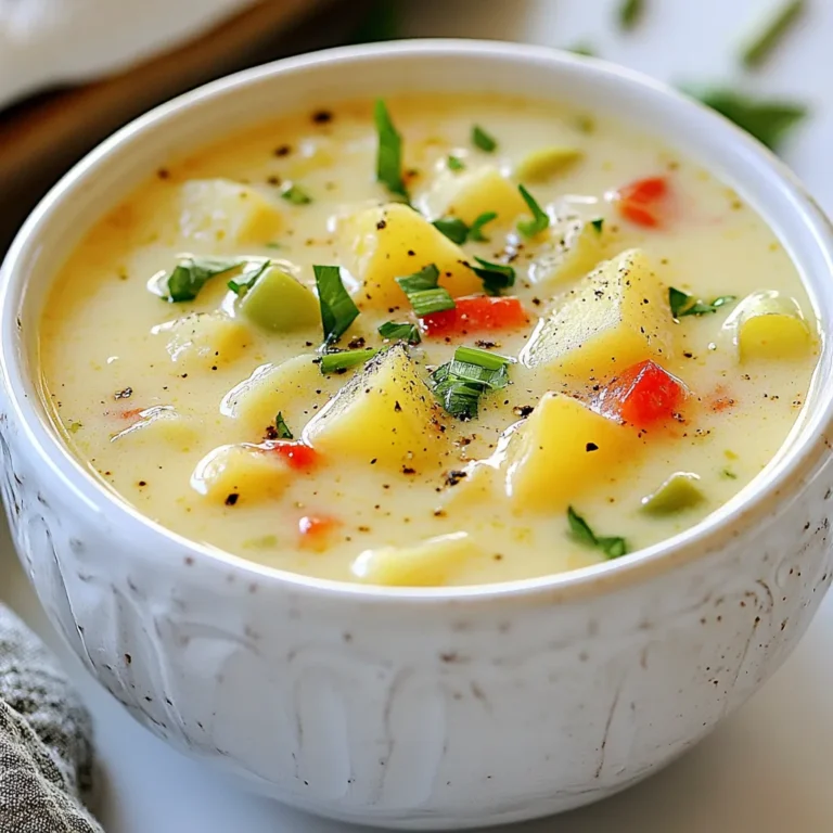 To make a rich and flavorful Cajun potato soup, gather these ingredients: - 4 large russet potatoes, peeled and diced into 1-inch cubes - 1 medium onion, finely chopped - 2 cloves garlic, minced - 1 green bell pepper, diced - 1 red bell pepper, diced - 1 medium carrot, diced - 4 cups vegetable broth (preferably low-sodium) - 1 cup heavy cream (or use coconut cream for a dairy-free option) - 2 tablespoons Cajun seasoning (adjust to taste) - 1 teaspoon dried thyme - 1 bay leaf - 2 tablespoons extra virgin olive oil - Salt and pepper to taste - Fresh parsley, chopped (for garnishing) - Green onions, sliced (for garnishing) You can tweak this soup for fun. Try adding: - Smoked sausage or andouille for meat lovers - Corn kernels for sweetness - Kale or spinach for extra greens - A splash of hot sauce for spice These tweaks can add new tastes and textures to your soup. Choosing the right Cajun seasoning can make a big difference. Here are some brands I trust: - Tony Chachere's Original Creole Seasoning - Zatarain's Cajun Seasoning - Slap Ya Mama Cajun Seasoning Each brings unique flavors. Adjust the amount based on your taste. {{ingredient_image_2}} Start by peeling and dicing four large russet potatoes. Each cube should be about one inch. Next, chop one medium onion finely. Mince two cloves of garlic. Dice one green bell pepper and one red bell pepper. Also, dice one medium carrot. Keep all these ingredients in separate bowls to make cooking easier. In a large pot, heat two tablespoons of extra virgin olive oil over medium heat. Add the chopped onion and minced garlic first. Stir for about two minutes. Then, add the diced green and red bell peppers along with the carrot. Cook this mixture for five to seven minutes. You want the veggies to be tender and the onions to be translucent. Now, add the diced potatoes to the pot. Stir well to combine everything. Carefully pour in four cups of vegetable broth. Add one bay leaf, one teaspoon of dried thyme, and two tablespoons of Cajun seasoning. Stir the soup and bring it to a vigorous boil. Once boiling, reduce the heat to low and let it simmer for twenty to twenty-five minutes. The potatoes should be easily pierced with a fork when done. After simmering, remove the bay leaf from the pot. Use an immersion blender to blend the soup until creamy. Make sure to leave some potato chunks for texture. If you don’t have an immersion blender, pour half of the soup into a regular blender. Blend it until smooth, then return it to the pot. Mix well to combine the two textures. Next, mix in one cup of heavy cream. Adjust the amount based on how creamy you want the soup. Season with salt and pepper to taste. Heat on low for five more minutes to warm it through. Now it's ready to serve! To boost the Cajun flavor, use fresh herbs. Fresh thyme or parsley adds depth. You can also add a squeeze of lemon juice. This brings brightness to the soup. If you like more heat, add cayenne pepper or hot sauce. This will make the soup spicier. Do not skip the sautéing step. This helps build flavor with the veggies. Avoid over-blending the soup. You want some potato chunks for texture. Use low-sodium broth to control saltiness. Too much salt can overpower the Cajun spice. Finally, taste as you go. Adjust seasoning as needed for perfect balance. Serve the soup hot with crusty bread. A warm baguette or cornbread goes well. You can also pair it with a simple salad. A side of mixed greens adds freshness. For drinks, sweet tea or a light beer complements the soup nicely. Enjoy your meal with family or friends for a cozy touch! Pro Tips Adjust Your Spice Level: If you prefer a milder soup, start with less Cajun seasoning and gradually add more to taste as you cook. Utilize Leftovers: This soup is a great way to use up leftover vegetables. Feel free to add any other veggies you have on hand! Enhance the Creaminess: For an even creamier texture, consider blending in some cooked white beans along with the potatoes. Make It Ahead: This soup can be made in advance and stored in the fridge for up to 3 days, making it a perfect meal prep option. {{image_4}} You can easily make this soup vegetarian or vegan. Just use vegetable broth. Instead of heavy cream, use coconut cream. This adds a nice sweetness. You can also add more veggies. Try corn, zucchini, or mushrooms for extra flavor. These options keep the soup rich and tasty. You can swap some ingredients if you want. If you don’t have russet potatoes, try Yukon Gold potatoes. These are creamy and work well. For bell peppers, use any color you like. If you want to skip the bay leaf, that is fine too. Just add more thyme for a nice taste. If you love heat, add some spice! Jalapeños or diced serrano peppers work great. You can also use hot sauce for a kick. Just mix it in when you add the cream. Adjust the spice to your taste. Remember to taste the soup as you go. This way, you get the perfect heat level. Storing leftover Cajun potato soup is easy. Let the soup cool down before storing. Use an airtight container to keep it fresh. Place the container in the fridge. It will stay good for about 3 to 4 days. Make sure to label the container with the date. This way, you won't forget when you made it. When you are ready to eat, take the soup out of the fridge. Pour it into a saucepan. Heat it on low to medium heat. Stir the soup often to prevent burning. You can also add a splash of broth or water if it seems too thick. Heat until it’s warm throughout. You can also use a microwave, but stir it every minute for even heating. If you want to save the soup for a longer time, freezing is a great option. First, let the soup cool completely. Pour it into a freezer-safe container. Leave some space at the top for expansion. Seal it tightly and label it with the date. You can freeze the soup for up to 3 months. When you are ready to eat it, thaw it in the fridge overnight. Then, reheat it in a pot or microwave. Enjoy the comfort of Cajun flavors anytime! Cajun cuisine has roots in the French settlers of Louisiana. These settlers were known as Acadians. They brought their food culture with them. Over time, local ingredients and Native American styles blended in. Cajun dishes often use spices, herbs, and meats. This mix creates rich, bold flavors. The food reflects the history and culture of the region. Yes, you can use other types of potatoes. Yukon Golds work well and add a creamy texture. Red potatoes also hold their shape well in soups. If you prefer sweet potato, it adds a unique flavor. Just keep in mind that different potatoes may change the taste and texture a bit. To thicken the soup without cream, try a few methods. One option is to mash some of the potatoes in the soup. This will create a thicker base while keeping chunks. Another way is to add a cornstarch slurry. Mix equal parts cornstarch and cold water, then add it to the soup. Let it simmer for a few minutes. You could also add pureed beans for extra thickness and nutrition. Cajun potato soup is a flavorful dish packed with ingredients and tips we discussed. You now know how to prepare, cook, and serve it perfectly. With the right tweaks, you can make it your own. Remember to avoid common mistakes and explore vegetarian options if you desire. Storing and reheating the soup is easy, ensuring you enjoy it later. Dive into this rich cuisine and bring warmth to your table with Cajun flavors. Happy cooking!