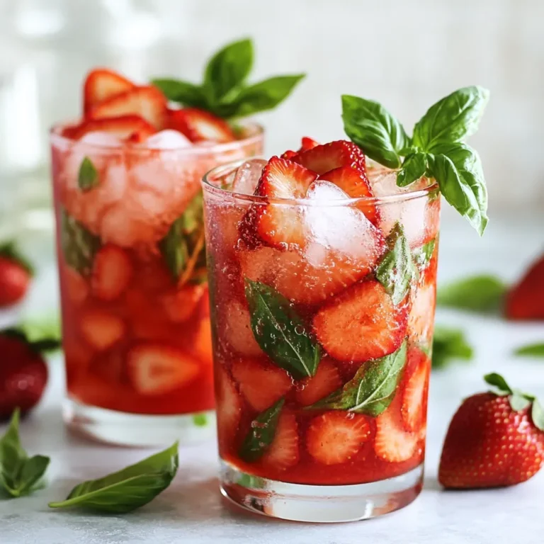 For this mocktail, you need 1 cup of fresh strawberries. Make sure they are ripe and sweet. Hull and slice them before using. Fresh strawberries bring bright flavor and a lovely color. They also add natural sweetness without extra sugar. You will use 1/4 cup of fresh basil leaves. Choose vibrant green leaves for the best taste. Basil adds a unique flavor that pairs well with strawberries. Gently pack the leaves to get the right amount. This herb gives your drink a refreshing twist. You will need 2 tablespoons of honey or agave syrup. Both sweeteners work well, but they differ in taste. Honey has a rich flavor, while agave is milder. You can adjust the sweetness based on your taste preferences. Add more if you like it sweeter. {{ingredient_image_2}} To start, take 1 cup of fresh strawberries. Remove the green tops and slice them. Place the sliced strawberries into a blender. Blend on high until smooth. For a silky texture, strain the puree through a fine-mesh sieve. This step helps remove seeds and gives you a clean puree. Next, grab a large pitcher. Pour in the smooth strawberry puree. Add 1/4 cup of fresh basil leaves. Use a gentle touch to pack them in. Then, add 2 tablespoons of honey or agave syrup. Squeeze in 1 tablespoon of fresh lime juice. Stir the mix well. This helps the flavors blend and creates a tasty base. Now, take your glasses. Fill each one with ice cubes. This keeps your drink cool and refreshing. Pour the strawberry-basil mixture over the ice, filling each glass halfway. Top each glass with 2 cups of chilled sparkling water. Stir gently to mix, but don’t lose the bubbles. Taste your drink. If you want it sweeter, add more honey or agave syrup. For a pretty look, garnish each glass with extra sliced strawberries and a sprig of fresh basil. Place these on the rim for a lovely touch. To make the best strawberry basil mocktail, start with fresh, ripe strawberries. Look for bright red berries. The ones with a sweet smell are usually the best. Avoid any that are mushy or have dark spots. You want strawberries that are firm and juicy. If you can, buy them from a local farmer's market. They tend to taste better and can be fresher. Sweetness can change how your mocktail tastes. If you like it sweeter, add more honey or agave syrup. Start with two tablespoons, then taste it. You can always add a bit more. If you find it too sweet, squeeze in some extra lime juice. Lime adds a nice tartness that balances the sweetness. Remember, everyone’s taste is different, so adjust it to what you like! Garnishing makes your drink look special. Use extra sliced strawberries and fresh basil leaves for a pop of color. You can also add a lime wheel on the rim for a fresh touch. If you want to be fancy, try adding a sprig of mint. It adds a nice smell and looks great. A beautiful mocktail not only tastes good but also impresses your guests! Pro Tips Use Ripe Strawberries: Select strawberries that are fully ripe for the best flavor. Look for bright red berries with a sweet aroma for maximum sweetness. Chill Your Ingredients: Ensure that your sparkling water and serving glasses are chilled before preparation. This enhances the refreshing quality of your drink. Experiment with Sweeteners: Feel free to substitute honey or agave syrup with other sweeteners like maple syrup or stevia, depending on your dietary preferences. Garnish Creatively: Elevate your presentation by using whole strawberries and basil leaves as garnishes. This not only looks appealing but also adds an extra burst of flavor. {{image_4}} You can make your mocktail even more fun. Try adding other fruits to the mix. For example, diced mango or juicy pineapple can add a tropical touch. Blueberries or raspberries can also give a nice pop of color and flavor. Simply blend in your chosen fruit along with the strawberries. This change will bring new tastes and textures. If you want to change the sweetness level, there are many options. Maple syrup or agave syrup can replace honey. They both taste great and mix well with the other flavors. You can also try using stevia or monk fruit for a low-calorie choice. Just remember to start with a small amount and adjust to your taste. Sparkling water makes this drink special, but you can try other options. Club soda gives a nice fizz while adding a hint of saltiness. Lemon-lime soda can provide extra sweetness and citrus flavor. If you want a less bubbly drink, use regular water or iced tea. Each choice will change the drink's taste, so feel free to experiment! If you have any mocktail left, store it in the fridge. Use an airtight container to keep it fresh. This way, it stays tasty for up to two days. Just remember, the bubbles may fade. You can freeze the strawberry puree for later. Pour the puree into ice cube trays. Once frozen, transfer the cubes to a freezer bag. This keeps the puree fresh for up to three months. When you want to use it, just thaw the cubes in the fridge. For the best taste, choose fresh strawberries and basil. Look for bright red strawberries with no bruises. For basil, select vibrant green leaves that smell strong. Store strawberries in the fridge, but basil prefers to stay at room temperature in water. This way, your ingredients stay fresh for your next mocktail! Yes, you can make this mocktail in advance. Prepare the strawberry puree and mix it with basil, honey, and lime juice. Store this mixture in your fridge for up to two days. When you're ready to serve, just add ice and sparkling water. This keeps the drink fresh and bubbly. Strawberries are packed with vitamins, especially vitamin C. They help boost your immune system and improve skin health. Basil is full of antioxidants and has anti-inflammatory properties. It can aid digestion and may even reduce stress. Together, they make a tasty and healthy drink. To make your mocktail less sweet, reduce the amount of honey or agave syrup. You can start with just one tablespoon. You can also add more lime juice for a tangy kick. Another option is to use unsweetened sparkling water. This will balance the flavors without adding extra sugar. This blog post covered how to make a fresh and tasty strawberry basil mocktail. We explored the key ingredients, like strawberries, basil, and sweeteners. I shared easy steps for making the puree and assembling the drink. You learned tips for choosing strawberries and adjusting sweetness. We also looked at fun variations and storage tips for leftovers. In the end, enjoy this refreshing drink. It brings a burst of flavor and health benefits in every sip. Get creative, and have fun making your own mocktail today!