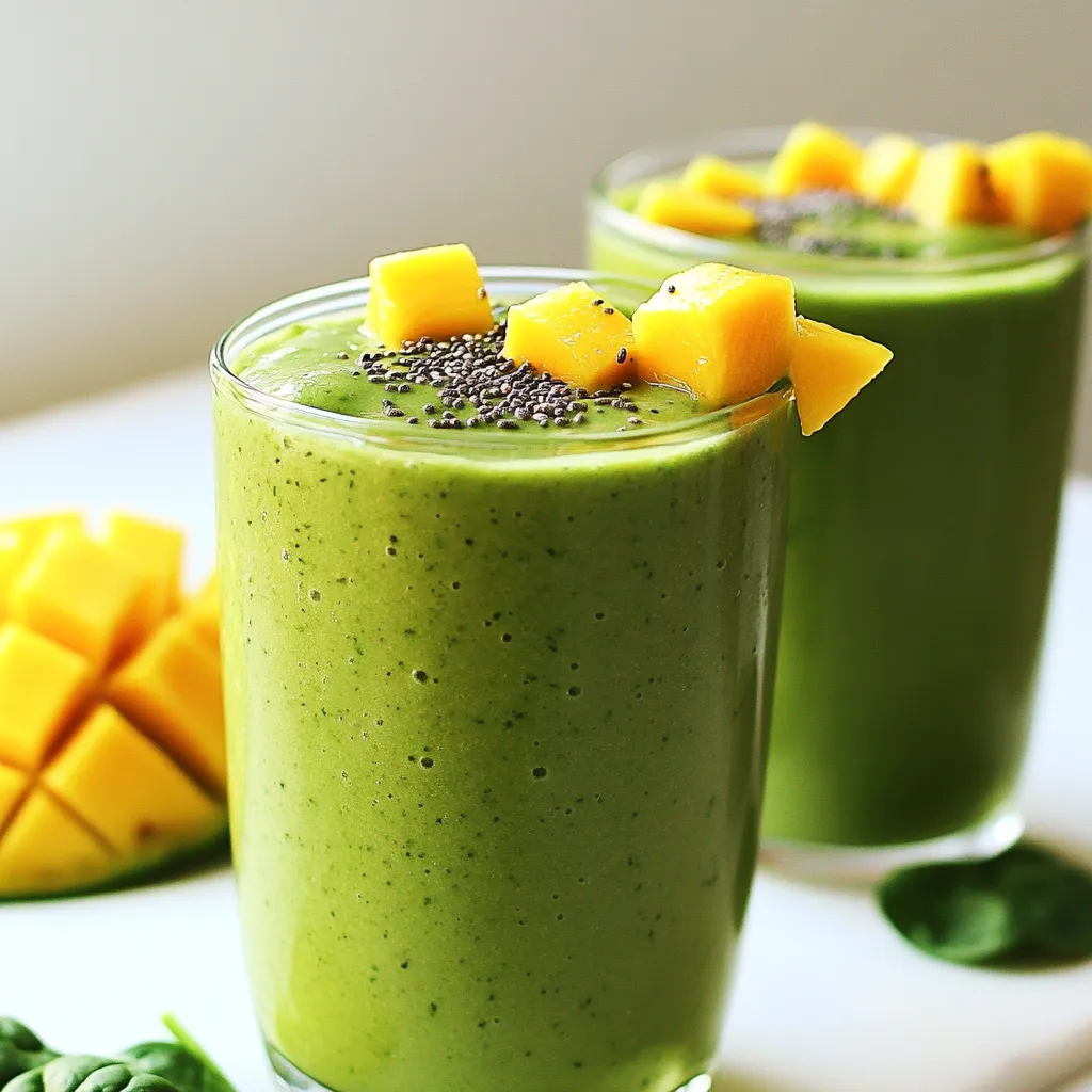 - 1 cup fresh spinach, washed and drained - 1 ripe banana, peeled and sliced - 1/2 cup diced mango (use fresh for a burst of flavor or frozen for convenience) - 1/2 cup pineapple chunks (fresh or frozen for your preference) - 1 tablespoon chia seeds, for added nutrition - 1 cup coconut water (or substitute regular water for a lighter option) - 1 tablespoon honey or agave syrup (optional, based on your sweetness preference) - A handful of ice cubes, for a refreshing texture The Tropical Green Smoothie combines fresh and tasty ingredients. First, the spinach gives a vibrant green color. It also packs a lot of vitamins. The banana adds natural sweetness and creaminess. You can choose fresh or frozen mango. It brings a tropical flavor. Pineapple chunks brighten the taste and add some zing. Chia seeds boost nutrition with fiber and omega-3s. Coconut water is hydrating and keeps the smoothie light. You might want to add honey or agave syrup. This is a great option if you like it sweeter. Lastly, ice cubes make the drink cold and refreshing. Gather these ingredients for a perfect smoothie. Each one plays a key role in flavor and nutrition. With this mix, you will enjoy a delicious and healthy treat. {{ingredient_image_2}} - Start by washing the fresh spinach. Rinse it under cold water. This helps remove dirt and grit. - After washing, drain the spinach well. You want it to be dry so the smoothie isn't too watery. - When selecting spinach, look for vibrant green leaves. They should be crisp and free of brown spots. This means they are fresh and full of nutrients. - First, add the washed spinach to your blender. Next, layer in the sliced banana, diced mango, and pineapple chunks. - Add the chia seeds for extra nutrition. - Pour in the coconut water. Adjust the amount based on how thick you want your smoothie. Less water gives you a thicker texture, while more water makes it thinner. - If you like it sweet, drizzle in honey or agave syrup. This step is optional. - Add a handful of ice cubes to the blender. This gives the smoothie a nice chill. - Blend all the ingredients on high speed. Check the mixture for smoothness. If it’s not smooth, blend a bit more. Scrape down the sides if needed. - Taste the smoothie. If you want it sweeter, add more honey or agave syrup. Blend again for a few seconds. - Once satisfied, pour your vibrant green smoothie into your favorite glasses. Enjoy the bright color and refreshing taste! - For a lovely presentation, garnish each glass with a slice of fresh mango or pineapple. Sprinkle some chia seeds on top for a nice touch. To get a smooth and creamy texture, you need the right blender. A high-speed blender works best. It can blend tough greens like spinach easily. If you have a standard blender, blend in small batches. This helps mix everything well. Common mistakes include adding too much liquid at once. Start with a little coconut water. You can always add more later. Also, avoid blending too quickly. Start at a low speed, then increase. This helps prevent chunks in your smoothie. For sweetness, I prefer natural sweeteners. Honey and agave syrup add great flavor. They are better than refined sugars. If you want a vegan option, stick with agave syrup. If you are on a special diet, try ripe bananas for sweetness. They add a nice taste without added sugars. You can also use dates or maple syrup. These alternatives fit many dietary needs. Adding greens like spinach and kale boosts nutrition. Spinach is rich in iron, which is good for energy. Kale has vitamins A, C, and K for strong bones and skin. Chia seeds are small but mighty. They offer fiber and healthy fats. Just one tablespoon adds omega-3s and protein. They help keep you full and satisfied. Adding them to your smoothie is a smart choice! Pro Tips Fresh Ingredients Matter: Using fresh fruits and vegetables will greatly enhance the flavor and nutritional value of your smoothie. Opt for ripe mangoes and pineapples for the best taste. Chill It Right: For a truly refreshing smoothie, use frozen fruits instead of ice cubes. This not only chills the smoothie but also keeps it thick and creamy. Customize Your Sweetness: Always start with less sweetener. You can always add more honey or agave syrup later if you prefer a sweeter smoothie. Blend Until Smooth: For a perfectly creamy texture, blend the ingredients on high speed and don't hesitate to scrape down the sides of the blender to ensure everything is well combined. {{image_4}} You can swap out fruits in your tropical green smoothie for fun. Try using kiwi, papaya, or passion fruit. Each fruit adds a unique taste. You can also choose seasonal fruits. This way, you enjoy flavors at their best. When fruits are in season, they are often fresher and cheaper. It’s a great way to keep your smoothie exciting. Boost your smoothie with extra nutrition. You might add protein powder, like whey or pea protein. Nuts, such as almonds or cashews, also work well. They add healthy fats and protein. For flavor, consider adding herbs like mint or spices like ginger. These additions enhance taste and health benefits. Choosing the right liquid base makes a big difference. Coconut water is sweet and hydrating. It adds a tropical vibe. If you prefer a creamier texture, try coconut milk. You can also use regular water for a lighter drink. For dairy lovers, almond milk or oat milk are great alternatives. Each option changes the taste and texture slightly, so try them all! To keep your smoothie fresh, store it in an airtight container. Use a glass jar or a sturdy plastic bottle. Be sure to fill it to the top, as this limits air exposure. Refrigerate your smoothie, and it will stay good for about 24 hours. If you want to save it for later, freezing is a great option. Pour the smoothie into ice cube trays or freezer-safe bags. This way, you can blend small portions as needed. Thaw it in the fridge overnight or use the microwave for a quick thaw. Preparing your ingredients ahead makes smoothie making easy. Wash and chop your fruits the night before. This saves time in the morning. Store your prepped fruit in clear containers so you can see them. For quick access, portion your ingredients. Use small bags or containers for each smoothie. This way, you can grab a bag and blend without any fuss. Meal prepping not only saves time but also helps you eat healthy every day. Yes, you can use frozen fruits in your smoothie. Frozen fruits are great for many reasons: - They are often picked and frozen at peak ripeness, giving you great flavor. - They offer convenience, as you can store them for longer. - Using frozen fruits can make your smoothie colder and thicker, which is refreshing. Try using frozen mango or pineapple for a tasty twist! If you do not have coconut water, don’t worry! Here are some tasty alternatives: - Regular water for a lighter option. - Almond milk for a nutty flavor. - Orange juice for a fruity twist. These options will still create a delicious smoothie. Smoothies are best fresh but can last a bit longer. Here are some tips: - Store in the fridge for up to 24 hours. - Use an airtight container to keep it fresh. - If you freeze it, it can last for about a month. Just remember to shake or stir before drinking if it's been stored! In this blog post, we explored how to make a tasty tropical green smoothie. You learned about key ingredients like spinach, banana, and mango. We broke down each step, from washing spinach to blending, ensuring a creamy texture. I shared tips for sweetening and highlighted health benefits. You also discovered fun variations and storage tips for easy meal prep. Enjoy crafting your smoothie, knowing you can vary it to fit your taste and health goals. Your journey to a delicious, nutritious drink is just a blend away!