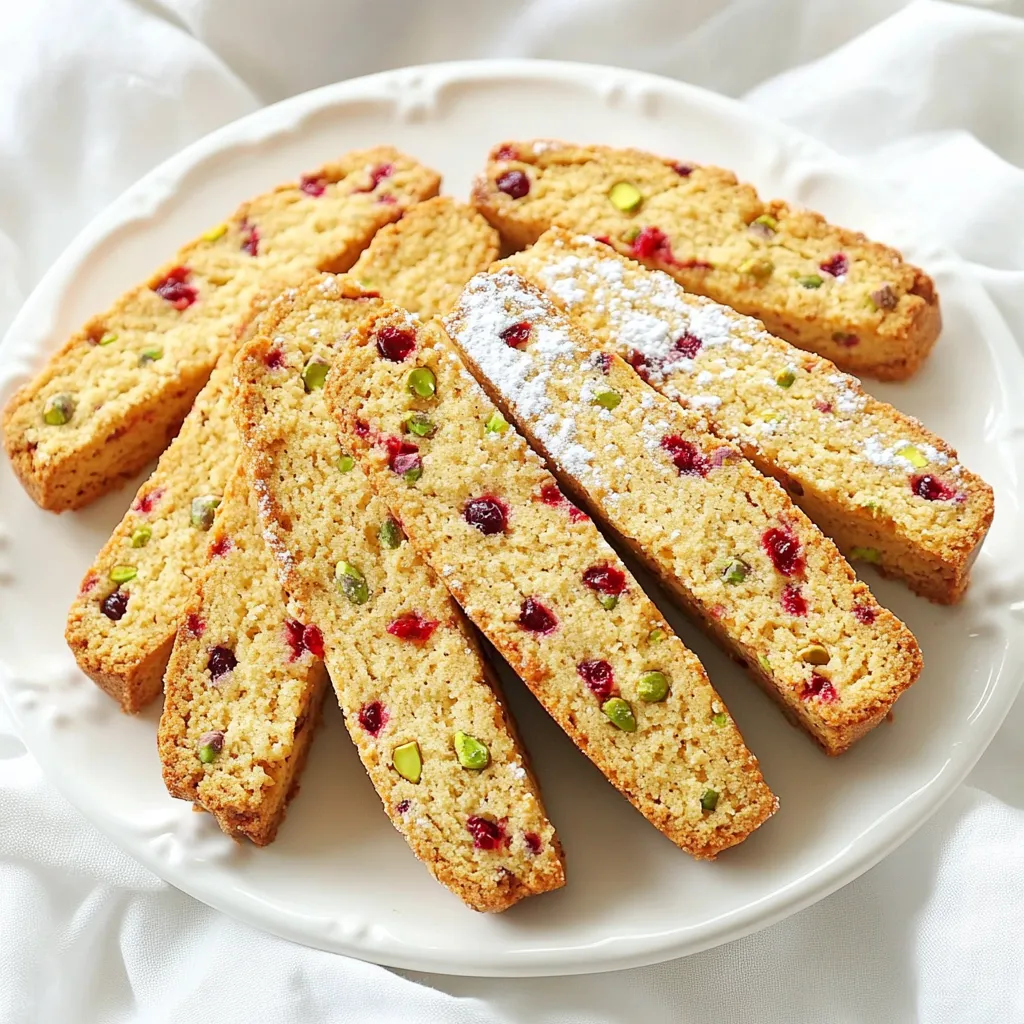 To make cranberry pistachio biscotti, you will need to gather precise ingredients. Here’s a quick look: - 1 ¾ cups all-purpose flour - ½ teaspoon baking powder - ½ teaspoon baking soda - ¼ teaspoon salt - ½ cup unsalted butter, softened - ¾ cup granulated sugar - 2 large eggs - 1 teaspoon pure vanilla extract - 1 cup dried cranberries - ½ cup shelled pistachios, coarsely chopped Each ingredient plays a vital role in creating the perfect biscotti. - All-purpose flour: This gives structure to the biscotti. It helps them hold their shape. - Baking powder and baking soda: These leavening agents make the biscotti light and airy. - Salt: Just a pinch enhances the flavor of the sweet ingredients. - Unsalted butter: It adds richness and a smooth texture. - Granulated sugar: This sweetens the biscotti and helps them brown nicely. - Eggs: They bind the ingredients together and add moisture. - Vanilla extract: This adds a warm, sweet flavor. - Dried cranberries: They provide a tart contrast to the sweet dough. - Pistachios: These nuts add a crunchy texture and nutty flavor. You can customize your biscotti with these tasty add-ins: - Chocolate chips: For a sweet twist, add ½ cup of dark or white chocolate chips. - Orange zest: A teaspoon of zest brightens the flavor and adds freshness. - Almonds or walnuts: Swap in your favorite nuts for a different crunch. - Spices: A dash of cinnamon or nutmeg can add warmth and depth. These simple choices let you play with flavors while making your biscotti special. Each variation brings a new touch to this classic treat! 1. Preheat your oven to 350°F (175°C). This makes sure your biscotti bake evenly. 2. Line a large baking sheet with parchment paper. This helps with easy clean-up later. 3. In a medium bowl, mix together the flour, baking powder, baking soda, and salt. Whisk until blended well. 4. In a larger bowl, cream the softened butter and sugar. Use an electric mixer on medium speed. Beat for about 2-3 minutes. 5. Add the eggs one at a time. Mix well after each egg. Then, stir in the vanilla extract for flavor. 6. Gradually add the flour mixture to the wet ingredients. Mix gently until just combined. The dough should be slightly sticky. 7. Fold in the dried cranberries and chopped pistachios with a spatula. Make sure they spread evenly. 8. Divide the dough into two equal parts. Shape each into a log about 12 inches long and 2 inches wide on the baking sheet. 9. Bake the logs for 25-30 minutes. Look for a golden-brown color. Then, take them out and cool for about 10 minutes. 10. Lower the oven temperature to 325°F (160°C) for the next phase of baking. 11. Slice the logs diagonally into ½-inch thick pieces. This will give you those classic biscotti shapes. 12. Place the biscotti cut side down on the baking sheet. Bake for another 15-20 minutes, flipping halfway. They should be crisp and lightly golden. 13. Once baked, transfer the biscotti to a wire rack. Let them cool completely. This step is key for that perfect crunch. 14. For a fun presentation, arrange the biscotti in a decorative jar or on a vibrant platter. Enjoy with hot tea or coffee for a lovely treat! To bake the best cranberry pistachio biscotti, start with simple steps. - Preheat your oven to 350°F (175°C). This ensures even baking. - Use parchment paper on your baking sheet. It helps with easy cleanup. - Cream butter and sugar well. Beat them for 2-3 minutes until fluffy. This adds air, making the biscotti light. - Don’t overmix the dough. Mix until just combined to keep them tender. After shaping your dough into logs, use your hands for a smooth finish. This helps them bake evenly. Many people make simple errors when baking biscotti. Here are some to watch out for: - Skipping the cooling phase: Let the logs cool before slicing. This helps prevent crumbling. - Slicing too thick: Cut the logs into ½-inch pieces. If they’re too thick, they won’t bake through. - Not flipping them: Flip the biscotti halfway through the second bake. This helps achieve that perfect crunch. Biscotti pairs well with drinks and toppings. Here are ideas to make them even better: - Serve with tea or coffee. The warm drinks balance the crunch of the biscotti. - Add a drizzle of icing. Mix powdered sugar with milk for a sweet touch. - Try dipping in chocolate. Melt dark or white chocolate for extra indulgence. These tips will help you create a delightful treat that everyone will enjoy! {{image_4}} You can swap out pistachios for other nuts. Almonds and walnuts work well. If you want something more unique, try macadamia nuts. For dried fruits, consider using apricots or cherries. They add a nice twist to the flavor. Mixing different nuts and fruits can make your biscotti even more fun! To boost the taste, add spices like cinnamon or nutmeg. A touch of almond extract can give a nice kick. You can also mix in chocolate chips for a sweet twist. If you enjoy citrus, add some orange or lemon zest. These flavors brighten up the biscotti and make them extra special. You can easily make this recipe gluten-free. Just replace all-purpose flour with almond or coconut flour. For a vegan version, swap butter with coconut oil and use flax eggs instead of regular eggs. Mix one tablespoon of ground flaxseed with three tablespoons of water and let it sit until it thickens. These swaps keep the texture and taste delicious while meeting dietary needs. To keep your cranberry pistachio biscotti fresh, store them in an airtight container. This helps maintain their crunchiness. You can use a cookie jar or a plastic container with a tight lid. Place parchment paper between layers to avoid sticking. Keep them in a cool, dry place away from sunlight. Avoid the fridge, as it can make them stale. When stored properly, biscotti can last up to two weeks. Their dry texture keeps them from spoiling quickly. If they start to lose some crunch, you can toast them lightly in the oven to refresh them. Just a few minutes at 300°F (150°C) will do the trick! For longer storage, freezing is a great option. Wrap each biscotti in plastic wrap or aluminum foil. Place them in a freezer-safe bag or container. They can stay in the freezer for up to three months. When you're ready to enjoy, thaw them at room temperature. You can also pop them in the oven for a few minutes to restore that delightful crunch. You can serve Cranberry Pistachio Biscotti with coffee or tea. This pairing makes each bite better. You can also arrange the biscotti in a pretty jar. It looks nice and adds charm to your table. For a sweet touch, drizzle some icing on top. Just mix powdered sugar and milk for a simple glaze. Yes, you can make biscotti without eggs. Use a substitute like applesauce or flaxseed meal. For each egg, use a quarter cup of applesauce. Mix one tablespoon of flaxseed meal with three tablespoons of water for each egg. This will help bind the dough. The texture may change, but the biscotti will still taste great. Biscotti may not be crunchy if they are underbaked. Make sure you bake them long enough during the second baking phase. Also, leaving them to cool on a wire rack helps. If they feel soft, return them to the oven for a few more minutes. Ensure they are cut evenly to help with even baking. This blog post covered how to make delicious biscotti from start to finish. We discussed key ingredients and how to prepare them. I shared tips for perfect baking and common mistakes to avoid. You learned about tasty variations and how to store your treats. Making biscotti is simple and fun. With these steps, you will bake like a pro. Enjoy your biscotti with coffee or tea. Share your creations and impress family and friends! Happy baking!