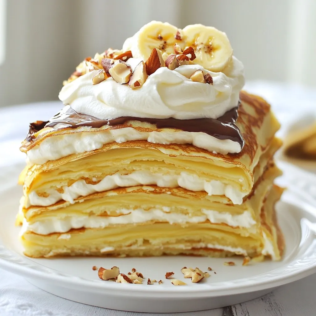 To make this tasty Banana Nutella crepe cake, you will need: - 2 cups all-purpose flour - 3 large eggs - 1 ½ cups milk - ½ cup water - 1 tablespoon vanilla extract - 2 tablespoons granulated sugar - 4 tablespoons unsalted butter, melted (plus extra for cooking) - 3 ripe bananas, thinly sliced - 1 cup Nutella - Whipped cream (for serving, optional) - Chopped hazelnuts (for garnish, optional) You can swap some ingredients if needed: - Use whole wheat flour for a healthier option. - Almond milk or oat milk works instead of regular milk. - For a dairy-free version, replace the butter with coconut oil. - Maple syrup can replace sugar for a natural sweetener. - If you want a nut-free option, use sunbutter instead of Nutella. Make sure you have these tools ready: - A large mixing bowl - A whisk for mixing - A non-stick skillet or crepe pan - A spatula for flipping crepes - A serving plate or cake stand for assembling - Plastic wrap for chilling This list will help you gather everything you need for a fun cooking session. Enjoy making your Banana Nutella crepe cake! {{ingredient_image_2}} To start, gather your ingredients. In a large bowl, mix 2 cups of flour, 3 eggs, 1 ½ cups milk, and ½ cup water. Add 1 tablespoon of vanilla extract and 2 tablespoons of sugar. Whisk until the batter is smooth and lump-free. Let the batter sit for about 30 minutes. This helps the flour absorb the liquid. It also makes the crepes softer. Now, it’s time to cook. Heat a non-stick skillet over medium heat. Lightly grease it with melted butter. Pour about ¼ cup of batter into the skillet. Quickly swirl it to cover the bottom evenly. Cook for 1-2 minutes. You’ll know it’s ready when the edges lift. Flip it using a spatula and cook for another minute until golden. Set the cooked crepe on a plate. Repeat this process with the remaining batter, stacking the crepes on top of each other. Take a serving plate or cake stand. Lay down your first crepe. Spread a thin layer of Nutella on top, using a spatula for an even coat. Place some banana slices on the Nutella. Add another crepe on top and repeat the process. Keep layering Nutella, banana slices, and crepes until you stack them all. Finish with a plain crepe on top. Once your cake is assembled, cover it tightly with plastic wrap. Refrigerate it for at least 2 hours. This chilling time helps the layers combine. It makes cutting easier later on. When you’re ready to serve, take the cake out of the fridge. Slice it into wedges. For extra fun, add a dollop of whipped cream on each slice. A sprinkle of chopped hazelnuts on top adds a nice crunch and flavor. Enjoy your delicious Banana Nutella Crepe Cake! To make great crepes, start with a smooth batter. Mix flour, eggs, milk, water, vanilla, and sugar well. Let the batter rest for 30 minutes; this helps it cook better. When cooking, use a non-stick skillet. Grease it lightly with melted butter. Pour in about ¼ cup of batter and swirl to coat. Cook until the edges lift, then flip. Keep the crepes warm by stacking them on a plate. If you have leftover crepe cake, cover it tightly. Use plastic wrap or a container with a lid. Store it in the fridge for up to three days. If you want to keep it longer, freeze the slices. Wrap each slice in plastic wrap and place them in a freezer bag. They will last up to a month. Just thaw them in the fridge before serving. This crepe cake tastes best when chilled. After assembling, refrigerate for at least two hours. When serving, slice the cake cold. You can add whipped cream and chopped hazelnuts on top for flavor. If you prefer it a bit warmer, let it sit at room temperature for about 15 minutes. Enjoy every bite of this delicious cake! Pro Tips Rest the Batter: Allowing the batter to rest for at least 30 minutes helps achieve a smoother texture and reduces the risk of tearing when cooking the crepes. Use a Non-Stick Skillet: A non-stick skillet is essential for easy flipping and removal of crepes without tearing them. Ensure it's well greased with butter before each crepe. Layer Carefully: When assembling the cake, spread the Nutella evenly and don’t overload it with banana slices to prevent sliding when slicing. Chill for Best Results: Refrigerating the assembled cake for at least 2 hours allows the flavors to meld and makes slicing much easier. {{image_4}} You can change the flavors of this cake easily. Instead of Nutella, try different spreads. Almond butter adds a nutty taste. Peanut butter gives a rich, creamy twist. You can also use flavored cream cheese for a fun change. For sweetness, swap granulated sugar for honey or maple syrup. These changes will keep the cake exciting each time you make it. You can make this cake gluten-free! Just use gluten-free all-purpose flour. For a vegan option, replace eggs with flax eggs. Mix 1 tablespoon of flaxseed meal with 2.5 tablespoons of water for each egg. Use a plant-based milk like almond or oat milk. You can also choose dairy-free butter for the crepes. These swaps still make the cake tasty for everyone. Toppings can make your cake look great and taste even better. Try whipped cream for a light touch. Sprinkle chopped hazelnuts on top for crunch. You can also add chocolate shavings or fresh berries for color. A drizzle of caramel sauce or more Nutella will make it even more special. These details enhance the look and flavor of your cake. To keep your Banana Nutella Crepe Cake fresh, cover it well. Use plastic wrap or a cake dome to seal in moisture. This prevents the cake from drying out. Store it in the fridge to keep it cool and tasty. If you have leftovers, make sure they are tightly wrapped. This cake stays fresh for about 3 days in the fridge. After that, the bananas may brown and the crepes can lose their softness. To enjoy it at its best, eat it within this timeframe. If you notice any changes in smell or texture, it's best to discard it. You can freeze the Banana Nutella Crepe Cake. First, slice the cake into wedges. Wrap each slice in plastic wrap, then place them in a freezer bag. This helps protect the cake from freezer burn. It can last up to 2 months in the freezer. To thaw, place the slices in the fridge overnight before serving. Enjoy your sweet treat whenever you wish! Yes, you can make the crepes ahead of time. Simply prepare the crepes and stack them with parchment paper in between each one. Store them in the fridge for up to two days. This saves time when you are ready to assemble the cake. To prevent sticking, use a non-stick pan and add a little melted butter before each crepe. Make sure the pan is hot enough before pouring in the batter. This helps the crepe cook evenly and makes flipping easier. If you want a change from Nutella, try peanut butter or almond butter. You can also use chocolate spread or any flavored nut butter. Each option gives a unique taste that pairs well with bananas. Yes, you can make this cake gluten-free. Use a gluten-free all-purpose flour blend instead of regular flour. This will keep the texture light and tasty, while still being safe for those who need gluten-free options. Absolutely! You can swap bananas for strawberries, raspberries, or sliced peaches. Choose fruits that pair well with chocolate. Each fruit adds its own flavor, making the cake fresh and exciting. You now know how to make a delicious crepe cake. We covered the main ingredients, useful tools, and step-by-step instructions. You learned helpful tips for perfect crepes and how to store leftovers. We explored flavor variations and dietary options to fit your needs. Lastly, I answered common questions to make your baking smooth. Try this recipe to impress friends and family with your skills. Happy cooking!