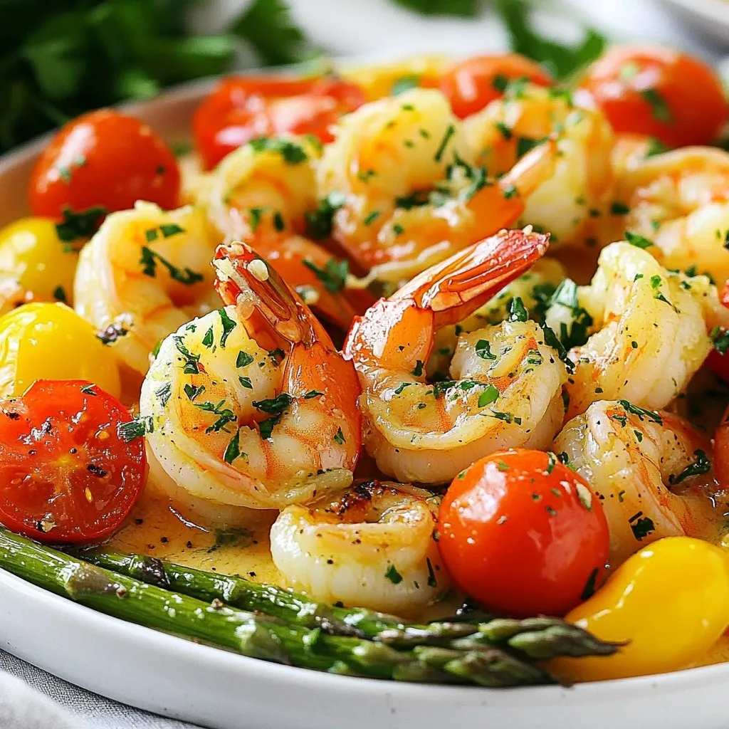 To make this delicious dish, gather these items: - 1 pound large shrimp, peeled and deveined - 4 tablespoons unsalted butter, melted - 6 cloves garlic, minced - 1 lemon, juiced and zested - 1 teaspoon smoked paprika - 1 teaspoon dried oregano - Salt and pepper to taste - 1 cup cherry tomatoes, halved - 1 cup asparagus, trimmed and cut into 2-inch pieces - Fresh parsley, chopped for a vibrant garnish You can swap some ingredients if needed: - Use olive oil instead of butter for a dairy-free option. - Try other herbs like thyme or basil in place of oregano. - If you don’t have fresh shrimp, frozen shrimp work too; just thaw them first. - Replace asparagus with green beans or broccoli for variety. - Cherry tomatoes can be switched with diced bell peppers or zucchini. Each serving of this meal contains: - Calories: Approximately 300 - Protein: 30g - Fat: 16g - Carbohydrates: 10g - Fiber: 3g - Sugar: 2g This dish is packed with protein and full of flavor. It’s a great choice for a quick and healthy meal! {{ingredient_image_2}} First, preheat your oven to 400°F (200°C). This step is key for cooking the shrimp and veggies just right. While the oven heats, gather your ingredients. You will need 1 pound of large shrimp, 4 tablespoons of melted butter, and 6 cloves of minced garlic. Also, grab 1 lemon, 1 teaspoon of smoked paprika, 1 teaspoon of dried oregano, and salt and pepper. You will also need 1 cup of cherry tomatoes and 1 cup of asparagus. Don’t forget fresh parsley for garnish! In a small bowl, mix the melted butter, minced garlic, and lemon juice. Add lemon zest, smoked paprika, and dried oregano next. Season with salt and pepper to taste. Whisk this mixture until it blends well. This garlic butter sauce is where the magic happens. It adds flavor and richness to your dish. On a large sheet pan, spread the trimmed asparagus and halved cherry tomatoes in a single layer. Drizzle half of your garlic butter sauce on top. Toss them gently to coat every piece. Now, take your peeled and deveined shrimp and place them on the same pan. Pour the rest of the garlic butter sauce over the shrimp. Toss them gently too. Every shrimp should be covered in that tasty sauce. Now, you’re ready to bake! To get the best shrimp, choose large shrimp. They cook evenly and stay juicy. When cooking, do not overcook them. Bake for 10 to 12 minutes. Watch for a nice pink color. This shows they are ready. Remove them from the oven right away to avoid tough shrimp. Cut your vegetables into similar sizes. This helps them cook at the same rate. Asparagus pieces should be two inches long. Halve your cherry tomatoes for better heat exposure. Drizzle half the garlic butter on them first. Toss gently to coat all pieces. This step helps them cook nicely. Garnishing makes your meal pop. Use fresh parsley for a bright finish. Chop it finely and sprinkle it on top. Adding lemon zest also gives a nice look. It adds a fresh smell and bright color. Serve the dish straight from the pan. It creates a rustic and inviting feel. Pro Tips Use Fresh Ingredients: Fresh shrimp and seasonal vegetables will enhance the flavor and texture of your dish. Don’t Overcook the Shrimp: Shrimp cooks quickly, so keep an eye on them to prevent them from becoming rubbery; they should be pink and opaque. Experiment with Herbs: Feel free to add other herbs such as thyme or basil for a different flavor profile that complements the garlic butter. Serve with a Side: This dish pairs beautifully with a side of rice or crusty bread to soak up the delicious garlic butter sauce. {{image_4}} You can mix in other vegetables to make this dish your own. Consider bell peppers, broccoli, or zucchini. Each adds a new taste and texture. Cut them into similar sizes for even cooking. You can also use seasonal veggies for freshness. Feel free to experiment and find your favorite combo. Spices can change the flavor of your dish. You might try cayenne pepper for heat or cumin for depth. Fresh herbs like thyme or basil can add brightness. A splash of soy sauce or a sprinkle of feta cheese can also boost flavor. Don’t be afraid to mix and match to find what you love. If you want a smoky taste, try grilling your shrimp and veggies. Use a grill pan or outdoor grill for great results. Cook over medium heat, turning frequently until shrimp are pink. You can also cook on the stovetop in a large skillet. Heat your butter mixture, add veggies, then shrimp. Sauté until cooked through. Each method gives a unique twist to your meal. After enjoying your sheet pan garlic butter shrimp, store leftovers in an airtight container. Keep the dish in your fridge for up to three days. This helps keep the shrimp juicy and the veggies fresh. You can freeze this dish too! Once cooled, place leftovers in a freezer-safe container. They will last up to three months in the freezer. To enjoy later, thaw in the fridge overnight before reheating. This way, you can savor this tasty meal anytime. When you're ready to enjoy the shrimp again, preheat your oven to 350°F (175°C). Spread the shrimp and veggies on a baking sheet. Heat them for about 10 minutes, or until warm. This keeps the shrimp tender and the veggies crisp. You can also use a microwave, but the oven gives better results. Enjoy your meal! Yes, you can use frozen shrimp. Just thaw them first. Place shrimp in the fridge overnight or run cold water over them. Make sure they are fully peeled and deveined before cooking. This helps keep the cooking time the same. Frozen shrimp work well, but fresh shrimp offer the best taste. You can tell shrimp are cooked when they turn pink and opaque. They should also curl into a C shape. This usually takes about 10 to 12 minutes in the oven. If you overcook them, they can become rubbery. Keep a close eye as they bake. Serve garlic butter shrimp with rice or pasta. They soak up the butter sauce nicely. You can also serve it with crusty bread to dip. A fresh salad or steamed veggies make a nice side too. For a complete meal, add a squeeze of lemon on top. You now have everything you need to make garlic butter shrimp. We covered the ingredients, step-by-step instructions, and tips to ensure a great meal. Remember, you can swap out veggies or try different spices for a twist. Proper storage makes sure your leftovers stay fresh. Enjoy your time cooking and experimenting with this dish. It’s simple, tasty, and perfect for any occasion. Happy cooking!