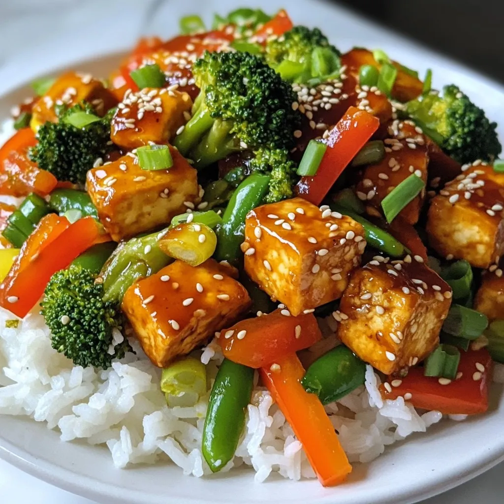 - 1 block firm tofu, thoroughly drained and pressed - 1 bell pepper, sliced into thin strips - 1 cup broccoli florets, fresh or frozen - 1 cup snap peas, trimmed - 2 medium carrots, peeled and cut into thin rounds - ¼ cup soy sauce or tamari - 2 tablespoons honey or agave syrup - 1 tablespoon rice vinegar - 1 clove garlic, minced - 1 inch fresh ginger, finely grated The main ingredient in this dish is firm tofu. It gives the meal a great base. You want to drain and press it well. This will help it get crispy. Use a block of firm tofu to hold its shape while cooking. Next, we have fresh vegetables. You can use any bell pepper you like. The colors make it pretty and tasty. Broccoli adds a nice crunch. Snap peas bring sweetness. Carrots add color and flavor. For sauces and seasonings, soy sauce or tamari is key. If you need gluten-free, use tamari. Honey or agave syrup brings sweetness. Rice vinegar adds a bit of tang. Garlic and ginger give great flavor depth. These ingredients come together for a tasty dish. You will love how they mix! {{ingredient_image_2}} Draining and Pressing Tofu First, take a block of firm tofu. Drain it well and press it to remove excess water. You can use a tofu press or wrap it in a clean kitchen towel. Place something heavy on top for about 15 minutes. This step helps the tofu soak up more flavor. Coating Tofu with Cornstarch Next, cut the pressed tofu into small cubes, about one inch each. Place the tofu in a bowl and add two tablespoons of cornstarch. Toss the tofu cubes gently until they are well coated. This will give the tofu a crispy texture when cooked. Searing Instructions Heat two tablespoons of vegetable oil in a large skillet over medium-high heat. Once the oil is hot and shimmering, carefully add the tofu cubes. Place them in a single layer for even cooking. Achieving Crispiness Cook the tofu for about ten minutes. Turn the cubes occasionally so they brown on all sides. The goal is to have a nice golden crust. Once done, remove the tofu from the skillet and set it aside on a plate. Selecting Fresh Produce Choose fresh vegetables for the stir-fry. Bell peppers, broccoli, snap peas, and carrots work well. Make sure to wash them well and cut them into bite-sized pieces for easy cooking and eating. Sautéing Tips for Perfect Texture In the same skillet, add the last tablespoon of oil. Add the sliced bell pepper, broccoli florets, snap peas, and carrot rounds. Stir-fry the veggies for five to seven minutes. You want them to be tender but still crisp and colorful. Combining Ingredients for Flavor In a small bowl, mix the soy sauce, honey, rice vinegar, minced garlic, and grated ginger. Whisk these ingredients until they blend well. This sauce will bring all the flavors together. Adjusting Sauce Consistency If you prefer a thicker sauce, you can simmer it for a few minutes. This will help it coat the tofu and veggies better. Mixing Tofu and Vegetables Add the crispy tofu back into the skillet with the sautéed veggies. Pour the teriyaki sauce over everything. Gently toss to coat all the ingredients evenly. Cooking Time for Flavor Integration Cook the mixture for an additional two to three minutes. This allows the flavors to meld and the dish to heat through. Plating the Dish Transfer the stir-fry to a serving platter or individual bowls. For a nice touch, serve it over a bed of steamed rice or quinoa. Garnishing with Green Onions and Sesame Seeds Finally, sprinkle chopped green onions and sesame seeds on top. This adds color and a delightful crunch to your dish. Enjoy your flavorful teriyaki tofu stir-fry! - Important Pressing Techniques: To get crispy tofu, start with firm tofu. Drain it well and press it to remove excess water. Wrap the tofu in a clean kitchen towel and place a heavy object on top. Let it sit for about 15-30 minutes. This step is key for crispiness. - Choosing the Right Pan: Use a large non-stick skillet or wok. A non-stick surface helps the tofu sear without sticking. Make sure the pan is hot before adding the tofu to get that golden brown crust. - Keeping Veggies Crisp: Stir-fry your vegetables quickly over high heat. This helps keep them bright and crunchy. Don’t overcrowd the pan, or they will steam instead of fry. - Recommended Cook Times per Vegetable Type: - Bell peppers: 2-3 minutes - Broccoli: 3-4 minutes - Snap peas: 2-3 minutes - Carrots: 4-5 minutes - Adjusting Sweetness Levels: If you want a sweeter sauce, add more honey or agave syrup. Start with a little and taste as you go. Adjust until it’s just right for you. - Gluten-Free Alternatives: For gluten-free options, use tamari instead of soy sauce. Check labels to ensure all ingredients fit your dietary needs. Pro Tips Press Tofu Well: Make sure to press the tofu for at least 30 minutes to remove excess moisture. This helps achieve a crispy texture when seared. High Heat is Key: Cooking the tofu and vegetables over medium-high heat allows for better caramelization and a more intense flavor in your stir-fry. Fresh Ingredients: Use fresh vegetables for the best texture and flavor. Frozen vegetables can work, but fresh will always yield a vibrant stir-fry. Customize Your Sauce: Feel free to tweak the teriyaki sauce ingredients according to your taste. Add a splash of sesame oil or chili flakes for extra depth and heat! {{image_4}} You can easily make this dish vegan. Just swap honey with agave syrup. Agave syrup adds sweetness without using animal products. It also mixes well with the teriyaki sauce. For extra protein, try adding chickpeas or edamame. These options help boost the dish's nutrition. They also give it a nice texture. You can mix in any vegan protein you enjoy. If you want to change the veggies, there are many options. Instead of bell pepper, try zucchini or mushrooms. These veggies add great flavor and texture. For broccoli, consider using green beans or cauliflower. Both options work well and have a similar crunch. You can also use seasonal veggies like asparagus in spring or squash in fall. Each season brings unique flavors. Rice is a classic choice for this dish. It soaks up the sauce nicely. However, quinoa is a great alternative. It adds protein and has a nutty taste. If you want low-carb or grain-free options, try using cauliflower rice. It’s light and fluffy. You can also serve the stir-fry over a bed of leafy greens for a fresh twist. Both options keep the meal healthy and satisfying. To store your teriyaki tofu stir-fry, follow these steps: - Cool down: Allow the stir-fry to cool to room temperature. - Use an airtight container: Transfer the leftovers into a clean, airtight container. - Separate servings: If possible, divide the stir-fry into smaller portions for easy access. The dish stays fresh for about 3 to 5 days in the fridge. It’s best to eat it within this time for the best flavor. When you’re ready to eat the leftovers, here’s how to reheat: - Stovetop method: Heat a pan over medium heat. Add a splash of oil to help keep the tofu crispy. - Microwave method: Place in a microwave-safe dish. Cover with a damp paper towel to keep moisture in. Aim for an internal temperature of 165°F (74°C) when reheating. This keeps the dish safe and tasty. Enjoy your meal! Yes, you can use frozen tofu. Frozen tofu has a spongy texture. This helps it absorb sauces better. To use frozen tofu, follow these steps: 1. Thaw the Tofu: Place frozen tofu in the fridge overnight. If you're short on time, you can also microwave it. 2. Press the Tofu: After thawing, press the tofu to remove excess water. This helps it crisp up. 3. Cut and Coat: Cut the tofu into cubes and toss it in cornstarch. This gives it a nice crunch when cooked. Using frozen tofu can add a unique texture to your stir-fry. To make this dish gluten-free, use tamari instead of soy sauce. Tamari is a gluten-free soy sauce alternative. Here are other gluten-free swaps: - Cornstarch: Ensure it's labeled gluten-free. - Honey or Agave Syrup: Both are naturally gluten-free. - Rice Vinegar: Check labels to confirm, but most are gluten-free. These simple swaps keep your meal tasty and safe for gluten-sensitive diners. Stir-fries are great for using many vegetables. Here are some tasty options: - Mushrooms: Add a rich, earthy flavor. - Zucchini: Slices cook quickly and add freshness. - Baby Corn: Adds crunch and sweetness. - Cabbage: Shredded cabbage cooks down well and adds volume. Feel free to mix and match based on what you have! You now know how to make a tasty tofu stir-fry. We covered key ingredients, step-by-step directions, and helpful tips. You learned how to achieve crispy tofu and the best ways to sauté fresh vegetables. Remember, you can customize the teriyaki sauce to fit your tastes. This dish is flexible, so feel free to swap in seasonal veggies or try different bases. Enjoy your cooking, and share this delicious meal with others. Happy stir-frying!