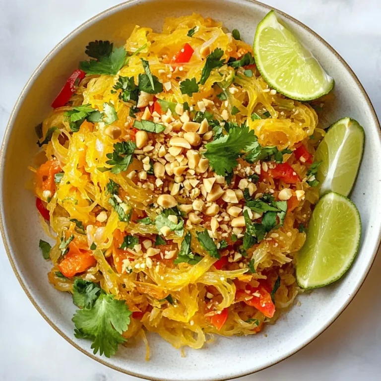 For Spaghetti Squash Pad Thai, you need a few key items. Here’s the list: - Spaghetti squash - Olive oil - Garlic - Onion - Red bell pepper - Shredded carrots - Green onions - Tamari or soy sauce - Creamy peanut butter - Lime juice - Brown sugar or coconut sugar - Red pepper flakes (optional) - Crushed peanuts (for garnish) - Fresh cilantro leaves (for garnish) - Lime wedges (for serving) Gathering fresh ingredients is important. They add flavor and nutrition. Spaghetti squash acts as a noodle substitute. It’s low in carbs and high in fiber. Olive oil gives a nice richness. Garlic and onion add depth. Red bell pepper and carrots bring color and crunch. Tamari or soy sauce is key for that umami flavor. Peanut butter adds creaminess and richness. Lime juice balances the dish with some acidity. Brown sugar or coconut sugar adds a touch of sweetness. Optional red pepper flakes can make it spicy. Crushed peanuts and cilantro are perfect for garnishes. They add texture and freshness. Lime wedges make a great side for extra zing. Using fresh ingredients makes your Pad Thai shine. Each item plays a part in creating a balanced, tasty meal. {{ingredient_image_2}} - Preheat your oven to 400°F (200°C). - Carefully cut the spaghetti squash in half lengthwise. - Scoop out the seeds with a spoon. - Drizzle the insides with olive oil, then sprinkle with salt and pepper. - Place the squash cut-side down on a baking sheet lined with parchment paper. - Roast it for 40-45 minutes until the flesh is fork-tender. - Allow it to cool slightly after roasting. - Use a fork to scrape the flesh into spaghetti-like strands. Set these aside. - Heat 2 tablespoons of olive oil over medium heat in a large skillet or wok. - Add minced garlic and thinly sliced onion once the oil is shimmering. - Sauté for 2-3 minutes until the garlic is fragrant and the onion is translucent. - Next, add sliced red bell pepper and shredded carrots. - Cook for an additional 5 minutes, stirring until the vegetables are tender and colorful. - In a small bowl, whisk together tamari or soy sauce, peanut butter, lime juice, brown sugar, and red pepper flakes if you want spice. - Mix until you have a smooth, cohesive sauce. - Gently fold the spaghetti squash strands into the skillet with the sautéed vegetables. - Pour the sauce over the mixture and toss everything to coat evenly. - Heat for about 3-4 minutes to meld the flavors. - Stir in chopped green onions and taste to adjust the seasoning, if needed. - Remove the skillet from heat. - Plate the Pad Thai while hot, garnished with crushed peanuts and fresh cilantro. - Serve with lime wedges on the side for extra zing. To roast spaghetti squash just right, preheat your oven to 400°F (200°C). Cut the squash in half and scoop out the seeds. Drizzle the inside with olive oil and sprinkle some salt and pepper. Place the halves cut-side down on a baking sheet lined with parchment paper. Roast for 40-45 minutes. To test for doneness, poke the flesh with a fork. If it feels tender and easily shreds into strands, it's ready. Let it cool a bit, then use a fork to scrape the flesh. You’ll see lovely, spaghetti-like strands. To enhance the flavor, I recommend using fresh garlic and a splash of lime juice. These bring brightness to the dish. Adding a bit of red pepper flakes gives it a nice kick. If you prefer more sweetness, adjust the brown sugar to your taste. You can also swap tamari for soy sauce based on your preference. Serve the Spaghetti Squash Pad Thai in shallow bowls. This helps show off the vibrant colors of the veggies. For a beautiful garnish, sprinkle extra crushed peanuts on top. A few fresh cilantro leaves add a nice touch. Don’t forget lime wedges on the side for that extra zing when serving. Pro Tips Choosing the Right Squash: Opt for a medium-sized spaghetti squash that feels heavy for its size. This ensures a good yield of strands once cooked. Enhancing Flavor: For a more robust flavor, consider adding a splash of sesame oil to the sautéed vegetables, which complements the peanut sauce beautifully. Make it Vegan: To keep the dish vegan, ensure that the soy sauce you use is gluten-free and contains no animal products. Leftover Storage: Store any leftovers in an airtight container in the fridge for up to 3 days. Reheat gently on the stove to avoid mushy squash strands. {{image_4}} You can easily make this dish vegetarian or vegan. Simply swap the creamy peanut butter for almond butter or sunflower seed butter. For protein, add tofu or tempeh. Both soak up flavors well, adding depth to your meal. If you have a nut allergy, skip the peanuts. Use sunflower seeds or pumpkin seeds instead. You can also use tahini in place of peanut butter. This keeps the creamy texture while staying safe for nut-free diets. To make this Spaghetti Squash Pad Thai low-carb, skip the brown sugar. Use a sugar substitute like erythritol or stevia. You can also add more vegetables, like zucchini or mushrooms, to keep it filling. This way, you enjoy a flavorful meal while sticking to your diet. To keep your Spaghetti Squash Pad Thai fresh, refrigerate it in an airtight container. This helps prevent moisture loss. You can store it for up to four days. Make sure to let it cool before sealing the container. This step ensures it stays tasty and safe to eat. Yes, you can freeze Spaghetti Squash Pad Thai! To do this, place it in a freezer-safe container. Leave some space at the top to allow for expansion. It can last up to three months in the freezer. When you’re ready to eat, thaw it overnight in the fridge. To reheat, warm it in a skillet over medium heat. Stir until heated through, adding a splash of water or lime juice to keep it moist. Enjoy your easy, tasty meal anytime! Spaghetti squash has a mild, slightly sweet flavor. Its texture is unique, resembling spaghetti noodles when cooked. When you roast it, the strands become tender and absorb flavors well. You can taste the rich ingredients you add, like the soy sauce and peanut butter. Overall, it’s a fun twist on traditional pasta. Yes, you can prepare Spaghetti Squash Pad Thai in advance. Cook the spaghetti squash and sauté the vegetables ahead of time. Store them separately in the fridge. When you are ready to eat, just reheat everything and mix in the sauce. This makes for an easy weeknight meal. You will know the spaghetti squash is done when it is fork-tender. After roasting, take a fork and scrape the flesh. It should easily come apart into strands. If it feels hard or crunchy, it needs more time in the oven. Look for a golden color on the outside, too. Absolutely! You can mix and match vegetables based on what you have. Consider adding bell peppers, broccoli, or snap peas. You can even use zucchini or mushrooms for added flavor. Customize the dish to your taste and what’s in season. It’s all about making it your own. This Spaghetti Squash Pad Thai is simple and packed with flavor. We covered the key ingredients, preparation steps, and tips for perfecting this dish. You can easily adjust it for dietary needs or preferences. Remember to store leftovers properly for fresh taste later. Most importantly, have fun and make this dish your own! Enjoy the blend of textures and flavors in every bite. Happy cooking!