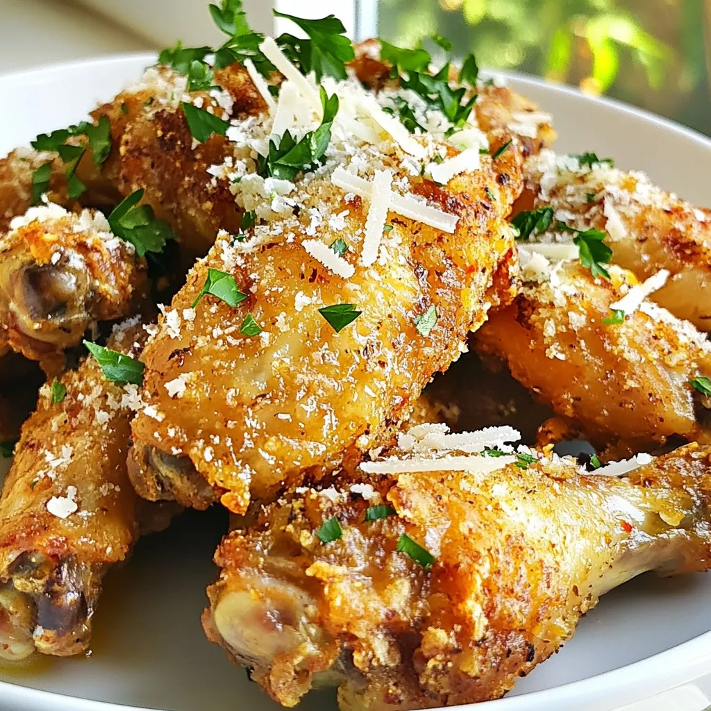 To make these tasty wings, you need a few key items: - 2 pounds chicken wings, thawed - 4 tablespoons extra virgin olive oil - 6 cloves garlic, finely minced - 1/2 cup freshly grated Parmesan cheese - 1 teaspoon Italian seasoning blend - 1 teaspoon smoked paprika - Salt and freshly cracked black pepper to taste These ingredients come together to give your wings a rich flavor and crispy texture. You can play with your recipe a bit. Here are some fun options: - Fresh parsley, finely chopped (for garnish) - Your favorite dipping sauce, like ranch or blue cheese - A squeeze of lemon juice for extra zest These additions can elevate your wings and make them even more delicious. Having the right tools helps make cooking easier. Here is what you’ll need: - A large mixing bowl - An air fryer - A spatula or your hands for mixing - A small bowl for the dipping sauce (optional) With these tools, you can whip up a batch of garlic Parmesan air fryer wings in no time! {{ingredient_image_2}} To start, take 2 pounds of thawed chicken wings. Place them in a large bowl. Add 4 tablespoons of extra virgin olive oil. Next, sprinkle in 6 finely minced garlic cloves. Then, mix in 1 teaspoon of Italian seasoning, 1 teaspoon of smoked paprika, and salt and pepper to taste. Use your hands or a spatula to mix well. Make sure every wing gets a good coat of this tasty marinade. Now, preheat your air fryer to 400°F (200°C) for about 5 minutes. This step is key for crispy wings. Once heated, carefully place the marinated wings in the air fryer basket. Arrange them in a single layer. Be sure not to overcrowd the basket. If needed, cook them in batches. Cook for 25 to 30 minutes. Flip the wings halfway through cooking. They should turn golden brown and crisp when done. When cooking is done, transfer the hot wings to a large bowl. Sprinkle 1/2 cup of freshly grated Parmesan cheese over the wings. Toss gently until every wing is coated in cheesy goodness. For a fresh touch, sprinkle finely chopped parsley on top. This adds color and flavor. Serve the wings in a rustic bowl with a drizzle of olive oil for a glossy look. Enjoy with your favorite dipping sauce for extra fun! To get those wings super crispy, start by preheating your air fryer. Set it to 400°F (200°C) for about 5 minutes. This step helps lock in the heat for even cooking. When mixing your wings, coat them well in olive oil and spices. The oil helps create that golden crunch we all love. Don't crowd the basket; air needs to flow around each wing. If you have a lot, cook in batches. Flip the wings halfway to ensure both sides get crispy. One big mistake is not drying the wings. If they are wet, they won't crisp up well. Make sure to pat them dry before marinating. Another mistake is adding too many wings at once. When the basket is full, they steam instead of fry. Lastly, don’t skip the flipping step. Flipping helps cook the wings evenly and gives them that nice, crunchy texture. Feel free to play with the spices! If you like heat, add cayenne pepper or red pepper flakes. For a zesty twist, try adding lemon zest to the mix. You can also swap out the Parmesan for another cheese, like cheddar. This gives your wings a new flavor profile. Don't forget to taste your marinade before applying it. Adjust the salt and pepper to your liking. Pro Tips Dry the Wings: Pat the chicken wings dry with paper towels before marinating. This helps achieve a crispier texture when cooking. Experiment with Seasonings: Feel free to customize the seasoning blend. Adding cayenne pepper or garlic powder can elevate the flavor profile. Batch Cooking: If cooking a large quantity, cook the wings in batches to prevent overcrowding, ensuring even cooking and crispiness. Rest Before Serving: Let the wings rest for a few minutes after cooking. This allows the juices to redistribute, making them more flavorful and juicy. {{image_4}} If you like heat, try adding chili flakes or hot sauce. Mix these into the olive oil and garlic marinade. This will give your wings a kick. You can adjust the heat level to your taste. I love the blend of spicy and cheesy flavors together. Parmesan is great, but you can switch it up! Try using Pecorino Romano for a sharper taste. Feta cheese can add a tangy twist. Cheddar will make the wings rich and creamy. Explore different cheeses to find your favorite mix. Adding herbs boosts flavor. Try fresh rosemary or thyme. You can mix these into the marinade. Dried herbs like oregano or basil work well too. The aroma will make your wings even more inviting. Fresh herbs right before serving add a nice touch. To keep your leftover wings fresh, let them cool first. Place them in an airtight container. You can store them in the fridge for up to three days. If you want to keep them longer, freezing is a great option. When you are ready to eat your wings again, reheating is easy. Preheat your air fryer to 375°F (190°C). Place the wings in the basket and heat for about 5-7 minutes. This will give you crispy wings again. You can also reheat them in the oven at 350°F (175°C) for about 10 minutes. If you freeze your wings, they can last for up to three months. Make sure they are cooled, then wrap them tightly in plastic wrap. Place them in a freezer-safe bag. When you’re ready to eat, thaw them in the fridge overnight before reheating. This way, they stay tasty and safe to eat. Yes, you can use frozen chicken wings. Just remember to thaw them first. Thawing helps the wings cook evenly. You can leave them in the fridge overnight or use cold water to speed it up. After they are thawed, follow the same steps in the recipe. The results will still be crispy and tasty. Garlic parmesan wings pair well with many sides. Here are some great options: - Celery sticks - Carrot sticks - Ranch dressing - Blue cheese dressing - French fries - Potato wedges - Fresh salad These sides add crunch and flavor. They also make your meal more filling and fun. You can easily make garlic parmesan wings in the oven. Here’s how: 1. Preheat your oven to 425°F (220°C). 2. Prepare the wings as in the air fryer recipe. 3. Line a baking sheet with parchment paper for easy cleanup. 4. Spread the wings on the sheet in a single layer. 5. Bake for 30-35 minutes, flipping halfway through. 6. Check for golden brown and crispy wings before serving. The oven method takes a bit longer but still gives you delicious wings! Garlic Parmesan air fryer wings are easy to make and fun to enjoy. We covered key ingredients, tools, and step-by-step cooking methods. For extra flavor, try spicy versions or different cheeses. Remember, proper storage keeps leftovers tasty. Avoid common mistakes for the crispiest wings. Now you’re ready to impress with delicious wings for any occasion. Dive into cooking for tasty results!