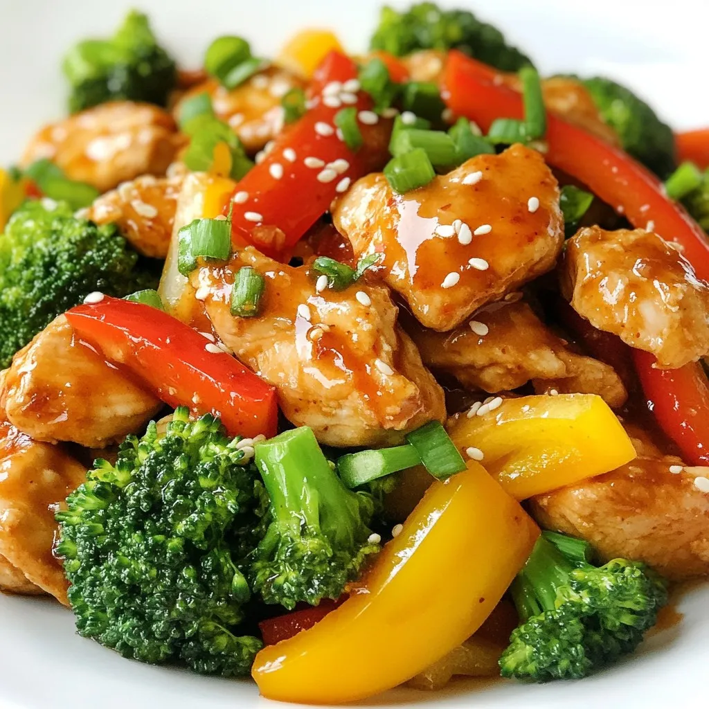 For this stir-fry, you need: - 1 lb (450g) boneless, skinless chicken breast, thinly sliced - 2 tablespoons vegetable oil (canola or peanut works best) - A pinch of salt and pepper for seasoning The chicken is the star here. It should be sliced thin to cook fast and stay juicy. Marinating with salt and pepper adds a nice flavor base. You will use: - 1 red bell pepper, julienned - 1 yellow bell pepper, julienned - 1 cup broccoli florets - 2 cloves garlic, finely minced - 1 tablespoon fresh ginger, finely minced These veggies bring color and crunch. The bell peppers add sweetness, while the broccoli gives a nice bite. Garlic and ginger add a great aroma and flavor. For the sauce, gather: - 1/2 cup sweet chili sauce - 2 tablespoons low-sodium soy sauce - 1 tablespoon rice vinegar - 1 teaspoon sesame oil - 2 green onions, sliced thinly (for garnish) - Sesame seeds (for garnish) This mix of sauces creates a sweet and savory blend. The sweet chili sauce is the key ingredient. It adds a lovely stickiness and a bit of heat. The sesame oil gives a nutty flavor, while rice vinegar adds a touch of tang. {{ingredient_image_2}} Start with one pound of boneless, skinless chicken breast. Slice it thinly. This helps the chicken cook evenly. Place the chicken in a medium bowl. Add a pinch of salt and pepper to season it. Mix well so every piece gets coated. Let it rest for a few minutes while you prepare the vegetables. Heat two tablespoons of vegetable oil in a large skillet or wok. Set the heat to medium-high. Wait until the oil shimmers but does not smoke. Add the marinated chicken slices to the hot pan. Cook for five to seven minutes. Stir occasionally until the chicken is golden brown. Ensure there's no pink inside. Once done, move the chicken to a plate and set it aside. In the same skillet, add two cloves of minced garlic and one tablespoon of minced ginger. Stir quickly for about thirty seconds until you smell their aroma. Next, toss in one red bell pepper and one yellow bell pepper, both julienned, along with one cup of broccoli florets. Stir-fry for four to five minutes. The veggies should be tender-crisp and colorful. Return the cooked chicken to the skillet with the vegetables. Pour in half a cup of sweet chili sauce, two tablespoons of low-sodium soy sauce, one tablespoon of rice vinegar, and one teaspoon of sesame oil. Stir everything together well. Cook for an extra two to three minutes. This allows the sauce to thicken and coat all the ingredients. Take the pan off the heat. For garnish, slice two green onions thinly and sprinkle them on top. Add sesame seeds for extra crunch and flavor. For a perfect meal, serve the stir-fry over jasmine rice or quinoa. A colorful plate makes the dish even more appealing! Choose boneless, skinless chicken breast for this dish. It cooks fast and stays juicy. Slice it thinly to help it cook evenly. You can also use chicken thighs if you prefer. They have more flavor and stay moist. For the best stir-fry, keep your veggies crisp. Cut bell peppers and broccoli into uniform pieces. This ensures even cooking. Stir-fry them just until they are bright and tender-crisp. Don’t overcook! You want them to stay vibrant and fresh. Feel free to tweak the sauce to match your taste. Add more sweet chili sauce for extra sweetness. If you like it spicy, add a dash of hot sauce or red pepper flakes. For a tangy kick, increase the rice vinegar. Always taste as you go to get the right balance! Pro Tips Marinate for More Flavor: Allow the chicken to marinate for at least 30 minutes if possible. This enhances the flavor and tenderness of the meat. Use High Heat: Stir-frying requires high heat to achieve that perfect sear. Make sure your skillet or wok is hot enough before adding the oil and chicken. Vegetable Variety: Feel free to add other vegetables like snap peas or carrots to the stir-fry for added color and nutrition. Adjust the Heat: If you like it spicy, consider adding some sliced jalapeños or a dash of sriracha to the sauce for an extra kick. {{image_4}} You can switch the chicken for other proteins. Try shrimp, beef, or tofu. Each option adds a unique taste. Shrimp cooks quickly, while beef gives a hearty bite. Tofu is perfect for a plant-based meal. Just cut it into cubes and follow the same cooking steps. For a vegetarian twist, skip the chicken. Use extra veggies like mushrooms or eggplant. Both add great flavor and texture. You can also add chickpeas for protein. This option keeps it light and fresh. It’s a good way to enjoy a colorful dish packed with nutrients. To boost the flavor, add spices like crushed red pepper or black pepper. These elevate the heat level. Fresh herbs, like basil or cilantro, can add brightness. For a tangy kick, squeeze in some lime juice just before serving. These small changes make a big difference in taste. After you cook sweet chili chicken stir-fry, let it cool. Place it in an airtight container. You can keep it in the fridge for up to three days. This way, the dish stays fresh and tasty. Make sure to store it right after it cools to keep bacteria away. If you want to keep it longer, freeze the stir-fry. Put it in a freezer-safe container or bag. It can last for about three months in the freezer. When you're ready to eat it, remember to label the container with the date. This helps you track how long it’s been frozen. To reheat, take the frozen stir-fry out of the freezer. Thaw it in the fridge overnight or use the microwave. Heat it in a pan over low heat, stirring often. You can add a splash of water to keep it moist. Make sure it’s heated all the way through before serving. Enjoy your meal! Yes, you can use frozen chicken. Just remember to thaw it first. You can thaw it in the fridge overnight or use cold water. If you have to cook it from frozen, add a few minutes to the cooking time. Make sure the chicken is cooked through and not pink inside. This will keep your dish safe and tasty. If you don't have sweet chili sauce, you can use other sauces. A mix of honey and hot sauce works well. You can also combine ketchup with a bit of red pepper flakes. These options give a similar sweet and spicy flavor. Adjust the amounts to suit your taste. Making sweet chili sauce is easy. You need a few simple ingredients. Here’s a quick way to do it: - 1/2 cup sugar - 1/2 cup water - 1/4 cup rice vinegar - 2 tablespoons soy sauce - 1 tablespoon minced garlic - 1 tablespoon red pepper flakes 1. Combine the sugar and water in a pot. Heat until the sugar dissolves. 2. Add the vinegar, soy sauce, garlic, and red pepper flakes. 3. Simmer for 5-10 minutes until it thickens. Let it cool, and it's ready to use! This homemade sauce is fresh and flavorful. It will add a special touch to your stir-fry! This article covered how to make a tasty chicken dish using simple ingredients and steps. We explored choosing the right chicken and veggies, cooking methods, and sauces. I shared tips for crisp veggies and variations like protein swaps. Remember, cooking is about experimenting, so don’t fear trying new flavors. With proper storage and reheating, you can enjoy your dish later. Let your creativity shine in the kitchen!