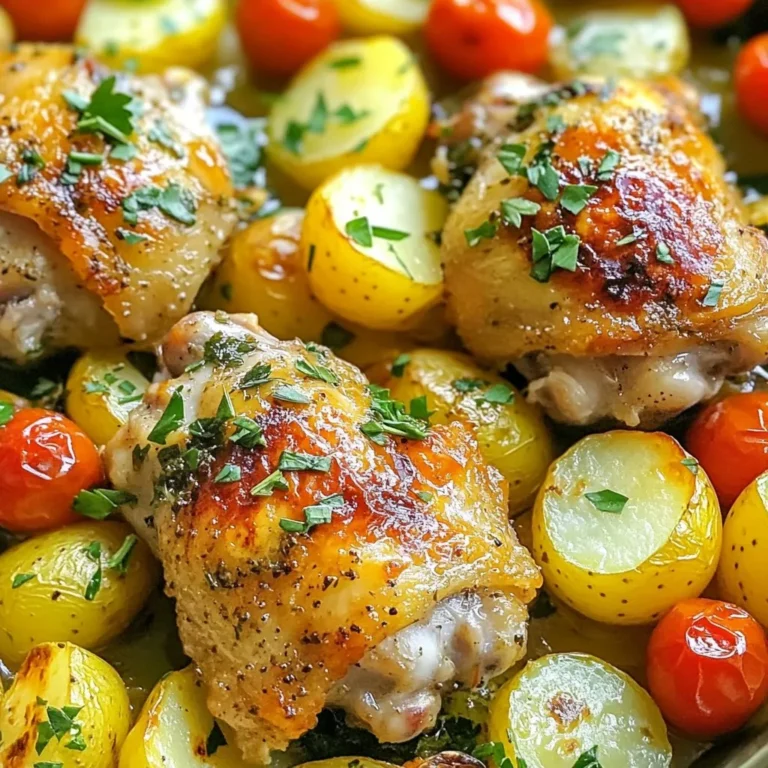 - 4 bone-in, skin-on chicken thighs - 2 cups baby potatoes, halved - 1 cup cherry tomatoes, halved The main ingredients create a hearty meal. The bone-in chicken thighs give rich flavor. Baby potatoes add a nice texture, and the tomatoes bring sweetness. - 1 lemon, zested and juiced - 3 tablespoons extra virgin olive oil - 4 cloves garlic, minced - 2 teaspoons dried oregano - 1 teaspoon dried thyme - Salt and freshly cracked black pepper to taste The marinade is key to flavor. Lemon zest and juice brighten the dish. Olive oil adds richness, while garlic, oregano, and thyme bring warmth. Don’t forget salt and pepper to enhance the taste. - Fresh parsley, finely chopped Fresh parsley adds a pop of color. It also gives a bright flavor to finish the dish. Sprinkle it on just before serving for the best look and taste. {{ingredient_image_2}} 1. Preheat your oven to 425°F (220°C). This high heat will help the food roast well. 2. In a large bowl, mix the lemon zest, lemon juice, 3 tablespoons of olive oil, minced garlic, oregano, thyme, salt, and pepper. Whisk until blended. 3. Add the chicken thighs into the marinade. Make sure each piece is coated well. For best flavor, let the chicken sit for at least 15 minutes. You can also marinate it overnight in the fridge. 1. Take a big sheet pan and lay the halved baby potatoes on one side. Drizzle some olive oil and sprinkle salt and pepper on them. Toss so they are coated. 2. Put the marinated chicken thighs on the pan, skin-side up. Nestle them next to the potatoes. 3. Scatter the halved cherry tomatoes around the chicken and potatoes. This adds color and flavor to your dish. 1. Place the sheet pan in the oven and roast for 30-35 minutes. Check that the chicken reaches an internal temperature of 165°F (74°C). The potatoes should be tender and golden. 2. For a crispier finish, turn the oven to broil for 2-3 minutes. Keep an eye on it to prevent burning. 3. Once done, take the sheet pan out and let it rest for 5 minutes. This helps the juices settle. 4. Before serving, sprinkle fresh parsley on top for a nice touch. To boost the flavor of your chicken, marinate it longer. A quick 15 minutes works, but overnight makes it better. The longer the chicken sits in the marinade, the more it soaks up the zest and herbs. If you want to try new flavors, add smoked paprika or crushed red pepper. For a tangy kick, add a splash of balsamic vinegar. Always check the chicken for doneness. Use a meat thermometer to ensure it hits 165°F. This keeps it safe and tasty. To prevent overcooking your veggies, add them halfway through cooking. This way, they stay crisp and bright. Stir them gently to prevent burning while everything cooks. You can serve the dish directly from the pan for a casual feel. This keeps it simple and fun. If you prefer a more elegant look, transfer it to a platter. Arrange the chicken, potatoes, and tomatoes nicely. Drizzle the pan juices on top to add flavor and shine. This makes it look as good as it tastes! Pro Tips Marinate for Maximum Flavor: Let the chicken marinate for at least 15 minutes, but ideally overnight, to infuse deeper flavors. Even Cooking: Ensure the chicken and potatoes are cut into similar sizes for even cooking and optimal browning. Use Fresh Herbs: If possible, substitute dried herbs with fresh ones for a brighter taste and enhanced aroma. Watch the Broil: When broiling for extra crispiness, keep a close eye on the dish to prevent burning. {{image_4}} You can easily swap out the chicken for other meats. Try using pork chops or turkey thighs for a different taste. You could also use skinless chicken breasts if you prefer. For veggies, consider using carrots or bell peppers instead of potatoes and tomatoes. Both options add great flavor and color. Don’t hesitate to experiment with herbs too. If you like basil, use it in place of oregano. Rosemary adds a nice touch as well. Fresh herbs can make your dish pop with new flavors. While sheet pan cooking is quick and easy, you can also grill the chicken. Grilling gives a nice smoky flavor. To do this, marinate the chicken as usual. Then, place it on a hot grill and cook until golden. You could also use a slow cooker. Simply add the chicken and veggies to the cooker with the marinade. Cook on low for six to eight hours. This method makes the chicken super tender and juicy. For gluten-free meals, just check your seasoning. Most herbs and spices are safe. You can also use gluten-free soy sauce if you want extra flavor. If you need low-carb options, swap the potatoes for cauliflower. Cauliflower roasts nicely and tastes great with lemon and herbs. You can enjoy this dish without worrying about carbs! To store leftovers, let the dish cool down first. Place chicken, potatoes, and tomatoes in an airtight container. You can keep it in the fridge for up to three days. Make sure to cover it well to keep flavors fresh. For longer storage, freeze the leftovers. Place chicken and veggies in a freezer-safe bag or container. Press out as much air as you can. This helps prevent freezer burn. You can freeze them for up to two months. When ready to eat, thaw in the fridge overnight. To reheat and keep chicken juicy, use an oven or skillet. In the oven, set it to 350°F (175°C). Warm for about 20 minutes, covered with foil. This keeps the moisture in. If using a skillet, add a splash of water and cover. Heat on low until warm, ensuring the chicken stays tender. For the best taste, I suggest marinating the chicken for at least 15 minutes. This time allows the flavors to seep into the meat. If you have more time, marinate overnight in the fridge. This extra time enhances the lemon and herb flavors, making each bite more delicious. Yes, you can use boneless chicken thighs instead of bone-in. They cook faster, so check them at around 25 minutes. The cooking time may vary, so use a meat thermometer to ensure they reach 165°F (74°C). This keeps the chicken juicy and safe to eat. This dish goes well with many sides. Here are a few great options: - Steamed green beans - Roasted asparagus - A fresh garden salad - Quinoa or rice for a filling meal These sides complement the chicken and add color to your plate. Enjoy the mix of flavors! This recipe highlights the joy of making sheet pan lemon herb chicken. You learned about key ingredients like chicken thighs, potatoes, and tomatoes. We covered a simple marinade, cooking steps, and tips for perfecting flavor and presentation. Experimenting with variations and proper storage ensures you taste this dish at its best. Now, get cooking and enjoy the delicious results you create. Simple meals can be both fun and rewarding!