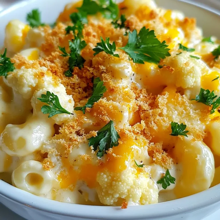 - 1 medium head of cauliflower, cut into bite-sized florets - 2 cups elbow macaroni - 3 tablespoons extra virgin olive oil - 1 teaspoon garlic powder - 1 teaspoon onion powder - 1 cup buffalo sauce (adjust according to your spice preference) - 2 cups shredded sharp cheddar cheese - 1 cup milk (whole, skim, or any plant-based milk) - 1/2 cup cream cheese, softened at room temperature - Salt and pepper, to taste - 1/2 cup breadcrumbs (optional, for a crunchy topping) - Fresh parsley, finely chopped (for garnish) The key flavors in this dish come from a few main ingredients. First, the buffalo sauce adds a spicy kick. It gives the dish a bold flavor. The sharp cheddar cheese brings creaminess and richness. Garlic and onion powders enhance the taste. They add depth without being overpowering. Lastly, the cream cheese makes the sauce smooth and velvety. You can customize this recipe in many ways. Here are a few ideas: - Breadcrumbs: Add for a crunchy top. - Vegetables: Mix in spinach or broccoli for added nutrients. - Protein: Stir in shredded chicken or chickpeas for a heartier meal. - Spices: Experiment with smoked paprika or cayenne for extra heat. - Cheese: Swap cheddar for mozzarella or pepper jack for a twist. These options allow you to make this dish your own while keeping it tasty! {{ingredient_image_2}} Start by gathering all your ingredients. You will need cauliflower, pasta, cheese, and spices. Preheat your oven to 375°F (190°C). This step is key for a great bake. Fill a large pot with salted water and bring it to a boil. Add the cauliflower florets and cook for about 3-4 minutes. You want them tender but still crunchy. After cooking, drain the cauliflower and set it aside in a bowl. In a large saucepan, heat 3 tablespoons of olive oil over medium heat. Add 1 teaspoon of garlic powder and 1 teaspoon of onion powder. Cook them for about 30 seconds until they smell great. Lower the heat and add 1/2 cup of softened cream cheese. Stir until it melts into the oil. Then, gradually whisk in 1 cup of milk. Make sure it's smooth. Add 2 cups of shredded cheddar cheese and 1 cup of buffalo sauce. Keep stirring until the cheese melts and the sauce is creamy. Season with salt and pepper to taste. In a large mixing bowl, combine the cheese sauce, cooked pasta, and cauliflower. Mix well to coat everything in the sauce. Pour this mixture into a greased baking dish. If you want a crunchy topping, sprinkle 1/2 cup of breadcrumbs on top. Bake in the preheated oven for 15-20 minutes. Look for bubbly edges and a golden top. Once it’s done, let it cool for a few minutes. Garnish with fresh parsley before serving. Enjoy your delicious Buffalo Cauliflower Mac and Cheese! You can make this dish lighter and still tasty. Try using whole wheat pasta instead of regular elbow macaroni. This swap gives you more fiber and nutrients. You can also use low-fat cheese or dairy-free options. Plant-based milk works well too. For a creamy touch, add Greek yogurt instead of cream cheese. To make the flavors pop, add more spices. Try smoked paprika or chili powder for a kick. You can mix in some diced jalapeños for extra heat. Fresh herbs like basil or cilantro can add freshness. Consider adding some lemon zest for a bright twist. Getting the right texture is key to a great dish. Cook the cauliflower just until tender, but still firm. This keeps it from becoming mushy. Use a mix of sharp and mild cheddar for a rich flavor. When combining the cheese sauce, stir well to coat everything evenly. If you want a crunchy top, broil it for a few minutes after baking. Keep an eye on it to avoid burning. Pro Tips Adjust the Spice Level: If you prefer a milder dish, reduce the amount of buffalo sauce or use a milder hot sauce to suit your taste. Make it Creamy: For an extra creamy consistency, consider adding a bit more cream cheese or using a blend of different cheeses, like mozzarella or gouda. Breadcrumb Alternatives: If you want a gluten-free option, you can use crushed gluten-free crackers or panko for the topping. Leftover Storage: Store any leftovers in an airtight container in the fridge for up to 3 days. Reheat in the oven to restore the creamy texture. {{image_4}} You can easily make this dish vegan. Just swap the cheese and milk. Use plant-based cheese and unsweetened almond or oat milk. For creaminess, add soaked cashews blended with a little water. This keeps the rich taste. You won’t miss the dairy at all! You can boost nutrition by adding more veggies or protein. Spinach, peas, or broccoli work great. For protein, try chickpeas or lentils. Just mix them in when you combine the pasta and sauce. This adds color and increases the meal's health benefits. If you love heat, make it spicier! Add chopped jalapeños or a dash of cayenne pepper. You can also increase the buffalo sauce. Adjust it to your spice level. This version packs a flavorful punch that will excite your taste buds. To keep your Buffalo Cauliflower Mac and Cheese fresh, store it in an airtight container. Let it cool down before sealing. Place it in the fridge, where it can last for about 3 to 5 days. Make sure to label the container with the date to track freshness. When you’re ready to enjoy your leftovers, preheat your oven to 350°F (175°C). Transfer the mac and cheese to a baking dish. Cover it with foil to prevent drying out. Bake for about 15 to 20 minutes, or until it’s heated through. If you want a crispy top, remove the foil for the last few minutes. For longer storage, you can freeze this dish. Allow it to cool completely before transferring it to a freezer-safe container. It can last up to 3 months in the freezer. When you’re ready to eat it, thaw it overnight in the fridge. Then, reheat it in the oven as mentioned above for the best texture. Yes, you can use different pasta shapes for this dish. Shells, penne, or rotini work well. Just keep the cooking time in mind. Ensure the pasta is al dente before mixing it with the sauce. This will help it hold its shape and texture. You can adjust the heat level by changing the buffalo sauce amount. Use less sauce for a milder taste. If you want more heat, add extra buffalo sauce or mix in some red pepper flakes. Taste as you go to find your perfect spice level. Yes, you can make this dish ahead of time. Prepare everything and store it in the fridge. Cover the baking dish tightly with foil. When you are ready to bake, let it sit at room temperature for 30 minutes. Then, bake as directed. If you need a substitute for cream cheese, try using Greek yogurt or sour cream. They both add creaminess to the dish. You could also use a vegan cream cheese if you're looking for a dairy-free option. Just keep the consistency in mind when mixing. You learned about making a delicious cauliflower mac and cheese. We covered key ingredients, including base flavors and options for customization. You got step-by-step help for preparing, cooking, and baking your dish. Plus, I shared tips for swapping ingredients and enhancing flavors. You also saw different variations and got storage advice for leftovers. Overall, this dish is fun and easy to make. Enjoy experimenting with flavors, and make it your own!