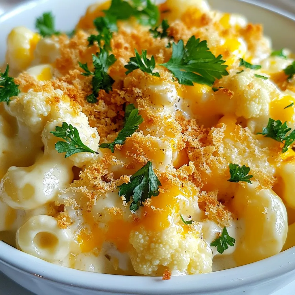 - 1 medium head of cauliflower, cut into bite-sized florets - 2 cups elbow macaroni - 3 tablespoons extra virgin olive oil - 1 teaspoon garlic powder - 1 teaspoon onion powder - 1 cup buffalo sauce (adjust according to your spice preference) - 2 cups shredded sharp cheddar cheese - 1 cup milk (whole, skim, or any plant-based milk) - 1/2 cup cream cheese, softened at room temperature - Salt and pepper, to taste - 1/2 cup breadcrumbs (optional, for a crunchy topping) - Fresh parsley, finely chopped (for garnish) The key flavors in this dish come from a few main ingredients. First, the buffalo sauce adds a spicy kick. It gives the dish a bold flavor. The sharp cheddar cheese brings creaminess and richness. Garlic and onion powders enhance the taste. They add depth without being overpowering. Lastly, the cream cheese makes the sauce smooth and velvety. You can customize this recipe in many ways. Here are a few ideas: - Breadcrumbs: Add for a crunchy top. - Vegetables: Mix in spinach or broccoli for added nutrients. - Protein: Stir in shredded chicken or chickpeas for a heartier meal. - Spices: Experiment with smoked paprika or cayenne for extra heat. - Cheese: Swap cheddar for mozzarella or pepper jack for a twist. These options allow you to make this dish your own while keeping it tasty! {{ingredient_image_2}} Start by gathering all your ingredients. You will need cauliflower, pasta, cheese, and spices. Preheat your oven to 375°F (190°C). This step is key for a great bake. Fill a large pot with salted water and bring it to a boil. Add the cauliflower florets and cook for about 3-4 minutes. You want them tender but still crunchy. After cooking, drain the cauliflower and set it aside in a bowl. In a large saucepan, heat 3 tablespoons of olive oil over medium heat. Add 1 teaspoon of garlic powder and 1 teaspoon of onion powder. Cook them for about 30 seconds until they smell great. Lower the heat and add 1/2 cup of softened cream cheese. Stir until it melts into the oil. Then, gradually whisk in 1 cup of milk. Make sure it's smooth. Add 2 cups of shredded cheddar cheese and 1 cup of buffalo sauce. Keep stirring until the cheese melts and the sauce is creamy. Season with salt and pepper to taste. In a large mixing bowl, combine the cheese sauce, cooked pasta, and cauliflower. Mix well to coat everything in the sauce. Pour this mixture into a greased baking dish. If you want a crunchy topping, sprinkle 1/2 cup of breadcrumbs on top. Bake in the preheated oven for 15-20 minutes. Look for bubbly edges and a golden top. Once it’s done, let it cool for a few minutes. Garnish with fresh parsley before serving. Enjoy your delicious Buffalo Cauliflower Mac and Cheese! You can make this dish lighter and still tasty. Try using whole wheat pasta instead of regular elbow macaroni. This swap gives you more fiber and nutrients. You can also use low-fat cheese or dairy-free options. Plant-based milk works well too. For a creamy touch, add Greek yogurt instead of cream cheese. To make the flavors pop, add more spices. Try smoked paprika or chili powder for a kick. You can mix in some diced jalapeños for extra heat. Fresh herbs like basil or cilantro can add freshness. Consider adding some lemon zest for a bright twist. Getting the right texture is key to a great dish. Cook the cauliflower just until tender, but still firm. This keeps it from becoming mushy. Use a mix of sharp and mild cheddar for a rich flavor. When combining the cheese sauce, stir well to coat everything evenly. If you want a crunchy top, broil it for a few minutes after baking. Keep an eye on it to avoid burning. Pro Tips Adjust the Spice Level: If you prefer a milder dish, reduce the amount of buffalo sauce or use a milder hot sauce to suit your taste. Make it Creamy: For an extra creamy consistency, consider adding a bit more cream cheese or using a blend of different cheeses, like mozzarella or gouda. Breadcrumb Alternatives: If you want a gluten-free option, you can use crushed gluten-free crackers or panko for the topping. Leftover Storage: Store any leftovers in an airtight container in the fridge for up to 3 days. Reheat in the oven to restore the creamy texture. {{image_4}} You can easily make this dish vegan. Just swap the cheese and milk. Use plant-based cheese and unsweetened almond or oat milk. For creaminess, add soaked cashews blended with a little water. This keeps the rich taste. You won’t miss the dairy at all! You can boost nutrition by adding more veggies or protein. Spinach, peas, or broccoli work great. For protein, try chickpeas or lentils. Just mix them in when you combine the pasta and sauce. This adds color and increases the meal's health benefits. If you love heat, make it spicier! Add chopped jalapeños or a dash of cayenne pepper. You can also increase the buffalo sauce. Adjust it to your spice level. This version packs a flavorful punch that will excite your taste buds. To keep your Buffalo Cauliflower Mac and Cheese fresh, store it in an airtight container. Let it cool down before sealing. Place it in the fridge, where it can last for about 3 to 5 days. Make sure to label the container with the date to track freshness. When you’re ready to enjoy your leftovers, preheat your oven to 350°F (175°C). Transfer the mac and cheese to a baking dish. Cover it with foil to prevent drying out. Bake for about 15 to 20 minutes, or until it’s heated through. If you want a crispy top, remove the foil for the last few minutes. For longer storage, you can freeze this dish. Allow it to cool completely before transferring it to a freezer-safe container. It can last up to 3 months in the freezer. When you’re ready to eat it, thaw it overnight in the fridge. Then, reheat it in the oven as mentioned above for the best texture. Yes, you can use different pasta shapes for this dish. Shells, penne, or rotini work well. Just keep the cooking time in mind. Ensure the pasta is al dente before mixing it with the sauce. This will help it hold its shape and texture. You can adjust the heat level by changing the buffalo sauce amount. Use less sauce for a milder taste. If you want more heat, add extra buffalo sauce or mix in some red pepper flakes. Taste as you go to find your perfect spice level. Yes, you can make this dish ahead of time. Prepare everything and store it in the fridge. Cover the baking dish tightly with foil. When you are ready to bake, let it sit at room temperature for 30 minutes. Then, bake as directed. If you need a substitute for cream cheese, try using Greek yogurt or sour cream. They both add creaminess to the dish. You could also use a vegan cream cheese if you're looking for a dairy-free option. Just keep the consistency in mind when mixing. You learned about making a delicious cauliflower mac and cheese. We covered key ingredients, including base flavors and options for customization. You got step-by-step help for preparing, cooking, and baking your dish. Plus, I shared tips for swapping ingredients and enhancing flavors. You also saw different variations and got storage advice for leftovers. Overall, this dish is fun and easy to make. Enjoy experimenting with flavors, and make it your own!