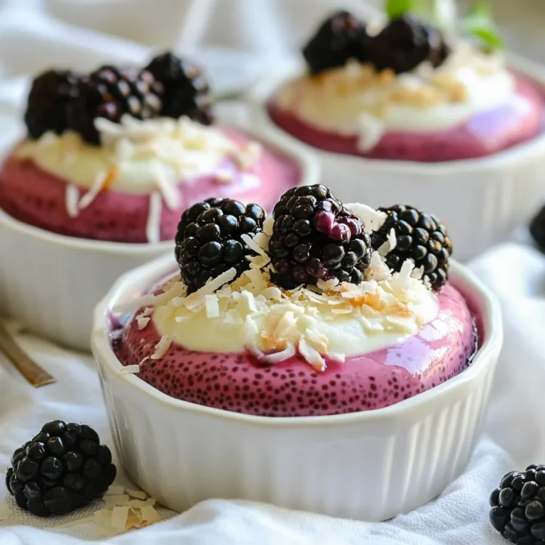 To make Blackberry Coconut Chia Pudding, gather these main ingredients: - 1 cup coconut milk (canned or carton) - 1/4 cup chia seeds - 2 tablespoons maple syrup (or honey) - 1 teaspoon vanilla extract - 1 cup fresh blackberries (plus extra for topping) - 1/4 cup unsweetened shredded coconut - Pinch of salt These ingredients are simple yet pack a lot of flavor. The coconut milk gives a rich taste. Chia seeds add good nutrition and texture. Blackberries bring a tangy sweetness that balances well. You can add some optional ingredients to enhance your pudding: - Fresh mint for garnish - A sprinkle of cinnamon for warmth - A dash of lemon juice for extra zing These ingredients can make your dish pop with flavor. Mint adds a refreshing touch. Cinnamon gives a cozy feel, perfect for chilly days. If you need to swap ingredients, here are some ideas: - Use almond milk or oat milk instead of coconut milk. - Replace maple syrup with agave syrup if preferred. - Try using other berries like strawberries or raspberries. These substitutions can fit different diets or taste preferences. Experimenting with ingredients helps you find what you love best. {{ingredient_image_2}} Start by grabbing a medium-sized bowl. Pour in 1 cup of coconut milk. Add 1/4 cup of chia seeds next. Then, mix in 2 tablespoons of maple syrup or honey. For flavor, include 1 teaspoon of vanilla extract and a pinch of salt. With a whisk, blend everything until smooth. Make sure there are no lumps left. This mixture is the heart of your pudding. Once mixed, let the bowl sit for about 5 minutes. This allows the chia seeds to soak up the coconut milk. After 5 minutes, whisk the mixture again. This breaks up any clumps that may have formed. Cover the bowl tightly with plastic wrap. Place it in the refrigerator. Let it chill for at least 2 hours, or even overnight. The chia seeds will plump up and create a creamy texture. When the pudding has set, it’s time to layer. Grab some serving glasses or bowls. Start with a scoop of the chia pudding at the bottom. Next, add a layer of fresh blackberries. Follow this with a sprinkle of shredded coconut. Keep layering until the glasses are full. Finish with a final layer of blackberries on top, and then a sprinkle of coconut. This not only tastes good but looks great too. To get the best texture, use full-fat coconut milk. It gives a rich taste. Mix the coconut milk and chia seeds well. Let the mix rest for five minutes. This step helps the chia seeds soak up the milk. After five minutes, whisk again to break any clumps. Refrigerate for at least two hours to thicken. Overnight works best for a creamy finish. For a beautiful look, use clear glass jars. The layers of blackberries and coconut will shine through. Start with chia pudding at the bottom. Add fresh blackberries next. Top with shredded coconut for a lovely contrast. For a pop of color, add a mint sprig. This simple touch makes your dish feel special. You can boost flavor with extra toppings. Try adding sliced almonds for crunch. A drizzle of honey or maple syrup adds sweetness. A sprinkle of cinnamon can bring warmth. For a tropical twist, add diced mango or kiwi. Each choice can make your pudding unique and fun. Pro Tips Use Quality Ingredients: For the best flavor, opt for high-quality coconut milk and fresh blackberries. This will enhance the overall taste of your chia pudding. Experiment with Sweetness: Adjust the sweetness to your preference by adding more or less maple syrup or honey. Taste the mixture before refrigerating to find your perfect balance. Chia Seed Soaking Time: Allow the chia seeds to soak longer for a thicker pudding. If you prefer a creamier texture, let it sit overnight in the refrigerator. Layering Technique: For visually appealing layers, alternate the chia pudding and the blackberries carefully. This will create a beautiful presentation that is sure to impress. {{image_4}} You can switch blackberries for other fruits. Raspberries add a nice tartness. Strawberries bring a sweet touch. Blueberries offer a juice burst with each bite. Mango pieces can add tropical flair. Feel free to mix fruits for a colorful pudding. Each fruit brings its own flavor and charm. If you're vegan, use maple syrup instead of honey. This recipe is naturally gluten-free. For nut-free options, ensure your coconut milk is safe. If you avoid sugar, try using agave syrup or stevia. This dish can fit many diets with simple swaps. Always check labels to avoid allergens. You can add flavors to the base for a twist. A pinch of cinnamon warms up the taste. A splash of almond extract can deepen the flavor. For a zesty kick, add a few drops of lemon juice. You can also mix in cocoa powder for a chocolatey version. Experiment with flavors to find your favorite! You can store leftovers in an airtight container. Make sure to keep it in the fridge. This helps the pudding stay fresh and tasty. When stored properly, it keeps well for a few days. Blackberry coconut chia pudding lasts up to 4 days in the fridge. After that, it may lose its flavor and texture. Always check for any signs of spoilage before eating. If it smells off, toss it out. You can freeze chia pudding if you want to save some for later. Use ice cube trays or small containers. When ready to eat, thaw in the fridge overnight. The texture may change a bit, but it will still taste good. Chia pudding is a thick dessert made with chia seeds. These tiny seeds absorb liquid and swell up. When mixed with milk, they form a gel-like texture. You can use different kinds of milk, like coconut or almond. It’s a healthy option that’s high in fiber and omega-3s. Chia pudding is often sweetened and flavored, making it a tasty treat. Blackberry coconut chia pudding lasts about 4 to 5 days in the fridge. Keep it in an airtight container to maintain freshness. The flavors will deepen as it sits. Just stir well before serving if it thickens too much. If you see any signs of spoilage, it's best to toss it out. Yes, you can use frozen blackberries. They work well in chia pudding. Just let them thaw before using. They may be softer than fresh ones but still add great flavor. You can even blend them for a smooth texture if you prefer. Yes, this recipe is vegan-friendly. It uses coconut milk and maple syrup, both plant-based. You can easily substitute honey with more maple syrup if desired. Enjoy this dish knowing it fits a vegan diet perfectly. You learned about the key ingredients for delicious chia pudding. We covered how to mix, rest, and layer them for the best results. I shared tips to get the perfect consistency and creative ways to present your dish. Remember, you can change flavors and ingredients to suit your taste. Store leftovers properly to keep them fresh. Now, you have everything you need to enjoy a tasty treat!