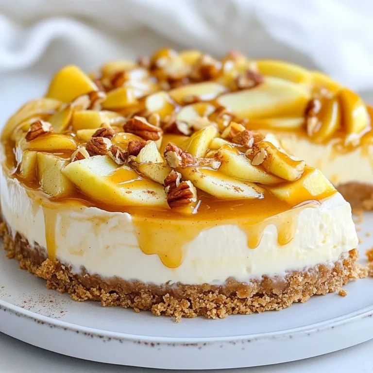 To make the No-Bake Caramel Apple Cheesecake, gather these ingredients: - 1 ½ cups Graham cracker crumbs - ½ cup unsalted butter, melted - 2 cups cream cheese, softened to room temperature - 1 cup powdered sugar - 1 teaspoon vanilla extract - 1 cup heavy whipping cream - 2 medium apples, peeled, cored, and diced - ½ cup caramel sauce (store-bought or homemade) - 1 teaspoon ground cinnamon - Chopped nuts for topping (optional) I love using specific brands for great results. Here are my favorites: - Graham Crackers: Nabisco Honey Maid for a classic taste. - Cream Cheese: Philadelphia, it’s smooth and creamy. - Caramel Sauce: Smucker's or homemade for the best flavor. - Heavy Whipping Cream: Land O’ Lakes for a rich texture. You can make this cheesecake your own with these options: - Different Apples: Try Granny Smith for tartness or Fuji for sweetness. - Spices: Add nutmeg or allspice for extra warmth. - Nuts: Pecans or walnuts add crunch and flavor. - Chocolate Drizzle: Melted chocolate can add a rich twist. {{ingredient_image_2}} Start by mixing 1 ½ cups of Graham cracker crumbs with ½ cup of melted unsalted butter. Stir it well until it looks like damp sand. Next, press this mixture firmly into the bottom of a 9-inch springform pan. Make sure it is even. Place the crust in the refrigerator. This helps it firm up while you make the filling. In a large bowl, beat 2 cups of softened cream cheese. Use an electric mixer on medium speed until smooth. Gradually add 1 cup of powdered sugar and 1 teaspoon of vanilla extract. Keep mixing until everything is smooth and there are no lumps left. In another bowl, pour 1 cup of heavy whipping cream. Use a hand mixer or stand mixer to whip the cream on medium-high speed. Whip it for about 3-4 minutes until stiff peaks form. Next, gently fold this whipped cream into the cream cheese mixture. Use a spatula and be careful not to deflate the whipped cream. In a separate bowl, mix 2 diced apples with 1 teaspoon of ground cinnamon and half of the ½ cup of caramel sauce. Gently fold this spiced apple mix into your cheesecake filling. Make sure the apple pieces are evenly mixed throughout. Pour the apple cheesecake filling over your chilled crust. Use a spatula to smooth the top. Drizzle the rest of the caramel sauce over the filling. If you like, use a toothpick to create swirls. This makes it look pretty. Cover your cheesecake with plastic wrap or aluminum foil. Chill it in the refrigerator for at least 4 hours. Leaving it overnight will make it even better. When the cheesecake is set, gently remove the sides of the springform pan. Slice it into wedges and serve it chilled. For extra flavor, sprinkle some chopped nuts on top. Enjoy your delicious creation! To create a creamy cheesecake, always use room temperature cream cheese. Cold cream cheese does not blend well. Beat the cream cheese well until smooth, ensuring no lumps remain. When you whip the heavy cream, stop as soon as stiff peaks form. Over-whipping can cause the cream to turn grainy. A common mistake is not chilling the cheesecake long enough. It needs at least four hours in the fridge. If you can wait overnight, do it! Another mistake is not pressing the crust firmly enough. A loose crust will crumble when you slice the cheesecake. Remember to fold the whipped cream gently. This keeps the mixture light and fluffy. To make your cheesecake look stunning, drizzle caramel sauce over the top just before serving. Use a toothpick to create pretty swirls. You can also sprinkle chopped nuts on top for some crunch. Cutting the cheesecake with a hot knife gives you clean slices. Just dip the knife in hot water, wipe it dry, and cut. Pro Tips Use Fresh Apples: For the best flavor and texture, choose crisp, fresh apples like Granny Smith or Honeycrisp to complement the creamy cheesecake. Chill Time is Key: Allow the cheesecake to chill overnight for the best texture and flavor. This helps the ingredients meld perfectly. Whip Cream to Stiff Peaks: Ensure your heavy cream is whipped to stiff peaks before folding it into the cream cheese mixture for a light and airy cheesecake. Garnish for Presentation: Consider adding a sprinkle of cinnamon or a drizzle of caramel on top before serving for an attractive finish. {{image_4}} You can turn your no-bake cheesecake into an apple pie dream. Start by adding spices like nutmeg and ginger. Mix these spices with your diced apples before folding them into the filling. This adds warmth and depth to the flavor, making it feel just like a slice of apple pie. You can even top it with a crumble made from oats and flour for that pie topping crunch. For a twist, try the caramel pecan variation. Use chopped pecans mixed into your apple filling. This adds a nice crunch and a nutty flavor. Drizzle extra caramel sauce on top for a sweet finish. This version brings a wonderful balance of textures and tastes, making it feel indulgent and special. Don't be afraid to swap flavors! For a fall treat, replace apples with pumpkin puree. Add a bit of pumpkin spice for that cozy taste. If you love chocolate, mix in melted chocolate or cocoa powder into the cream cheese filling. You can also use chocolate graham crackers for the crust. Each swap brings a new life to the cheesecake, letting you customize it for any occasion. To keep your leftover cheesecake fresh, place it in the fridge. Use an airtight container or cover it tightly with plastic wrap. This helps to avoid any unwanted odors. The cheesecake can last up to five days in the fridge. Make sure to slice it before storing. This way, it's easier to grab a piece later. If you want to save some for later, you can freeze your cheesecake. First, let it chill in the fridge for at least four hours. Once firm, cover it with plastic wrap, then aluminum foil. This double layer protects it from freezer burn. You can freeze it for up to three months. When you are ready to enjoy it, thaw it in the fridge overnight. You don’t really need to reheat this no-bake cheesecake. It tastes best when served cold. If you want to soften it a bit, leave it at room temperature for 10-15 minutes before serving. This helps bring out the creamy flavor without losing its texture. Remember, the key is to keep it chilled for the best taste! Yes, you can. Use gluten-free Graham cracker crumbs. They work well as a base. Just ensure that the other ingredients are also gluten-free. The cheesecake can last about 5 to 7 days in the fridge. Make sure to cover it well. Absolutely! You can try pears, peaches, or berries. Each fruit gives a new flavor twist. You can use mascarpone or Greek yogurt for a lighter version. The taste will differ, but it can still be delicious. Coconut cream or a dairy-free whipped topping works great. These options keep the dessert creamy and rich. You now have all the tools to create a delicious cheesecake. We covered the key ingredients and recommended brands, so you can choose the best options. I shared simple steps to prepare the crust, make the filling, and add tasty apples. Don't forget the tips for a creamy texture and great presentation. Think about the fun variations to try. Store your leftover cheesecake safely to enjoy later. With these insights, you will impress everyone with your baking skills!