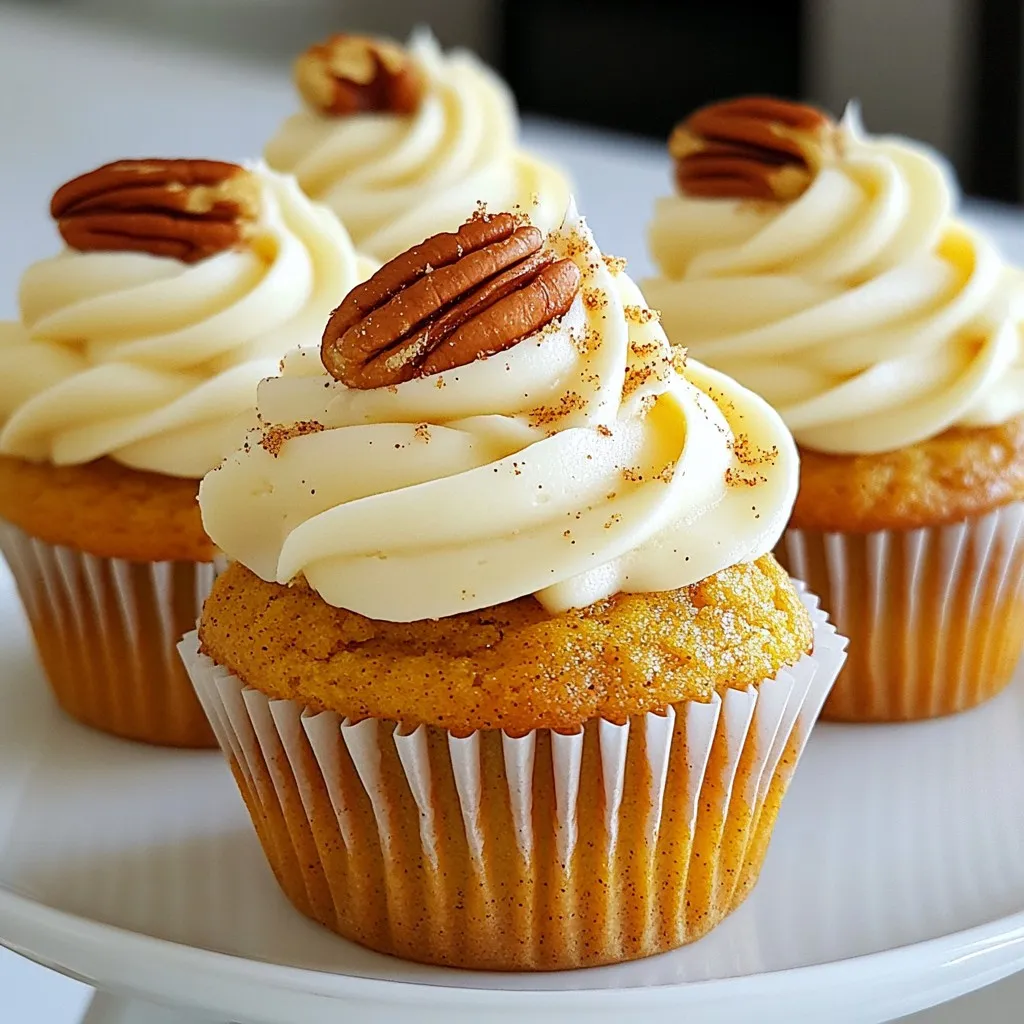 To make pumpkin cupcakes, you need some main ingredients. Here is the list: - 1 ½ cups all-purpose flour - 1 teaspoon baking soda - ½ teaspoon baking powder - ½ teaspoon fine salt - 1 teaspoon ground cinnamon - ½ teaspoon ground nutmeg - ¼ teaspoon ground ginger - ½ cup unsalted butter, softened - 1 cup granulated sugar - 2 large eggs, at room temperature - 1 cup pumpkin puree (canned or homemade) - 1 teaspoon pure vanilla extract These ingredients create a rich base. The spices give the cupcakes warm, fall flavors. The pumpkin adds moisture and a nice color. You can add extras for more flavor and texture. Here are some options: - ½ cup chopped pecans or walnuts - ½ cup chocolate chips Adding nuts gives a nice crunch. Chocolate chips add sweetness and richness. You can mix and match these add-ins based on your taste. If you have dietary needs, you can make changes. Here are some substitutions: - Use almond flour for gluten-free options. - Replace eggs with flax eggs for a vegan version. - Use coconut oil instead of butter for dairy-free cupcakes. These swaps still keep the cupcakes tasty. You can enjoy pumpkin cupcakes no matter your diet! {{ingredient_image_2}} Start by preheating your oven to 350°F (175°C). This step is key for even baking. While the oven heats, grab a 12-cup muffin tin. Line each cup with festive cupcake liners. This not only looks great but helps with easy removal later. In a medium bowl, whisk together the following dry ingredients: - 1 ½ cups all-purpose flour - 1 teaspoon baking soda - ½ teaspoon baking powder - ½ teaspoon fine salt - 1 teaspoon ground cinnamon - ½ teaspoon ground nutmeg - ¼ teaspoon ground ginger Mix until all ingredients are well combined. Set this mixture aside for later. In a large mixing bowl, add ½ cup of softened unsalted butter and 1 cup of granulated sugar. Use an electric mixer to cream them together. Beat on medium speed for about 3-4 minutes. The mixture should turn light, fluffy, and pale in color. Add 2 large eggs to the butter and sugar mix, one at a time. Make sure each egg is mixed in well before adding the next. Once all the eggs are in, mix in 1 cup of pumpkin puree and 1 teaspoon of pure vanilla extract. Blend it until everything is smooth. Gradually add the dry ingredient mixture to the wet mixture. Stir gently until just combined. Be careful not to overmix, as this can affect the texture. If you want to add extra flavor, fold in ½ cup of chopped pecans or walnuts and ½ cup of chocolate chips at this point. Use a spoon or ice cream scoop to fill each cupcake liner about two-thirds full with batter. Place the muffin tin in your preheated oven. Bake for 18-20 minutes. To check if they are done, insert a toothpick into the center of a cupcake. If it comes out clean, they are ready. Once baked, take the muffins out and let them cool in the tin for about 5 minutes. Then, transfer them to a wire rack to cool completely before frosting. To get that rich pumpkin taste, use fresh pumpkin puree. If you use canned, pick a high-quality brand. Add warm spices like cinnamon, nutmeg, and ginger to boost the flavor. These spices enhance the pumpkin and make your cupcakes pop. Always mix the spices well with the dry ingredients. This ensures even flavor throughout the batter. For soft and fluffy cupcakes, do not overmix the batter. Once you combine the wet and dry ingredients, mix just until you see no dry flour. Room-temperature eggs help create a light texture. Also, make sure your butter is softened. It should feel creamy but not melted. This helps trap air while mixing, giving your cupcakes that perfect rise. A cream cheese frosting pairs beautifully with pumpkin cupcakes. To make it, blend softened cream cheese, butter, powdered sugar, and vanilla. You can sprinkle a bit of cinnamon on top for a nice touch. For a fun twist, add a pecan half or mini chocolate chips on each cupcake. This adds flavor and a nice visual element. Pro Tips Room Temperature Ingredients: Make sure your eggs and butter are at room temperature for better emulsification, resulting in a lighter cupcake texture. Don’t Overmix: Mix the batter just until combined to prevent tough cupcakes. A few lumps are okay! Cool Completely: Allow the cupcakes to cool completely before frosting to prevent the frosting from melting and sliding off. Storage Tips: Store any leftover cupcakes in an airtight container at room temperature for up to three days, or refrigerate for longer freshness. {{image_4}} These pumpkin spice cupcakes have a cozy flavor. They use the same base as the original recipe. You just add more spices. Increase the cinnamon to 1 ½ teaspoons. Add ½ teaspoon of cloves for depth. This makes a warm, spiced treat perfect for fall. To make vegan pumpkin cupcakes, swap out the eggs and butter. Use flax eggs instead. Mix 1 tablespoon of ground flaxseed with 2.5 tablespoons of water. Let it sit for five minutes. Use coconut oil or vegan butter for a rich texture. The rest of the recipe stays the same. For gluten-free pumpkin cupcakes, use a gluten-free flour blend. Look for one that includes xanthan gum. This helps the cupcakes hold together. Follow the same steps in the recipe. You can enjoy tasty cupcakes without gluten. To keep your leftover cupcakes fresh, place them in an airtight container. I recommend using a container that fits them snugly. This helps them stay soft and moist for a few days. If you leave them out, they may dry out quickly. Store them at room temperature for up to three days. If you plan to keep them longer, consider freezing them. Freezing is a great way to save your pumpkin cupcakes. First, let the cupcakes cool completely. Wrap each cupcake tightly in plastic wrap. Then, place them in a freezer-safe bag or container. This will protect them from freezer burn. You can freeze them for up to three months. When you're ready to enjoy them, move them to the fridge overnight to thaw. To keep your cupcakes at their best, avoid direct sunlight and heat. Store them in a cool, dark place. If you have frosted cupcakes, use a cake dome or cover them with wax paper. This will help keep the frosting from sticking. Always check for any signs of spoilage before eating. When stored properly, your pumpkin cupcakes will remain delicious and ready to enjoy! Yes, you can use fresh pumpkin. Just make sure to cook and puree it first. Fresh pumpkin has a different texture but can taste great. For one cup, use about two cups of raw pumpkin. Cook it until soft, then blend it smooth. This adds a fresh flavor to your cupcakes. To make your cupcakes moist, use just the right amount of pumpkin puree. Adding an extra egg can help too. You can also try using brown sugar instead of white sugar. It adds moisture and a slight caramel flavor. Lastly, avoid overmixing your batter. This keeps the texture light and fluffy. The best frosting is cream cheese frosting. It pairs well with the pumpkin spice flavor. You can make it by mixing cream cheese, butter, powdered sugar, and vanilla. It has a nice tang that balances the sweetness. You can also sprinkle cinnamon on top for extra flavor. To make more cupcakes, simply double the ingredients. This recipe makes 12 cupcakes, so you can make 24 with double the amounts. Keep the baking time the same. Use two muffin tins if needed. Just make sure to check each batch with a toothpick to see if they are done. We have covered the essential ingredients, step-by-step baking instructions, and key tips for perfect pumpkin cupcakes. You can try different variations and find storage tips for leftovers. Pumpkin cupcakes can be flexible for everyone’s tastes. Remember, baking is fun, so don’t be afraid to experiment and find your favorite flavors. Enjoy your delicious treats and share them with friends and family!