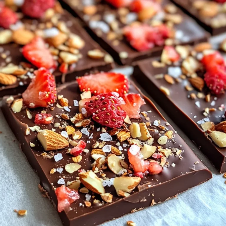 For this bark, you need 2 cups of dark chocolate chips. Dark chocolate gives a rich taste. It also pairs well with sweet strawberries. You can choose chocolate with 60% to 70% cocoa for a balanced flavor. You will need 1 cup of dried strawberries. Dried strawberries add sweetness and chewiness. If you want a crunch, try freeze-dried strawberries instead. They give a fun texture. You can also swap strawberries for other dried fruits like cranberries or cherries. Add ½ cup of crushed almonds for a nutty touch. You can use any nuts you like, such as pecans or walnuts. A sprinkle of sea salt flakes is a must for contrast. It makes the bark taste even better. If you want a glossy finish, add 1 teaspoon of coconut oil when you melt the chocolate. This little step adds shine to your bark. {{ingredient_image_2}} Start by grabbing a baking sheet. Line it with parchment paper. This makes cleanup easy. It also helps the bark come off smoothly when set. Make sure the paper covers the entire surface. This simple step is key to success. Next, take a microwave-safe bowl. Add your dark chocolate chips and coconut oil if you want a shiny look. Heat the bowl in the microwave. Do this in 30-second intervals. After each interval, stir the chocolate well. Keep heating until it melts and is smooth. Watch closely to avoid burning it. Once your chocolate is melted, pour it onto the lined baking sheet. Use a spatula to spread it evenly. Aim for a thickness of about ¼ inch. While the chocolate is still warm, sprinkle your dried strawberries and crushed almonds on top. Spread them out evenly. This way, every piece has a mix of flavors. Let the bark sit at room temperature for about 30 minutes. This allows it to harden. If you’re in a hurry, pop it into the fridge. Leave it there for 10 to 15 minutes. Once fully set, break the bark into fun, rustic pieces. You can use your hands or a knife for this. Enjoy your tasty treat! To get a shiny look on your chocolate bark, use coconut oil. This oil helps melt the chocolate smoothly. Mix it in with the chocolate chips before heating. Heat in short bursts so you don’t burn the chocolate. Stir well after each interval. A glossy finish makes your bark look more appealing. After your bark has set, you can break it into pieces. Use your hands for a rustic touch. If you want neat pieces, use a knife. Tap the knife gently on the bark. This helps create clean edges. Irregular pieces look charming and add character to your treat. Serve your chocolate bark on a pretty platter. Drizzle melted chocolate over the top for a fancy touch. You can also add a sprinkle of sea salt for flair. This adds a nice contrast to the sweetness. Consider placing some fresh strawberries around the bark. This makes your dessert look festive and inviting. Pro Tips Use Quality Chocolate: The better the quality of your dark chocolate, the richer and more flavorful your bark will be. Opt for a brand with a high cocoa content for a more intense taste. Experiment with Toppings: Feel free to get creative with your toppings! Try adding dried fruit, seeds, or even a drizzle of white chocolate for contrast. Ensure Even Melting: When melting chocolate, make sure to stir frequently and avoid overheating. If chocolate seizes, add a small amount of coconut oil to restore its smoothness. Store for Freshness: To maintain the quality of the bark, keep it in an airtight container. If you're storing it for a longer time, refrigeration can help preserve its texture and flavor. {{image_4}} If you want to switch up the nuts, that’s easy! You can use any nut you like. Here are some choices: - Walnuts - Pecans - Cashews Each nut brings its own flavor and crunch. I like almonds for their light taste, but walnuts have a bold flavor. Try them out and see which one you love best! You can add flavors to the bark for a fun twist. Here are some tasty options: - A pinch of cinnamon for warmth - A splash of vanilla extract for sweetness - A few drops of peppermint extract for a minty kick These add-ins can make your bark even more special. Just remember, a little goes a long way! You can change the chocolate type to fit your mood. Here are some ideas: - Milk chocolate for a sweeter taste - White chocolate for a creamy touch - Dark chocolate for a richer flavor Mix and match these chocolates for a fun blend of tastes. You can even layer them for a cool look! Just melt and spread in the order you like. To keep your chocolate covered strawberry bark fresh, store it in an airtight container. This will help prevent moisture and odors from other foods. Place a piece of parchment paper between layers to avoid sticking. A cool, dry place is best. Avoid direct sunlight or heat. When stored correctly, your bark can last up to two weeks. If you want it to stay fresh longer, the fridge is a good choice. It may lose some of its crispness in the fridge, but it will still taste great! You can freeze chocolate bark for even longer storage. Wrap it tightly in plastic wrap and then in foil. This keeps out air and moisture. When ready to enjoy, let it thaw in the fridge for a few hours. It will be just as tasty when you take a bite! Yes, you can use milk chocolate. It will make the bark sweeter. Milk chocolate melts well and pairs nicely with strawberries. Just follow the same melting steps. You can use freeze-dried strawberries for a crunchier texture. Choose any dried fruit you like, such as cranberries or cherries. Just make sure they are not too moist. This keeps your bark from becoming soggy. To make this bark vegan, use dairy-free dark chocolate. Many brands offer great options. Replace the crushed almonds with any nuts or seeds you prefer. This keeps the recipe tasty and vegan. We explored how to make chocolate bark using dark chocolate chips and dried strawberries. I shared tips for a glossy finish and fun presentation ideas. You can even change flavors or add nuts for variety. Remember to store it right for freshness, and consider using milk chocolate if you prefer. Enjoy your chocolate bark and make it yours by trying new things!