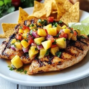 - 4 boneless, skinless chicken breasts - 1 cup fresh pineapple, diced - 1/2 red bell pepper, diced - 1/2 red onion, finely chopped - 1 jalape&ntilde;o pepper, minced - 1/4 cup fresh cilantro, chopped - 2 tablespoons lime juice - 1 tablespoon olive oil - Salt and pepper to taste - Tortilla chips When you make Pineapple Salsa Chicken, fresh ingredients shine. First, choose high-quality chicken. Boneless and skinless works best for easy grilling. Next, pick a ripe pineapple. Diced into small pieces, it adds sweet and tangy notes. The red bell pepper brings color and crunch. Red onion gives a sharp bite, balancing the salsa's sweetness. Don&rsquo;t forget the jalape&ntilde;o! Use it based on your spice preference. If you like heat, add more. Fresh cilantro adds a bright flavor. Lime juice brings acidity, enhancing all the tastes. Olive oil helps blend the salsa. Salt and pepper are essential for seasoning. For a fun twist, serve with crunchy tortilla chips. They add a great texture contrast. Each ingredient plays a role in making this dish vibrant and exciting. Enjoy the fresh and zesty mix! {{ingredient_image_2}} Preheat your grill or grill pan over medium-high heat. This step is key for good cooking. A hot grill gives the chicken nice grill marks and keeps it juicy. In a mixing bowl, combine: - 1 cup fresh pineapple, diced - 1/2 red bell pepper, diced - 1/2 red onion, finely chopped - 1 jalape&ntilde;o pepper, minced - 1/4 cup fresh cilantro, chopped - 2 tablespoons lime juice - 1 tablespoon olive oil Season with salt and freshly cracked black pepper. Mix everything well. This salsa adds a fresh, zesty taste to the chicken. Season 4 boneless, skinless chicken breasts with salt and pepper. You can marinate them in olive oil and lime juice for more flavor. Grill the chicken for about 6-7 minutes on each side. Make sure it reaches an internal temperature of 165&deg;F. After grilling, let the chicken rest for a few minutes. This step keeps the juices locked in. Now, generously spoon the pineapple salsa over each grilled chicken breast. Enjoy each bite of this vibrant dish! Marinating chicken adds flavor and keeps it moist. This step is easy and fun! You can use lime juice and olive oil for a tasty mix. Let the chicken sit for 15 to 30 minutes. It helps the chicken absorb flavors. The result is juicy and delicious chicken. To get those perfect grill marks, heat your grill well. Start with medium-high heat. Place the chicken on the grill and don&rsquo;t move it too soon. Let it cook for 6 to 7 minutes on one side. Flip it carefully to avoid sticking. This timing gives you great marks and keeps the chicken tender. You can make the salsa your own! Add more spices or veggies to change the taste. Try mango for a sweet twist. You can also use different peppers for more heat. Mixing flavors adds fun to your dish. You will impress your friends with your creativity! Pro Tips Marinate for More Flavor: Allowing the chicken to marinate for at least 30 minutes in olive oil and lime juice enhances its flavor and tenderness. Perfectly Grilled Chicken: Use a meat thermometer to ensure your chicken reaches an internal temperature of 165&deg;F (75&deg;C) for safe and juicy results. Customize Your Salsa: Feel free to add other ingredients like mango or avocado to your pineapple salsa for a unique twist and extra layers of flavor. Serving Suggestion: For added crunch, serve with tortilla chips or on a bed of lettuce for a refreshing salad option. {{image_4}} You can make your pineapple salsa spicy. Start by adding more jalape&ntilde;o for heat. If you love bold flavors, try diced serrano peppers. You can also mix in a pinch of cayenne pepper or crushed red pepper flakes. These spices add a nice kick and depth to the salsa. Adjust the spice level to your taste. You want to balance the sweetness of the pineapple with the heat. For a tropical twist, combine pineapple with mango or avocado. Diced mango adds sweetness and a vibrant color. Avocado gives a creamy texture that complements the salsa well. Just add these fruits to your mix. You can also add mint for a fresh taste. This fusion creates a fun, colorful dish. Your guests will love the new flavors. Pair your Pineapple Salsa Chicken with side dishes for a full meal. Rice or quinoa works great as a base. You can also serve it with grilled vegetables for a healthy touch. If you want something crunchy, tortilla chips are a perfect choice. They add texture and a fun way to enjoy the salsa. Consider a fresh green salad for a refreshing side. These options make your meal complete and delicious. To keep your Pineapple Salsa Chicken fresh, store leftovers in an airtight container. Place the chicken and salsa together for best flavor. If you want the salsa to stay crisp, store it in a separate container. Refrigerate both for up to three days. Make sure to cool the chicken to room temperature before you seal it up. This helps prevent moisture buildup. If you want to save some for later, you can freeze the chicken and salsa separately. Wrap the chicken in plastic wrap, then place it in a freezer bag. Remove as much air as you can before sealing. For the salsa, use a freezer-safe container. It can last up to three months in the freezer. When you're ready to eat, thaw both in the fridge overnight. To reheat the chicken, place it in the oven at 350&deg;F (175&deg;C) for about 15-20 minutes. This keeps it juicy. You can also use a microwave, but cover the chicken to avoid drying it out. For the salsa, warm it gently in a pan over low heat. Stir often, and make sure it doesn&rsquo;t burn. Enjoy your flavorful dish without losing its yummy taste! Grilling chicken breasts usually takes about 6-7 minutes on each side. You want the chicken to reach an internal temperature of 165&deg;F (75&deg;C). Always check the thickest part of the breast. If you grill on medium-high heat, it cooks evenly and gets nice grill marks. You can use canned pineapple, but fresh has more flavor. Fresh pineapple adds a bright taste and better texture. Canned options often have extra sugar and syrup, which can change the salsa's taste. If you use canned, rinse it well to remove excess sweetness. Pineapple Salsa Chicken pairs well with many sides. Here are some ideas: - Cilantro lime rice - Grilled vegetables - Black beans - Tortilla chips for crunch - A fresh green salad These sides complement the chicken's flavors and make your meal colorful and fun. This blog post covered all you need for making a delicious Pineapple Salsa Chicken. We explored main and additional ingredients, step-by-step instructions, and creative variations. I shared tips to ensure perfect grilling and ways to customize your salsa. Don't forget to store leftovers properly for later meals. Embrace these ideas as you create this tasty dish! Enjoy your cooking and impress everyone with your skills.