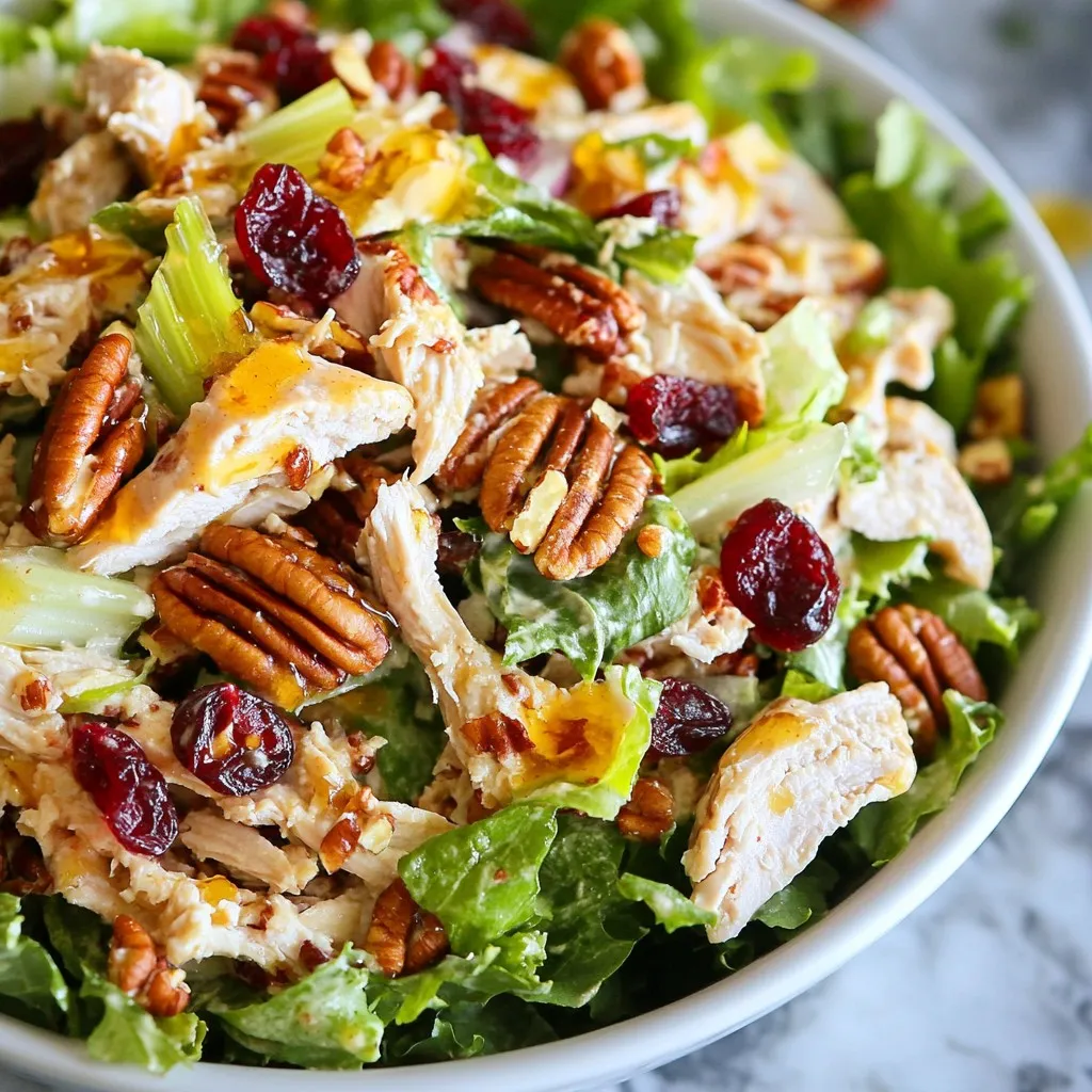 To make a great cranberry pecan chicken salad, you need these main ingredients: - 2 cups cooked chicken, shredded or diced into bite-sized pieces - 1/2 cup dried cranberries, plump and sweet - 1/2 cup pecans, roughly chopped for a delightful crunch - 1/3 cup celery, finely chopped for freshness - 1/4 cup red onion, finely diced for a mild sharpness - 1/2 cup Greek yogurt, creamy base - 1 tablespoon Dijon mustard, for a tangy kick - 1 tablespoon honey, to add a hint of sweetness - 1 tablespoon freshly squeezed lemon juice, for brightness - Salt and freshly ground black pepper to taste - A handful of fresh mixed greens for serving You can easily change some ingredients to fit your needs: - Chicken: Use canned chicken for quick prep or tofu for a vegetarian option. - Nuts: Swap pecans for walnuts or sunflower seeds if you have nut allergies. - Dressing: Replace Greek yogurt with a dairy-free yogurt or avocado for a creamy texture. - Sweetener: Use maple syrup instead of honey for a vegan option. Choosing fresh ingredients makes your salad taste great. Here’s what to look for: - Chicken: Use cooked chicken from a trusted source. It should smell good and be moist. - Cranberries: Pick plump, soft cranberries. They should have a bright color. - Pecans: Choose nuts that smell fresh and have no signs of mold. - Vegetables: Look for crisp celery and vibrant onions. They should feel firm in your hand. - Yogurt: Check the expiration date and choose a brand with no added sugars for health. - Greens: Select mixed greens that are bright green and free from dark spots. {{ingredient_image_2}} Start by shredding or dicing two cups of cooked chicken. You can use leftover chicken or rotisserie chicken. The pieces should be bite-sized for easy eating. Place your chicken in a large mixing bowl. This base adds protein and makes the salad filling. Next, add half a cup of dried cranberries for a sweet taste. Include half a cup of roughly chopped pecans for a delightful crunch. Then, chop one-third cup of celery finely to add freshness. Add a quarter cup of diced red onion for a mild sharpness. Gently stir all these ingredients until they are mixed well. This colorful mix makes your salad appealing and tasty. In another bowl, whisk together half a cup of Greek yogurt. Add one tablespoon of Dijon mustard for a nice tang. Then mix in one tablespoon of honey for a hint of sweetness. Squeeze in one tablespoon of fresh lemon juice for brightness. Season the dressing with salt and pepper to taste. Make sure it is smooth and well combined. Pour this creamy dressing over the chicken mix. Use a spatula to fold it gently. Ensure that every ingredient is coated well. This step is key for flavor in every bite. To enhance the taste of your cranberry pecan chicken salad, focus on the seasonings. Start with salt and pepper. Add them little by little, tasting as you go. This way, you find the right balance. If you want more flavor, try adding a pinch of garlic powder or onion powder. These spices give an extra kick. Lemon juice adds brightness, so don’t skip it. Fresh herbs like parsley or dill can also elevate your dish. Just chop them finely and mix them in. Keeping your chicken salad fresh is easy. Store it in an airtight container in the fridge. This helps prevent air from spoiling it. If you know you won’t eat it all at once, keep the dressing separate. This way, the salad stays crisp longer. When ready to eat, just add the dressing and mix. If you want it to last even longer, use fresh chicken. Cook it right before you make the salad, if possible. Meal prep makes enjoying this salad easy. Make a big batch and store it in individual containers. This is perfect for lunches or quick snacks. Serve it over mixed greens for a fresh touch. You can also use it as a sandwich filling. Try it in a wrap for a fun twist. If you like snacks, serve it on crackers. This chicken salad is good any way you choose to enjoy it! Pro Tips Use Rotisserie Chicken: For a quicker option, consider using store-bought rotisserie chicken. It saves time and adds a nice flavor to the salad. Customize Your Nuts: Feel free to swap out pecans for walnuts or almonds if you prefer a different texture or flavor. Chill for Best Flavor: Allow the salad to chill for a longer period than 30 minutes if possible. This helps the flavors meld together beautifully. Make it a Meal: Serve the chicken salad in a whole-grain wrap or on a bed of quinoa for a heartier meal option. {{image_4}} You can change the nuts in this salad for extra flavor. Walnuts work great. They add a rich, earthy taste. Almonds are another choice. They offer a nice crunch. If you want something sweet, try pecans. They pair well with the cranberries. Each nut brings its own twist to the dish. Feel free to add more veggies or fruits. Chopped apples give a sweet crunch. Diced bell peppers add color and flavor. You can also try shredded carrots for a pop of orange. If you love greens, add baby spinach or arugula. Each addition makes the salad more colorful and tasty. Greek yogurt is creamy and rich, but you can swap it out. Sour cream adds a different tang. If you want a lighter option, use cottage cheese. For a dairy-free choice, try avocado or hummus. Each base changes the texture and taste while keeping it delicious. To keep your cranberry pecan chicken salad fresh, store it in an airtight container. Place it in the fridge as soon as you finish eating. This keeps it safe from bacteria and helps the flavors stay strong. Always use a clean spoon to serve. This prevents germs from getting into your salad. You can freeze this chicken salad if you want to save it for later. However, the texture of some ingredients might change. To freeze, put the salad in a freezer-safe container. Leave some space at the top for expansion. Thaw it in the fridge when you're ready to eat. Use it within a month for the best taste. The chicken salad lasts about three to four days in the fridge. Check for signs of spoilage, like a sour smell or a change in color. If you see any mold, throw it away. To stay safe, always trust your senses. If it looks or smells off, it’s better to toss it. Yes, you can use canned chicken. It saves time and is easy to find. Just drain and rinse it before adding to your salad. Canned chicken may be less tender than freshly cooked chicken. However, it will still taste great in this dish. If you use canned chicken, try to pick a brand with no added salt for a healthier option. Store leftover chicken salad in an airtight container. This helps keep it fresh and safe. Place it in the fridge and eat it within three days. Always check for any changes in smell or texture before eating. If it looks or smells off, it’s best to throw it away. Yes, you can make this salad ahead of time. In fact, letting it chill helps the flavors blend well. Prepare it a few hours before serving or even the night before. Just remember to keep it covered in the fridge until you're ready to serve. This dish is perfect for meal prep or gatherings! In this post, we explored essential ingredients for chicken salad and offered alternatives for different diets. We covered step-by-step instructions for preparation and shared tips for perfect seasonings and storage. You now have variations to try and answers to common questions. For your next meal, use fresh ingredients to boost flavor and nutrition. Keep your chicken salad fresh and exciting by exploring these helpful tips. Enjoy crafting your perfect chicken salad!