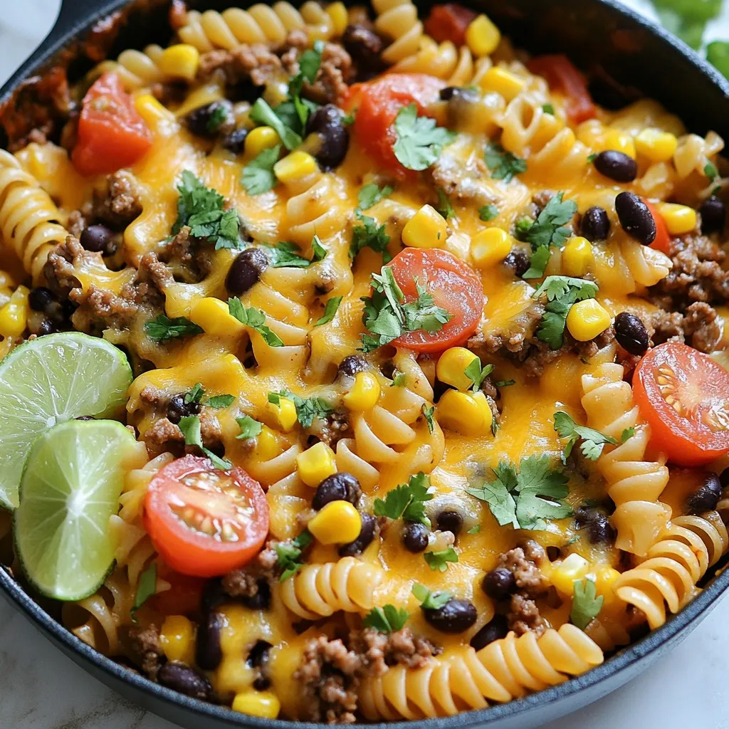 - 8 ounces of pasta (elbow macaroni or rotini work best) - 1 pound of ground beef or turkey - 1 packet of taco seasoning - 1 cup of diced tomatoes (fresh or canned) - 1 cup of sweet corn (canned or frozen) - 1 cup of black beans (rinsed and drained) - 1 cup of shredded cheddar cheese - 1 cup of beef or chicken broth - 1 tablespoon of olive oil - 1/2 teaspoon of garlic powder - 1/2 teaspoon of onion powder - Salt and pepper to taste You need these items to make a tasty cheesy taco pasta skillet. The pasta gives a fun texture. Ground beef or turkey adds protein. Taco seasoning brings bold flavors. Diced tomatoes add freshness. Sweet corn adds a nice crunch. Black beans boost fiber and heartiness. Cheddar cheese gives creaminess. Broth helps cook the pasta just right. Olive oil adds richness. Garlic and onion powders enhance the taste. Salt and pepper bring it all together. - Fresh cilantro - Lime wedges Garnishes can make your dish pop! Fresh cilantro adds a burst of flavor. Lime wedges give a zesty kick when squeezed over the top. - Use chicken or veggie broth instead of beef broth. - Swap ground turkey for ground beef for a lighter dish. - Try a different cheese like Monterey Jack for a twist. - Use quinoa or whole wheat pasta for a healthier option. These substitutes keep the dish fun and fresh. You can change the flavors based on what you have. It's all about making it work for you! {{ingredient_image_2}} Start with a large skillet. Pour in one tablespoon of olive oil and heat it over medium. Add one pound of ground beef or turkey to the skillet. Use a wooden spoon to break the meat into small pieces. Cook the meat until it turns brown, which takes about 5 to 7 minutes. If there is extra fat, carefully drain it from the pan. Next, sprinkle one packet of taco seasoning over the meat. Mix it well to coat the meat evenly. Now it’s time to add more flavor. Pour in one cup of diced tomatoes, one cup of sweet corn, and one cup of black beans. Make sure the beans are rinsed and drained. Add one cup of beef or chicken broth to the mix. For extra taste, add half a teaspoon of garlic powder and half a teaspoon of onion powder. Season with salt and pepper to taste. Stir everything together until all the ingredients are well combined. Increase the heat until the mixture starts to boil. Once it is boiling, add 8 ounces of pasta. You can use elbow macaroni or rotini; both work well. Make sure the pasta is fully submerged in the liquid. Now, cover the skillet and turn the heat down to low. Let it simmer for about 10 to 12 minutes. Stir occasionally to prevent the pasta from sticking. When the pasta is tender, turn off the heat. Finally, stir in one cup of shredded cheddar cheese until it melts into a creamy sauce. To keep pasta firm, set a timer. Cook it for just 1-2 minutes less than the package says. When you add the pasta to the skillet, it will cook more in the sauce. Stir it often to prevent sticking. Taste a piece to check for doneness. It should be al dente, which means slightly firm. Use a large skillet for this meal. A wooden spoon helps mix ingredients well. A timer is handy for tracking cooking times. A measuring cup ensures you add the right amount of broth and other liquids. A spatula is great for serving the food once it's done. Add fresh herbs like cilantro for a fresh touch. Squeeze lime juice over the dish for a zesty kick. Consider using smoked paprika for a deeper flavor. You can also mix in some diced peppers or jalapeños if you like heat. These simple tweaks make your meal even more tasty. Pro Tips Use High-Quality Taco Seasoning: Opt for a premium taco seasoning mix to enhance the flavor of your dish. Homemade seasoning can also provide a fresher taste. Customize Your Protein: Feel free to substitute ground beef or turkey with other proteins like chicken or even plant-based options for a healthier twist. Make It Creamier: For an extra creamy texture, add a splash of heavy cream or cream cheese along with the cheese before serving. Garnish for Flavor: Don't skip the fresh cilantro and lime juice; they add a burst of freshness that elevates the entire dish. {{image_4}} You can make a tasty vegetarian version. Swap the ground beef or turkey for a mix of black beans and lentils. Use the same taco seasoning for that great flavor. Add extra veggies like bell peppers or zucchini for more texture. This change keeps it hearty and satisfying. Want to switch it up? Try different pasta types. Penne or fusilli will work great too. For protein, you can use shredded chicken or even crumbled tofu. If you like more veggies, toss in spinach or diced carrots. Each swap brings new flavors to your dish. If you like it spicy, add some diced jalapeños or a pinch of cayenne pepper. You can also use spicy taco seasoning instead. For a milder kick, stir in some hot sauce at the end. Adjust the heat to suit your taste buds. Enjoy the zest! To keep your Cheesy Taco Pasta Skillet fresh, let it cool first. This helps prevent condensation. Use an airtight container to store it. Place the container in the fridge. It can last for up to three days. If you need it longer, consider freezing. When it's time to eat, reheat in a skillet. Add a splash of broth to keep it moist. Heat it on medium until warmed through. Stir often to avoid burning. You can also use the microwave. Just cover it and heat for 1-2 minutes, stirring halfway. Freezing is a great option for this dish. Scoop portions into freezer-safe containers. Leave a little space at the top for expansion. Seal tightly and label with the date. It will keep well for up to three months. When ready to eat, thaw overnight in the fridge before reheating. Yes, you can use whole wheat pasta. It adds a nutty taste and is healthier. Whole wheat pasta cooks a bit differently, so check the package for cooking times. Adjust the broth if needed. To spice things up, add chopped jalapeños or a dash of hot sauce. You can also use spicy taco seasoning. For more heat, try adding cayenne pepper or crushed red pepper flakes. Start with a little, then taste before adding more. This dish pairs well with a fresh green salad or tortilla chips. You can also serve it with guacamole or salsa on the side. Sour cream adds creaminess, while lime wedges give a zesty kick. Enjoy it with your favorite toppings! In this blog post, I explored how to make a cheesy taco pasta skillet. We discussed key ingredients, optional garnishes, and some substitutes. You learned step-by-step cooking methods, tips to avoid overcooked pasta, and tools that make cooking easier. I shared ways to adapt the dish, storage tips, and answered common questions. This meal is fun, easy, and can fit many tastes. Enjoy making this dish for a quick and tasty dinner!