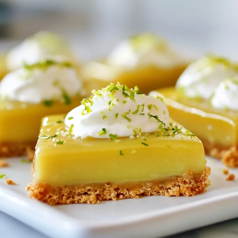 To make these refreshing Key Lime Pie Bars, you will need the following ingredients: - 1 ½ cups graham cracker crumbs - ½ cup unsweetened shredded coconut - ½ cup unsalted butter, melted - 1/3 cup granulated sugar - 1 can (14 oz) sweetened condensed milk - ¾ cup fresh key lime juice (approximately 10 key limes) - Zest of 2 key limes - 3 large egg yolks - 1 teaspoon vanilla extract - Pinch of salt - Whipped cream for topping (optional) If you don’t have certain ingredients, don't worry! You can swap some items without losing flavor. Try these options: - Graham cracker crumbs: Use crushed digestive biscuits or even vanilla wafers. - Unsweetened shredded coconut: If you dislike coconut, leave it out or use ground almonds. - Sweetened condensed milk: You can make a quick version by mixing milk with sugar, but it might change the texture. - Key limes: Regular limes work too, but they will change the taste a bit. Using fresh key limes makes a big difference. Fresh juice has a bright, zesty flavor. It gives your bars a tang that bottled juice just can't match. Fresh limes also have a nice aroma and vibrant color. Plus, the zest adds an extra pop of citrus flavor. If you can, always choose fresh limes. Your taste buds will thank you! {{ingredient_image_2}} To start, preheat your oven to 350°F (175°C). Grab an 8x8-inch baking pan and line it with parchment paper. Leave some paper hanging over the sides. This helps you lift the bars out later. In a medium bowl, mix together 1 ½ cups of graham cracker crumbs, ½ cup of unsweetened shredded coconut, ½ cup of melted unsalted butter, and 1/3 cup of granulated sugar. Stir until it looks crumbly. When pressed together, it should hold its shape. Next, press this mixture firmly into the bottom of your prepared baking pan. Make sure it is even and flat. Bake it in your preheated oven for 8 to 10 minutes. Look for a light golden color. Once done, take it out and let it cool completely. While your crust cools, you can make the filling. In a separate bowl, whisk together one can of sweetened condensed milk, ¾ cup of fresh key lime juice, the zest from 2 key limes, 3 large egg yolks, 1 teaspoon of vanilla extract, and a pinch of salt. Mix until it is smooth. This filling brings that tangy key lime flavor to your bars. Make sure to combine everything well for a great taste. Now, pour the key lime filling over your cooled crust. Spread it out evenly with a spatula. Return the pan to the oven and bake for 15 to 20 minutes. The filling should be set but still slightly jiggly in the center. After baking, take the pan out and let it cool at room temperature for about 30 minutes. Then, move it to the fridge and chill for at least 2 hours. This helps the bars set completely. Once chilled, use the parchment paper to lift the bars out of the pan. Carefully cut them into squares. Enjoy your tasty key lime pie bars! When making Key Lime Pie Bars, avoid these common mistakes: - Using bottled lime juice: Fresh key limes give the best flavor. Bottled juice lacks the bright taste. - Skipping the zest: Lime zest adds a burst of flavor. Don't skip this step for a better taste. - Underbaking the filling: A slightly jiggly center is okay, but the filling should not be runny. Bake until it sets just right. To find the perfect balance, follow these tips: - Use the right lime juice: Fresh key lime juice is tart. This tanginess pairs well with sweetened condensed milk. - Adjust the sugar: Taste the filling mix before baking. If it’s too tart, add a little more sugar. - Add a pinch of salt: Salt enhances flavors. Just a pinch can make your bars taste great. For the best cutting and serving, do this: - Chill well: After baking, cool the bars for at least 2 hours. This helps them set up firm. - Use a sharp knife: A sharp knife cuts cleanly. Wipe it with a damp cloth between cuts for neat edges. - Top with whipped cream: For a lovely finish, add a dollop of whipped cream and a sprinkle of lime zest before serving. Pro Tips Use Fresh Key Limes: For the best flavor, always use fresh key limes instead of bottled juice. The fresh zest and juice will elevate the taste of your bars. Chill Before Serving: Allowing the bars to chill for at least 2 hours helps the filling set properly, ensuring a clean cut and a refreshing bite. Adjust Sweetness: If you prefer a less sweet filling, reduce the amount of sweetened condensed milk slightly, but be aware this may affect the texture. Add Extra Coconut: For a more tropical flavor, consider adding an additional ¼ cup of unsweetened shredded coconut to the crust or the filling. {{image_4}} You can add fun flavors to your Key Lime Pie Bars. One great idea is to mix in coconut. Use ½ cup of unsweetened shredded coconut, just like in the crust. This adds a nice tropical twist. You could also try berry swirls. Add a few spoonfuls of raspberry or blueberry puree to the filling. Swirl it in gently before baking. This makes the bars look pretty and adds a new taste. Want a gluten-free version? Swap graham crackers for gluten-free graham crumbs. Check the package for the right amount. For a dairy-free option, use coconut milk instead of sweetened condensed milk. Make sure to pick a coconut milk that is thick and creamy. This keeps the texture nice. You can still enjoy this treat while sticking to your diet. If you like your desserts less sweet, you can change the sugar amount. Try cutting the granulated sugar down to ¼ cup. You can also taste the filling before baking. If it needs more sweetness, just add a little extra sugar. Remember to mix well after each addition. This way, you get the perfect balance for your taste. To keep your Key Lime Pie Bars fresh, store them in the fridge. Use an airtight container. Place parchment paper between bars to avoid sticking. This method keeps their texture and flavor intact. You can freeze these bars for longer storage. First, cut them into squares. Wrap each square tightly in plastic wrap. Then, place them in a freezer-safe bag. When ready to eat, thaw them in the fridge overnight. This helps maintain their taste and texture. If stored properly, Key Lime Pie Bars last about a week in the fridge. In the freezer, they can last up to three months. Always check for any signs of spoilage before enjoying. If they smell off or look different, it’s best to throw them out. If you can't find key limes, you can use regular limes. They will give a similar taste, but the flavor may be a bit less sweet. You can also mix lime juice with a bit of lemon juice for a nice twist. Yes, you can make these bars a day or two in advance. Just chill them in the fridge until you're ready to serve. They taste even better after sitting for a bit, as the flavors meld together. To check if the filling is set, look for a slight jiggle in the center. The edges should look firm and the top should be shiny. If it jiggles too much, give it a few more minutes in the oven. Remember, it will firm up as it cools. You learned how to make Key Lime Pie Bars from fresh ingredients to baking tips. Fresh key limes bring out the best flavor. Remember to avoid common mistakes for perfect bars. Also, explore variations for fun twists. Store your bars well to keep them fresh. Key Lime Pie Bars are easy and rewarding. With some practice, you'll master them. Enjoy the sweet and tangy treat!