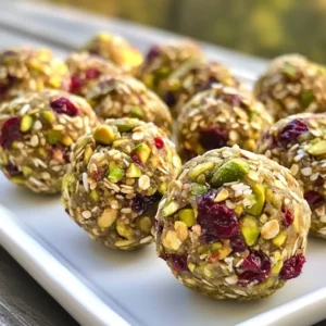 To make these tasty energy bites, gather these main ingredients: - 1 cup rolled oats - 1/2 cup almond butter - 1/3 cup honey or maple syrup - 1/2 cup dried cranberries, roughly chopped - 1/2 cup shelled pistachios, roughly chopped - 1/4 teaspoon vanilla extract - 1/4 teaspoon salt These ingredients work together to create a chewy and satisfying snack. The oats give you fiber, while the nuts add protein and healthy fats. You can add flavor with these optional ingredients: - 1/4 cup dark chocolate chips (dairy-free if preferred) Adding chocolate chips can make these bites even more fun. They give a nice sweet touch and a rich flavor. Use high-quality ingredients for the best taste. Fresh nuts will have a crisper bite and better flavor. Choose organic dried cranberries without added sugar for a healthier option. The almond butter should be creamy and smooth, which helps blend the mixture. Always check for allergens if you share these bites with others. Enjoy making these bites with the best ingredients for a winning snack! {{ingredient_image_2}} Start by gathering your ingredients. In a large bowl, combine 1 cup of rolled oats, 1/2 cup of roughly chopped dried cranberries, and 1/2 cup of chopped pistachios. Mix them well. This step ensures every bite has a good balance of oats, cranberries, and nuts. In a separate bowl, mix 1/2 cup of almond butter, 1/3 cup of honey or maple syrup, 1/4 teaspoon of vanilla extract, and 1/4 teaspoon of salt. Whisk this mixture until it is smooth. This blend adds flavor and helps bind the ingredients together. Now, pour the wet mixture into the dry ingredients. Use a spatula or wooden spoon to stir everything together. Make sure all the dry ingredients get well-coated. If you want to add dark chocolate chips, fold them in now. Take small portions of the mixture and roll them into balls about 1 inch wide. If the mixture is too sticky, dampen your hands with a little water. This helps shape the bites without making a mess. Place the rolled energy bites on a baking sheet lined with parchment paper. Make sure they have some space between them. Put the baking sheet in the fridge for at least 30 minutes. This step firms up the bites. Once chilled, enjoy them as a quick snack or store them in an airtight container in the fridge for up to a week. You can change the sweetness of your energy bites. If you like them less sweet, use less honey or maple syrup. Try adding a bit more oats to balance flavors. For a sweeter taste, increase the honey or syrup. Dark chocolate chips add extra sweetness too. Experiment until you find your perfect balance. If your mixture sticks to your hands, dampen them with water. This simple trick helps form perfect balls. You can also chill the mixture for 10 minutes before rolling. This makes it easier to handle. A light dusting of oats on your hands can help, too. Make your energy bites look great on a plate. Arrange them in a circle or stack them high. A mason jar adds a fun touch and keeps them fresh. Sprinkle extra chopped pistachios or cranberries on top for color. This small detail makes your snacks more inviting and special. Pro Tips Customize Your Sweetener: You can experiment with different sweeteners like agave syrup or coconut nectar for a unique flavor profile. Make It Nut-Free: Substitute almond butter with sunflower seed butter to make these energy bites suitable for nut-free diets. Add Protein: Boost the nutritional value by incorporating a scoop of your favorite protein powder into the mixture. Store for Freshness: To keep your energy bites fresh longer, consider freezing them in an airtight container. They can be thawed as needed. {{image_4}} You can change the nuts in these energy bites. Try walnuts, almonds, or cashews. Each nut adds a new flavor and texture. For seeds, consider chia or flaxseeds. They boost nutrition and add crunch. Just keep the total amount of nuts and seeds the same. This keeps the bites balanced and tasty. If you want to switch up the sweetener, you have options. Maple syrup or agave syrup works well. You can also use stevia or coconut sugar for a low-calorie choice. Each sweetener changes the taste a bit, so feel free to experiment. Just remember to use a similar amount as honey in the recipe. Spices can take your energy bites to the next level. Try adding cinnamon for warmth or nutmeg for a cozy touch. A pinch of ginger gives a spicy kick. You can also use cocoa powder for a chocolatey taste. Mix and match spices to find your favorite flavor combo. These simple swaps keep your snacks exciting and fun! To keep your cranberry pistachio energy bites fresh, store them in an airtight container. This keeps moisture out and helps maintain their texture. I recommend placing a piece of parchment paper between layers if stacking them. This prevents sticking and makes it easier to grab a bite when you want a snack. When stored properly, these energy bites can last up to a week in the fridge. However, for the best flavor and texture, try to eat them within five days. If you notice any changes in smell or appearance, it&rsquo;s best to toss them out. Trust your senses! If you want to save some for later, freezing is a great option. First, arrange the formed energy bites on a baking sheet in a single layer. Freeze them for about an hour until they are firm. Then, transfer them to a freezer-safe bag or container. They can last up to three months in the freezer. When you&rsquo;re ready to eat, just pull out a few and let them thaw in the fridge or at room temperature. Enjoy your tasty treats whenever you like! Cranberry pistachio energy bites last about one week in the fridge. Store them in an airtight container. This keeps them fresh and ready for snacking. Yes, you can make these energy bites vegan. Replace honey with maple syrup. Make sure to use dairy-free dark chocolate chips if you add them. You can use peanut butter or sunflower seed butter as an alternative. Both give a nice flavor and texture. Just check for allergies before you substitute. Yes, you can make nut-free bites. Use sunflower seed butter instead of almond butter. Replace pistachios with seeds like pumpkin or sunflower seeds. To make these energy bites gluten-free, use certified gluten-free oats. This ensures they are safe for everyone with gluten sensitivities. Always check labels for any hidden gluten sources. Cranberry pistachio energy bites are easy to make and fun to customize. You learned about main and optional ingredients, plus quality tips. The steps to mix, form, and chill the bites ensure success. I shared practical tips for sweetness and presentation, along with tasty variations. Lastly, proper storage keeps them fresh for weeks. Enjoy this healthy treat, and let your creativity shine in the kitchen!