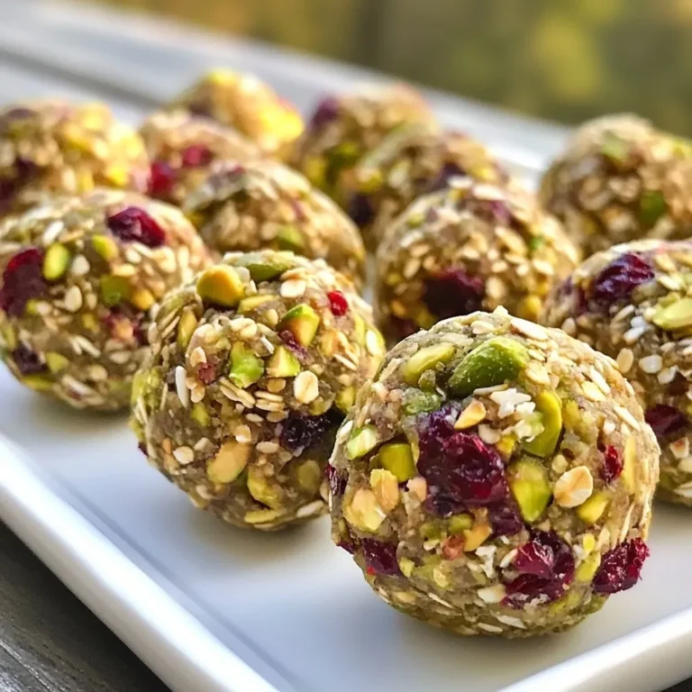 To make these tasty energy bites, gather these main ingredients: - 1 cup rolled oats - 1/2 cup almond butter - 1/3 cup honey or maple syrup - 1/2 cup dried cranberries, roughly chopped - 1/2 cup shelled pistachios, roughly chopped - 1/4 teaspoon vanilla extract - 1/4 teaspoon salt These ingredients work together to create a chewy and satisfying snack. The oats give you fiber, while the nuts add protein and healthy fats. You can add flavor with these optional ingredients: - 1/4 cup dark chocolate chips (dairy-free if preferred) Adding chocolate chips can make these bites even more fun. They give a nice sweet touch and a rich flavor. Use high-quality ingredients for the best taste. Fresh nuts will have a crisper bite and better flavor. Choose organic dried cranberries without added sugar for a healthier option. The almond butter should be creamy and smooth, which helps blend the mixture. Always check for allergens if you share these bites with others. Enjoy making these bites with the best ingredients for a winning snack! {{ingredient_image_2}} Start by gathering your ingredients. In a large bowl, combine 1 cup of rolled oats, 1/2 cup of roughly chopped dried cranberries, and 1/2 cup of chopped pistachios. Mix them well. This step ensures every bite has a good balance of oats, cranberries, and nuts. In a separate bowl, mix 1/2 cup of almond butter, 1/3 cup of honey or maple syrup, 1/4 teaspoon of vanilla extract, and 1/4 teaspoon of salt. Whisk this mixture until it is smooth. This blend adds flavor and helps bind the ingredients together. Now, pour the wet mixture into the dry ingredients. Use a spatula or wooden spoon to stir everything together. Make sure all the dry ingredients get well-coated. If you want to add dark chocolate chips, fold them in now. Take small portions of the mixture and roll them into balls about 1 inch wide. If the mixture is too sticky, dampen your hands with a little water. This helps shape the bites without making a mess. Place the rolled energy bites on a baking sheet lined with parchment paper. Make sure they have some space between them. Put the baking sheet in the fridge for at least 30 minutes. This step firms up the bites. Once chilled, enjoy them as a quick snack or store them in an airtight container in the fridge for up to a week. You can change the sweetness of your energy bites. If you like them less sweet, use less honey or maple syrup. Try adding a bit more oats to balance flavors. For a sweeter taste, increase the honey or syrup. Dark chocolate chips add extra sweetness too. Experiment until you find your perfect balance. If your mixture sticks to your hands, dampen them with water. This simple trick helps form perfect balls. You can also chill the mixture for 10 minutes before rolling. This makes it easier to handle. A light dusting of oats on your hands can help, too. Make your energy bites look great on a plate. Arrange them in a circle or stack them high. A mason jar adds a fun touch and keeps them fresh. Sprinkle extra chopped pistachios or cranberries on top for color. This small detail makes your snacks more inviting and special. Pro Tips Customize Your Sweetener: You can experiment with different sweeteners like agave syrup or coconut nectar for a unique flavor profile. Make It Nut-Free: Substitute almond butter with sunflower seed butter to make these energy bites suitable for nut-free diets. Add Protein: Boost the nutritional value by incorporating a scoop of your favorite protein powder into the mixture. Store for Freshness: To keep your energy bites fresh longer, consider freezing them in an airtight container. They can be thawed as needed. {{image_4}} You can change the nuts in these energy bites. Try walnuts, almonds, or cashews. Each nut adds a new flavor and texture. For seeds, consider chia or flaxseeds. They boost nutrition and add crunch. Just keep the total amount of nuts and seeds the same. This keeps the bites balanced and tasty. If you want to switch up the sweetener, you have options. Maple syrup or agave syrup works well. You can also use stevia or coconut sugar for a low-calorie choice. Each sweetener changes the taste a bit, so feel free to experiment. Just remember to use a similar amount as honey in the recipe. Spices can take your energy bites to the next level. Try adding cinnamon for warmth or nutmeg for a cozy touch. A pinch of ginger gives a spicy kick. You can also use cocoa powder for a chocolatey taste. Mix and match spices to find your favorite flavor combo. These simple swaps keep your snacks exciting and fun! To keep your cranberry pistachio energy bites fresh, store them in an airtight container. This keeps moisture out and helps maintain their texture. I recommend placing a piece of parchment paper between layers if stacking them. This prevents sticking and makes it easier to grab a bite when you want a snack. When stored properly, these energy bites can last up to a week in the fridge. However, for the best flavor and texture, try to eat them within five days. If you notice any changes in smell or appearance, it’s best to toss them out. Trust your senses! If you want to save some for later, freezing is a great option. First, arrange the formed energy bites on a baking sheet in a single layer. Freeze them for about an hour until they are firm. Then, transfer them to a freezer-safe bag or container. They can last up to three months in the freezer. When you’re ready to eat, just pull out a few and let them thaw in the fridge or at room temperature. Enjoy your tasty treats whenever you like! Cranberry pistachio energy bites last about one week in the fridge. Store them in an airtight container. This keeps them fresh and ready for snacking. Yes, you can make these energy bites vegan. Replace honey with maple syrup. Make sure to use dairy-free dark chocolate chips if you add them. You can use peanut butter or sunflower seed butter as an alternative. Both give a nice flavor and texture. Just check for allergies before you substitute. Yes, you can make nut-free bites. Use sunflower seed butter instead of almond butter. Replace pistachios with seeds like pumpkin or sunflower seeds. To make these energy bites gluten-free, use certified gluten-free oats. This ensures they are safe for everyone with gluten sensitivities. Always check labels for any hidden gluten sources. Cranberry pistachio energy bites are easy to make and fun to customize. You learned about main and optional ingredients, plus quality tips. The steps to mix, form, and chill the bites ensure success. I shared practical tips for sweetness and presentation, along with tasty variations. Lastly, proper storage keeps them fresh for weeks. Enjoy this healthy treat, and let your creativity shine in the kitchen!
