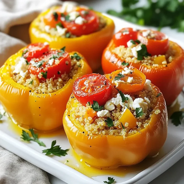 To make Mediterranean quinoa stuffed peppers, gather these simple ingredients: - 4 large bell peppers - 1 cup quinoa - 2 cups vegetable broth - 1 cup cherry tomatoes - 1 cup canned chickpeas - 1/2 cup feta cheese - 1/4 cup Kalamata olives - 1/4 cup red onion - 2 cloves garlic - 1 teaspoon dried oregano - 1/2 teaspoon ground cumin - 2 tablespoons extra virgin olive oil - Salt and pepper to taste - Fresh parsley for garnish Each ingredient brings its own flavor and texture. The bell peppers add crunch and sweetness. Quinoa serves as a great base, packed with protein. The chickpeas offer a hearty bite, while feta adds creaminess. Fresh herbs and spices boost the taste and aroma. You can mix and match some ingredients too. Love spicy? Add jalapeños. Want a twist? Use different cheese. The key is to balance flavors and make it your own. Enjoy the process of creating a delicious meal! {{ingredient_image_2}} First, you need to preheat your oven to 375°F (190°C). This step warms the oven so the peppers cook evenly. Next, take your large bell peppers. Carefully slice off the tops and remove the seeds and membranes. Make sure to keep the peppers intact. Then, brush the outside of each pepper with olive oil. This helps them get a nice color and flavor. Finally, sprinkle a bit of salt and pepper on each pepper. Place them upright in a baking dish. In a medium saucepan, bring 2 cups of vegetable broth to a rolling boil. This broth adds flavor and nutrients. Once it boils, add 1 cup of rinsed quinoa. Stir it gently, then reduce the heat to low. Cover the saucepan with a lid and let it simmer for about 15 minutes. The quinoa will absorb the broth and become fluffy. While the quinoa cooks, heat 2 tablespoons of olive oil in a skillet over medium heat. Once hot, add the finely chopped red onion and minced garlic. Sauté these for about 3-4 minutes. Stir them often until the onion is tender and clear. This step builds a lovely base of flavor for your filling. In a large mixing bowl, combine the fluffy quinoa with the sautéed onions and garlic. Then add 1 cup of halved cherry tomatoes, 1 cup of drained and rinsed chickpeas, 1/2 cup of crumbled feta cheese, and 1/4 cup of sliced Kalamata olives. Also, include 1 teaspoon of dried oregano, 1/2 teaspoon of ground cumin, and season with salt and pepper. Gently mix everything together until evenly combined. Now, carefully spoon the quinoa mixture into each bell pepper. Pack the filling in gently, but make sure they are heaped full. This helps ensure every bite is packed with flavor. Cover the baking dish with aluminum foil. This keeps moisture in while baking. Place the dish in the preheated oven and bake for 25 minutes. After that, remove the foil and bake for another 10 minutes. This final step allows the peppers to become fork-tender. Once baked, take the dish out of the oven and let it cool for a few minutes. Before serving, add some chopped fresh parsley on top for a pop of color. - To ensure quinoa is fluffy, rinse it well before cooking. This removes the bitter coating. - Boil vegetable broth and then add the rinsed quinoa. Cover and simmer for about 15 minutes. This will help the quinoa absorb all the flavors. - For optimal seasoning, mix salt and pepper into the quinoa mixture. Taste it before stuffing the peppers. - Arrange your stuffed peppers on a large platter to create an inviting display. This makes your meal look more appealing. - Garnish with fresh parsley for added color and flavor. A drizzle of olive oil can also enhance the look. - Avoid overstuffing the peppers. This can lead to uneven cooking and a messy presentation. - Make sure to season the filling well. If the filling lacks flavor, the whole dish may taste bland. Pro Tips Choose Colorful Peppers: Select a mix of red, yellow, and green bell peppers for a vibrant presentation and a variety of flavors. Extra Protein: For an added protein boost, consider mixing in some cooked ground turkey or chicken into the quinoa filling. Make Ahead: Prepare the stuffed peppers a day in advance and store them in the refrigerator. Simply bake them when you're ready to serve. Experiment with Cheese: Try substituting the feta cheese with goat cheese or mozzarella for a different flavor profile. {{image_4}} You can swap out feta cheese for goat cheese or mozzarella. Both options melt nicely. If you want a dairy-free version, try cashew cheese or nutritional yeast for a cheesy flavor. Adding different vegetables can enhance the dish. You might include diced zucchini, mushrooms, or spinach for extra nutrients. These veggies mix well with the quinoa and add great taste. For a vegan version, skip the feta cheese and use chickpeas for protein. You can also replace the vegetable broth with water. This keeps your stuffed peppers plant-based and still tasty. If you need gluten-free options, you’re in luck! Quinoa is gluten-free. Just check that any broth or added ingredients are also gluten-free. This way, everyone can enjoy the meal. Want more heat? You can add crushed red pepper flakes or cayenne pepper to the quinoa mix. Start with a little and taste as you go. This helps keep the spice level just right for your crowd. Incorporating spicy vegetables like jalapeños or serrano peppers gives extra flavor. You can add them to the filling for a nice kick. Just remember to adjust the other spices to keep balance in the dish. To keep your Mediterranean quinoa stuffed peppers fresh, store any leftovers in an airtight container. This method helps prevent moisture loss and keeps flavors intact. You can safely keep them in the fridge for up to three days. When you’re ready to eat, just take them out and warm them up. If you want to save some stuffed peppers for later, freezing is a great option. First, let them cool completely before packing them in freezer-safe bags. Remove as much air as possible to avoid freezer burn. They can last for up to three months in the freezer. When you’re ready to enjoy, thaw them overnight in the fridge. For reheating, I recommend the oven over the microwave. The oven helps maintain the peppers’ shape and texture. Preheat your oven to 350°F (175°C), then place the peppers in a baking dish. Cover them with foil and heat for about 20 minutes. If using the microwave, place them in a microwave-safe dish. Heat in short bursts of 1-2 minutes until warm. You can use a few other grains if you want a change. Here are some options: - Brown rice - Bulgur wheat - Barley - Farro If you prefer a non-grain option, try these: - Cauliflower rice - Lentils - Chopped mushrooms These substitutes can provide different textures and flavors. Adjust cooking times as needed. Yes, you can prep stuffed peppers in advance. Here’s how: - Prepare the filling and stuff the peppers. - Cover them tightly with plastic wrap or foil. - Store in the fridge for up to 24 hours before baking. For storage, keep leftovers in an airtight container in the fridge. They should last about 3-4 days. To reheat, place them in a preheated oven at 350°F (175°C) for 15 minutes, or until warm. Check for doneness by poking a pepper with a fork. The fork should easily pierce through the skin. Here are signs of perfectly cooked stuffed peppers: - They should be tender, but not mushy. - The filling should be heated through. - The tops may be slightly browned. These signs will help ensure your stuffed peppers are delicious and ready to serve! Stuffed peppers are a tasty, healthy meal that brings many flavors together. You learned how to prepare these peppers, cook quinoa, and mix a flavorful filling. With tips on presentation and common mistakes to avoid, you can make a great dish. Remember, you can customize your stuffed peppers with different ingredients or spice levels. Don't forget to store leftovers properly! Enjoy cooking and share your new skills with others.