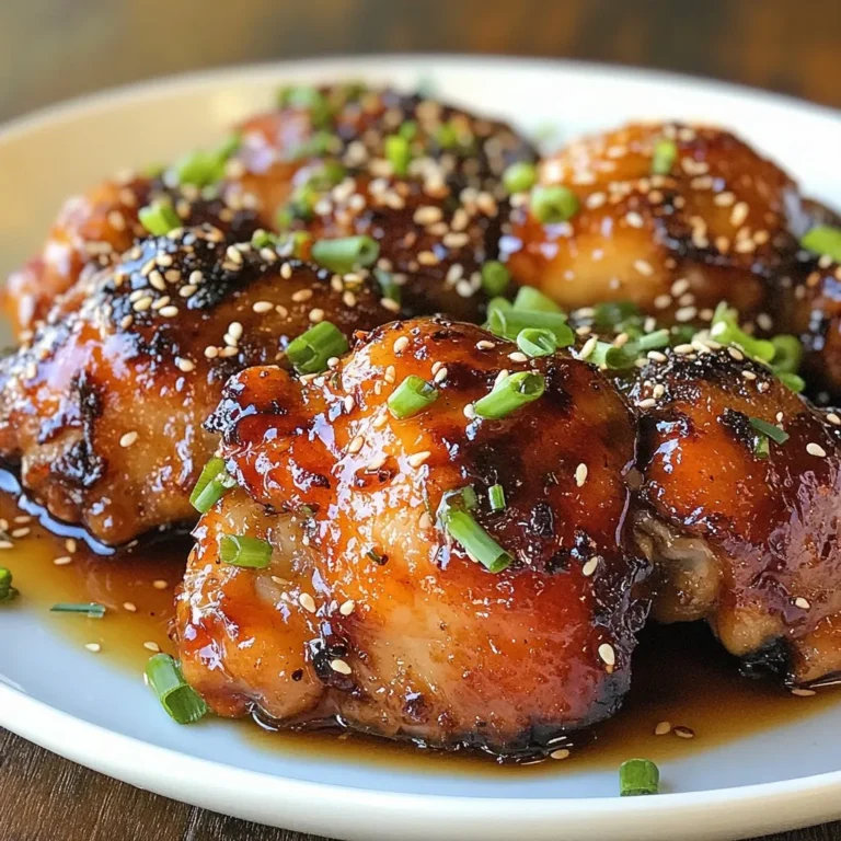 - 4 bone-in chicken thighs, skin-on - 1/4 cup honey - 1/4 cup soy sauce - 4 cloves garlic, minced - 1 tablespoon fresh ginger, grated - 2 teaspoons sesame oil - 1 teaspoon red pepper flakes (optional for heat) - Salt and freshly cracked black pepper to taste - 2 tablespoons chopped green onions for garnish - Sesame seeds for garnish You can swap bone-in thighs for boneless ones if you prefer. Use maple syrup instead of honey for a different flavor. Coconut aminos can replace soy sauce for a gluten-free option. If you lack fresh ginger, ground ginger works too. For garlic lovers, extra minced garlic is always a welcome addition. When measuring liquids like honey and soy sauce, ensure your measuring cup is level for accuracy. For solid items, like chicken thighs, use a kitchen scale if needed. Each thigh typically weighs about 6-8 ounces. The optional red pepper flakes add a slight kick, but adjust according to your taste. For the best results, use fresh ingredients whenever possible. {{ingredient_image_2}} 1. Preheat your oven to 400°F (200°C). This is key for crispy skin. 2. In a large bowl, mix together the honey, soy sauce, minced garlic, grated ginger, sesame oil, salt, black pepper, and red pepper flakes if you like heat. Whisk until combined. 3. Add the chicken thighs to the bowl. Make sure each piece is well-coated with the marinade. Cover the bowl and let it sit at room temperature for 30 minutes. For stronger flavor, refrigerate for up to 2 hours. 1. Line a baking sheet with parchment paper. This will help with cleanup. 2. Place the marinated chicken thighs skin side up on the baking sheet. Reserve any leftover marinade for later. 3. Bake the chicken for 30 to 35 minutes. Halfway through, baste the chicken with the reserved marinade. This adds flavor and makes a sticky glaze. 4. Check that the chicken's internal temperature reaches 165°F (74°C). The skin should look crispy and golden. 1. After baking, let the chicken rest for 5 minutes. This keeps the juices inside, making it tender. 2. Just before serving, sprinkle chopped green onions and sesame seeds on top. This adds crunch and freshness. 3. Serve the thighs on a platter with steamed rice or your favorite stir-fried veggies. Enjoy your tasty dish! Marinating chicken thighs makes them tasty and tender. Use a mix of honey, soy sauce, garlic, ginger, and sesame oil. Make sure to coat each piece well. I recommend letting the chicken marinate for at least 30 minutes at room temperature. For stronger flavor, marinate for up to 2 hours in the fridge. This wait allows the flavors to soak into the meat. To get that crispy skin, start by preheating your oven to 400°F (200°C). Place the chicken thighs skin side up on a lined baking sheet. The skin should face the heat. Basting with the marinade halfway through helps keep the skin moist while it cooks. This method gives you a gorgeous, golden crust. Want to kick it up a notch? Add red pepper flakes for heat or fresh herbs like thyme or rosemary. You can also try using different types of honey, like wildflower or clover, for unique flavors. Finally, garnishing with green onions and sesame seeds adds a nice crunch and boosts the dish's look. Pro Tips Marinate Longer for More Flavor: For the best flavor, consider marinating the chicken thighs for a few hours or even overnight in the refrigerator. This allows the flavors to penetrate the meat more deeply. Use a Meat Thermometer: To ensure your chicken is perfectly cooked, use a meat thermometer to check the internal temperature, which should reach 165°F (74°C). Adjust Sweetness: If you prefer a less sweet dish, reduce the amount of honey and balance it out with a bit more soy sauce or vinegar for acidity. Save the Drippings: Don't discard the drippings left on the baking sheet after cooking. They can be used to make a delicious sauce by adding a bit of broth and reducing it on the stove. {{image_4}} To switch up the flavor, try different marinades. You can mix maple syrup with soy sauce for a sweet twist. Another option is using teriyaki sauce, which brings a richer taste. If you prefer a spicy kick, add sriracha or chili paste to the honey mix. You can also use citrus juices like orange or lemon for a fresh zing. You can cook honey garlic chicken thighs in many ways. Baking is simple and gives crispy skin. Grilling adds a nice char and smoky flavor. If you want a faster method, try pan-searing them on the stove. Just make sure to finish cooking in the oven for even heat. You can also use a slow cooker. It makes the chicken very tender and full of flavor. Pair honey garlic chicken thighs with sides that balance the sweet and savory notes. Steamed rice is a great choice to soak up the sauce. Stir-fried vegetables add color and crunch. For a lighter option, serve with a fresh salad. You can also add some roasted potatoes for a heartier meal. Don't forget to sprinkle extra green onions and sesame seeds on top for a beautiful finish. After cooking your honey garlic chicken thighs, it's best to store them in the fridge. Allow the chicken to cool down first. Place the chicken in an airtight container. This keeps the chicken fresh and tasty. Properly stored, it lasts up to four days. If you want to keep the chicken longer, freezing is a great option. First, let the chicken cool completely. Wrap each thigh tightly in plastic wrap. Then, place them in a freezer-safe bag. Squeeze out as much air as possible. They can stay frozen for up to three months. When you're ready to eat, just thaw them in the fridge overnight. To reheat, I recommend using the oven for the best results. Preheat your oven to 350°F (175°C). Place the chicken thighs on a baking sheet. Cover them with foil to keep moisture in. Heat for about 20 minutes, or until they reach 165°F (74°C). If you want crispy skin, remove the foil for the last few minutes. Enjoy your flavorful meal again! You should marinate chicken thighs for at least 30 minutes. For better flavor, refrigerate them for up to 2 hours. The longer you marinate, the more the chicken absorbs the sweet and savory honey garlic mix. Yes, you can use boneless chicken thighs. They cook faster than bone-in thighs. Adjust cooking time to about 25 to 30 minutes. Always check for an internal temperature of 165°F (74°C) to ensure they are safe to eat. Serve honey garlic chicken thighs with steamed rice or stir-fried veggies. These sides soak up the delicious sauce. You can also pair it with a fresh salad for a lighter meal. Add extra green onions and sesame seeds for a nice touch. This article covered all you need to know about preparing honey garlic chicken thighs. We explored the right ingredients, how to measure, and tasty substitutions. Step-by-step, I showed you how to prepare, cook, and serve this dish. Tips for the perfect crispy skin and flavor boosts were included, too. Don't forget about storage and reheating for later. With these details, you can create a delicious meal that impresses everyone. Enjoy cooking and sharing your tasty results!