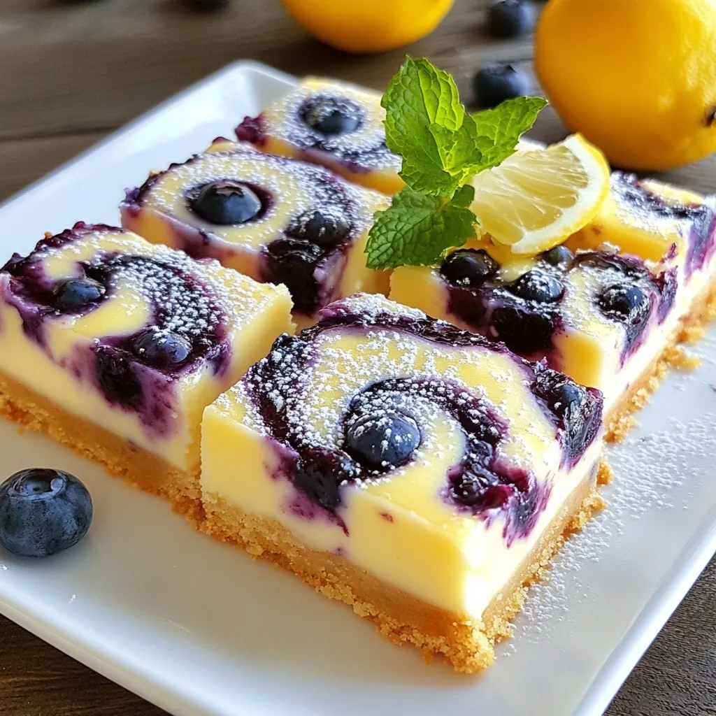 To make these tasty lemon blueberry cheesecake bars, gather these key ingredients: - 1 ½ cups graham cracker crumbs - ½ cup unsalted butter, melted - 2 tablespoons granulated sugar - 16 oz cream cheese, softened - 1 cup granulated sugar - 3 large eggs, at room temperature - Zest of 1 lemon - ¼ cup freshly squeezed lemon juice - 1 teaspoon pure vanilla extract - 1 cup fresh blueberries (plus extra for topping) - 1 tablespoon cornstarch Choosing the right ingredients makes a big difference. Here are my tips: - Graham Cracker Crumbs: Use fresh, finely crushed crumbs for a better crust. - Unsalted Butter: This gives you control over the salt in your bars. - Cream Cheese: Make sure it’s at room temperature. This helps it mix smoothly. - Fresh Blueberries: Look for plump, firm berries. They should be deep blue in color. - Lemon Juice: Always use fresh lemon juice for the best flavor. Bottled juice lacks the zing. You can switch things up to suit your taste. Here are some ideas: - Different Fruits: Try raspberries, strawberries, or peaches for a new twist. - Nut Crust: Blend nuts with your graham crackers for a crunchier base. - Dairy-Free Option: Use vegan cream cheese and a dairy-free butter substitute. - Sweetness Level: Adjust the sugar based on your preference. You can use less or add a sweetener. Feel free to mix and match ingredients. This recipe is flexible and fun! {{ingredient_image_2}} Start by preheating your oven to 325°F (160°C). Grab an 8x8-inch baking dish. Line it with parchment paper. Leave some paper hanging over the sides. This helps lift the bars out later. In a medium bowl, mix 1 ½ cups of graham cracker crumbs with ½ cup of melted butter. Add 2 tablespoons of granulated sugar. Stir until it looks like wet sand. Press this mixture firmly into the bottom of your baking dish. Make sure it’s even. Bake the crust for 10 minutes. Let it cool slightly while you make the filling. In a large bowl, beat 16 oz of softened cream cheese with an electric mixer. Mix on medium speed for 2-3 minutes until smooth and creamy. Gradually add 1 cup of granulated sugar, the zest of 1 lemon, and ¼ cup of lemon juice. Mix until smooth. Now, add 3 large eggs one at a time. Mix gently on low speed after each egg. Be careful not to overmix! Finally, gently fold in 1 cup of fresh blueberries and 1 tablespoon of cornstarch. Pour the cheesecake filling over the cooled crust. Spread it evenly with a spatula. Place the dish back in the oven and bake for 30-35 minutes. The edges should be firm, but the center should jiggle slightly. This means it will firm up as it cools. Let the bars cool in the pan at room temperature for about 1 hour. Then, refrigerate them for at least 4 hours, or overnight if you can. Once chilled, lift the cheesecake out using the parchment paper. Cut into squares with a sharp knife. Garnish each piece with more fresh blueberries before serving. Enjoy! When making Lemon Blueberry Cheesecake Bars, avoid overmixing the batter. Overmixing adds too much air, which can lead to cracks. Also, don’t skip the chilling time. Chilling helps the bars set properly. Lastly, be careful with the crust. It should be compact but not too hard. To get that smooth, creamy texture, start with room temperature cream cheese. Cold cream cheese will not blend well. Beat it until smooth before adding other ingredients. Mix in the eggs one at a time, and avoid overmixing after each addition. This keeps the texture just right. These cheesecake bars taste great on their own, but a few extras can make them even better. Serve them chilled with a dusting of powdered sugar. Fresh mint leaves add a nice touch too. You can also add a drizzle of lemon glaze for extra sweetness. Pro Tips Chill the Cream Cheese: Make sure your cream cheese is softened to room temperature for a smoother filling, as cold cream cheese can result in lumps. Don’t Overmix: When adding the eggs, mix just until combined to prevent cracking in the cheesecake after baking. Use Fresh Blueberries: Fresh blueberries not only taste better but also look more vibrant in your cheesecake bars; frozen berries can release excess moisture. Let Them Cool Completely: Allow the cheesecake bars to cool completely at room temperature before refrigerating for the best texture and flavor. {{image_4}} You can switch up the flavors in your lemon blueberry cheesecake bars. Try using different fruits like raspberries, strawberries, or blackberries. Each fruit brings its own taste, making the bars unique. If you want a tropical twist, add mango or passion fruit. You can also mix fruits for a fun surprise in every bite. If you want a lighter treat, swap some ingredients for healthier options. Use low-fat cream cheese instead of regular cream cheese. You can also use Greek yogurt to add a creamy texture while cutting calories. For the crust, try whole-grain graham cracker crumbs. This change adds fiber and nutrients without losing flavor. You can even use honey or maple syrup instead of sugar to sweeten the filling naturally. If you want to skip the oven, you can make no-bake lemon blueberry cheesecake bars. Just mix the softened cream cheese with sugar, lemon juice, and zest. Use whipped cream to make it light and fluffy. For the crust, combine graham cracker crumbs with melted butter and press it into a pan. Once your filling is ready, pour it over the crust and chill it in the fridge for at least four hours. This option is quick and easy, perfect for hot days or when you’re short on time. To keep your lemon blueberry cheesecake bars fresh, store them in the fridge. Use an airtight container. Make sure they are fully chilled before placing them inside. These bars can last about 5 days in the fridge. If you want to keep them longer, consider freezing them. To freeze your cheesecake bars, first cut them into squares. Place parchment paper between layers to prevent sticking. Then, put the squares in a freezer-safe container. They can last up to 3 months in the freezer. Make sure to label the container with the date for easy reference. To thaw frozen cheesecake bars, move them to the fridge for several hours or overnight. This will help them thaw slowly and evenly. If you want to enjoy them warm, you can reheat them gently in the oven. Set your oven to 300°F (150°C) and warm for about 10 minutes. Enjoy your tasty treat fresh! You can check if the cheesecake bars are done by looking at the edges. The edges should be set, while the middle has a slight jiggle. This means the bars will firm up as they cool. Usually, baking takes about 30 to 35 minutes at 325°F (160°C). Yes, you can use frozen blueberries. However, they may release more juice. This can change the texture of your bars. If you use frozen blueberries, do not thaw them before adding to the mix. Just fold them in gently to keep them whole. If your cheesecake cracks, don’t worry too much. It happens to many cooks. To avoid cracks, mix the batter gently. Don’t overmix after adding the eggs. If cracks still happen, you can cover them with fresh blueberries or whipped cream. Absolutely! You can use different crusts. Some options include Oreo cookies or almond flour for a gluten-free crust. Just keep the same amount of crumbs and butter for the crust. This way, your base will hold together well. You learned about key ingredients and their selections for cheesecake bars. I shared step-by-step instructions for making them from scratch. We discussed tips for a creamy texture and common mistakes to avoid. I also covered delicious variations and how to store your bars. Remember to try different flavors and adjustments for health. With these tips, you'll succeed in making tasty, creamy cheesecake bars. Enjoy each bite and share with friends!