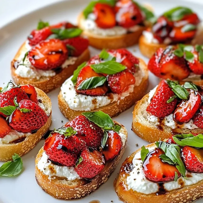 To make Balsamic Strawberry Crostini, you need fresh and simple ingredients. Here’s what you’ll gather: - French baguette - Fresh strawberries - Balsamic vinegar - Honey - Fresh basil - Ricotta cheese - Extra virgin olive oil - Salt and pepper Each ingredient plays a role in creating this tasty dish. The French baguette provides a crunchy base. Fresh strawberries give sweetness and a pop of color. Balsamic vinegar adds a tangy kick, while honey balances this with sweetness. Fresh basil brings a fresh note, and ricotta cheese gives a creamy texture. Lastly, olive oil, salt, and pepper enhance all the flavors. When you choose these ingredients, opt for the best quality. Fresh strawberries that are ripe will taste sweeter. Look for a baguette that is crusty on the outside and soft inside. These choices make your crostini even more delightful. {{ingredient_image_2}} Start by preheating your oven to 400°F (200°C). This heat helps the bread crisp up nicely. A hot oven ensures a golden, crunchy texture for your crostini. Next, take your French baguette and slice it into 1/2-inch rounds. Lay the slices flat on a baking sheet. Use a pastry brush to coat the top of each slice with extra virgin olive oil. This adds flavor and helps them crisp up during baking. When the oven is hot, place your baking sheet inside. Bake the baguette slices for about 6-8 minutes. You want them to turn golden brown and feel crisp. Once baked, take them out and let them cool slightly on the sheet. While the bread cools, grab a medium bowl. Combine the hulled and sliced strawberries with balsamic vinegar, honey, and thinly sliced basil. Add a pinch of salt and pepper to taste. Toss gently to coat the strawberries. Let them marinate for about 10 minutes. This step enhances the sweet and tangy flavors. Once the baguette slices are cool, take a generous spoonful of fresh ricotta cheese. Spread it evenly on each crostini. This creamy base balances the flavors of the toppings perfectly. Now, spoon the marinated strawberries over the ricotta layer on each crostini. For a finishing touch, drizzle a bit of the balsamic reduction from the bowl on top. Finally, add extra fresh basil leaves to each crostini for a burst of color and aroma. Serve them warm for the best taste! Pick ripe strawberries that are bright red. Look for firm berries with shiny skin. Avoid dull or soft berries. Fresh strawberries give the best flavor. If they smell sweet, they are likely perfect. You can use organic strawberries for better taste and health. Slice the baguette into 1/2-inch rounds. This thickness lets them crisp well without burning. Thinner slices may get too hard. Thicker slices can be chewy and less enjoyable. Aim for uniform slices to ensure even baking. Brush each slice with extra virgin olive oil. This step adds flavor and helps achieve crispness. Bake them until golden brown for the best texture. Keep an eye on them while baking. Remove them as soon as they are done to avoid sogginess. You can add a pinch of salt and pepper to the strawberries. This brings out their natural sweetness. Consider adding a drizzle of honey on top for extra sweetness. Crumbled feta or goat cheese can add a tangy twist. You could also try different herbs like mint for a fresh kick. Pro Tips Choose the Right Baguette: A fresh, crusty baguette will provide the best texture. Look for one that is firm to the touch and has a golden-brown crust. Marinating Time: Allow your strawberries to marinate for at least 10 minutes. This enhances their flavor and allows the balsamic and honey to infuse into the fruit. Spread with Care: When spreading the ricotta, use the back of a spoon for a smooth finish. This will create a beautiful base for your strawberries. Serve Fresh: For the best experience, serve your crostini immediately after assembling. This ensures that the bread remains crispy and the strawberries fresh. {{image_4}} You can change the toppings on your crostini for new flavors. Try using peaches, figs, or even apples. Each fruit brings a unique taste to the dish. For a savory twist, use roasted red peppers or sun-dried tomatoes. Mix and match to find your favorite topping! Ricotta is creamy, but you can use other cheeses too. Cream cheese gives a rich taste, while goat cheese adds a tangy flavor. If you want a stronger taste, try blue cheese. Each cheese creates a different experience. Feel free to experiment to find what you love the most! Balsamic vinegar is key in this recipe, but you can swap it. Try red wine vinegar for a sharp kick. Apple cider vinegar offers a fruity note, while lemon juice adds brightness. Each option changes the taste but keeps the dish fresh. Just remember to adjust the sweetness, if needed! Store any leftover crostini in an airtight container. Keep the strawberries and crostini separate. This helps the crostini stay crispy. You can keep them in the fridge for up to two days. When ready to enjoy, you can assemble them fresh for the best flavor. If you want to reheat the crostini, preheat the oven to 350°F (175°C). Place the crostini on a baking sheet. Heat them for about 5 minutes. This helps restore their crispness. Avoid the microwave, as it can make them soggy. You can prepare the strawberries in advance. Mix them with balsamic vinegar and honey. Store this mixture in the fridge for up to one day. Make the crostini the day you plan to serve them. This way, you enjoy the best taste and texture. Yes, you can use frozen strawberries. They will work, but fresh strawberries taste best. If you use frozen ones, thaw them first. Drain any excess liquid to avoid soggy crostini. Yes! You can use vegan cream cheese or a nut-based cheese. Both options give a creamy texture. You can also blend soaked cashews with lemon juice for a homemade ricotta substitute. To make this recipe gluten-free, choose a gluten-free baguette. Many stores sell gluten-free bread options. You can also use rice cakes or polenta rounds as a base. You can use mint or thyme for a different flavor. Both herbs add a fresh taste. Chives or arugula also work well for a unique twist. In this post, we explored a delicious crostini recipe. We covered the ingredients, from fresh strawberries to creamy ricotta. You learned step-by-step how to prepare and bake the crostini. I shared tips for picking the best strawberries and making them crisp. We also looked at tasty variations and how to store leftovers. Try this crostini recipe at your next gathering. It’s sure to impress! Embrace your creativity and make it your own. Your friends will love the flavors. Enjoy every bite!