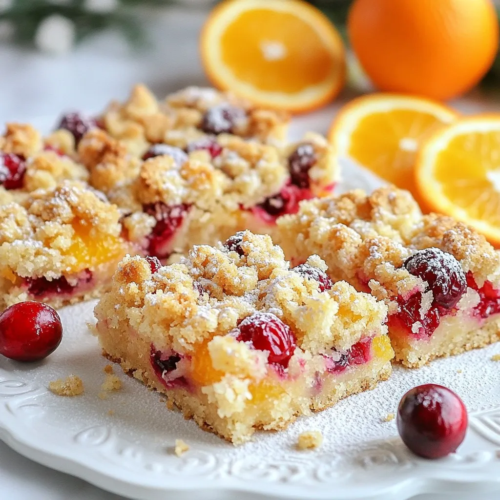 To make these delicious cranberry orange crumb bars, you will need the following ingredients: - 2 cups all-purpose flour - 1 cup rolled oats - 1 cup brown sugar, packed - 1 teaspoon baking powder - 1/2 teaspoon baking soda - 1/2 teaspoon salt - 3/4 cup unsalted butter, melted - 1 cup fresh or frozen cranberries - 1/2 cup freshly squeezed orange juice - Zest of 1 large orange - 1/4 cup granulated sugar - 1 teaspoon pure vanilla extract Each ingredient plays an important role in the flavor and texture of the bars. The flour and oats create a sturdy base, while the butter adds richness. Brown sugar gives sweetness and moisture, and cranberries provide a tart kick. Fresh orange juice and zest brighten the taste, making each bite refreshing. Using these ingredients, you'll create a sweet and tangy treat that’s perfect for sharing. If you have frozen cranberries, just make sure they are thawed and drained. This will help ensure the filling does not become too watery. Enjoy the process of gathering your ingredients. It’s the first step to making a delightful dessert! {{ingredient_image_2}} Start by preheating your oven to 350°F (175°C). This step is key for even baking. Next, take a 9x9-inch baking pan. Grease it with cooking spray or line it with parchment paper. Make sure the paper hangs over the edges. This makes it easy to lift the bars out after baking. In a large mixing bowl, sift together the following dry ingredients: - 2 cups all-purpose flour - 1 cup rolled oats - 1 cup brown sugar, packed - 1 teaspoon baking powder - 1/2 teaspoon baking soda - 1/2 teaspoon salt Mix these well to blend the flavors. Then, add 3/4 cup melted unsalted butter and 1 teaspoon pure vanilla extract. Stir until the mixture looks crumbly and slightly sticky. Set aside about 1 cup of this mixture. This will be your crumb topping later. Now, press the remaining crumb mixture firmly into the bottom of your prepared baking pan. This forms a solid crust layer. Bake it in your preheated oven for 15 minutes. Look for a light golden color on top. This shows it's ready for the next step. While the crust bakes, prepare the filling. In a medium bowl, combine: - 1 cup fresh or thawed frozen cranberries - 1/2 cup freshly squeezed orange juice - Zest of 1 large orange - 1/4 cup granulated sugar Gently toss these ingredients. You want the cranberries to be well coated in the sweet mix. Once the crust is done, spread the cranberry mixture evenly over it while still warm. Take the reserved crumb mixture and crumble it over the top of the cranberries. This adds a nice crunch. Return the pan to the oven and bake for another 25-30 minutes. Look for a golden crumb topping and bubbling cranberries around the edges. This means they are ready. When the bars are done, remove the pan from the oven. Let it cool completely on a wire rack. Once cool, use the parchment overhang to lift the bars out. Slice them into squares for serving. Enjoy these sweet treats! To get the crust just right, you want a crumbly yet firm mix. Start by mixing the dry ingredients well. Make sure your flour, oats, and brown sugar blend together. When you add the melted butter, stir until the mixture looks like wet sand. If it feels too dry, add a splash of orange juice. This helps bind the mixture. Press it into your pan firmly. This step ensures a sturdy base for your bars. If you need a gluten-free option, swap the all-purpose flour for a gluten-free blend. Many brands work well in baking. For a dairy-free crust, use coconut oil or a plant-based butter. These swaps keep the taste great while meeting dietary needs. Always check labels to avoid hidden gluten or dairy. To boost the flavor, try adding spices. A pinch of cinnamon or nutmeg can add warmth. You can also mix in some ginger for a kick. Fresh herbs like mint or basil can add a unique twist too. Don’t forget that extra zest! More orange zest will brighten the bars and make them pop. Experiment and find what you love best! Pro Tips Use Fresh Ingredients: Always opt for fresh cranberries and freshly squeezed orange juice for the best flavor and texture in your crumb bars. Chill Before Baking: After preparing the crumb mixture, consider chilling it in the refrigerator for 30 minutes. This helps to create a firmer texture when baked. Don’t Overmix: When combining the dry and wet ingredients, mix just until combined. Overmixing can lead to tough bars instead of tender ones. Store Properly: Keep the baked bars in an airtight container at room temperature for up to three days or refrigerate for longer freshness. {{image_4}} You can switch up the fruits in these bars for different seasons. Try using blueberries or raspberries. These fruits add their own unique flavor. Blueberries bring a sweet touch, while raspberries add a tart bite. Adjust the sugar based on the fruit you choose. This allows you to enjoy a new taste each time. For a healthier twist, consider using natural sweeteners. Maple syrup or honey can replace brown sugar. Whole grain flour is another great option. It adds more fiber and nutrients. This makes the bars a bit more wholesome, without losing flavor. You can enjoy a treat that feels good and tastes good. Make your bars look special for any occasion. Lightly dust them with powdered sugar for a sweet touch. You can add fresh cranberries or orange slices on top. This adds color and makes them look festive. Serve them on a decorative platter to impress guests. With these simple ideas, your bars will be a hit at any gathering. To keep your cranberry orange crumb bars fresh, store them properly. First, let the bars cool completely. Then, cut them into squares. Place the bars in an airtight container. You can stack them with parchment paper between layers. This keeps them from sticking together. Store the container in the fridge for best results. If you want to freeze them, wrap each square in plastic wrap. Then place the wrapped bars in a freezer bag. This way, they will stay fresh for a long time. When stored in the fridge, these bars last about one week. They stay tasty and fresh. For the best flavor, eat them within the first few days. If you freeze them, they can last up to three months. Just remember, the longer they sit, the more the texture may change. If your bars have been frozen, you can easily bring them back to life. First, thaw them in the fridge overnight. To restore their nice texture, reheat them in the oven. Preheat the oven to 350°F (175°C). Place the bars on a baking sheet for about 10 minutes. This will warm them up and make them taste fresh again. Enjoy your delicious treat! Yes, you can use frozen cranberries. Just make sure to thaw them first. Drain any excess liquid after thawing. This keeps the bars from getting soggy. Frozen berries work well in this recipe. They still hold their flavor and tartness. If you don’t have brown sugar, use white sugar with a bit of molasses. This mix gives a similar flavor. You can also try coconut sugar or maple sugar. These options will change the taste slightly but still work well. These bars can last for up to two hours at room temperature. After that, it’s best to refrigerate them. Keeping them cool helps maintain freshness and safety. Always check for any signs of spoilage before eating. Yes, you can make these bars ahead of time. They stay fresh for up to a week in the fridge. For longer storage, freeze them. Just wrap each bar tightly in plastic wrap. Thaw them in the fridge when ready to enjoy. In this post, we covered a simple recipe for delicious cranberry bars. You learned about the necessary ingredients, how to prepare the crust, and the steps to bake and cool the bars. We also explored tips for perfecting your bake, variations for the season, and storage best practices. With these details in mind, I invite you to try making these bars. They offer a tasty treat that you can share with others. Enjoy the process and the tasty results!