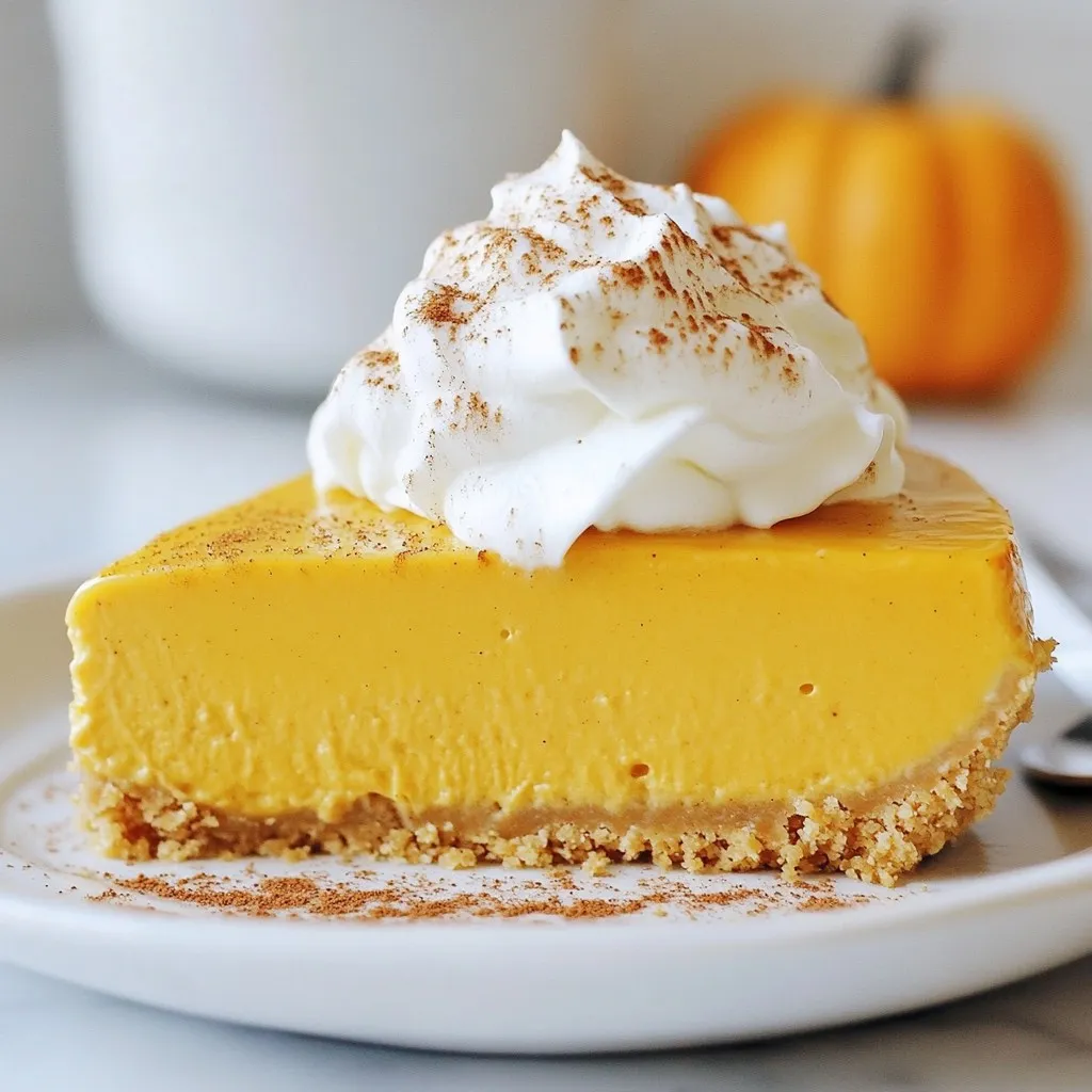 For a tasty no-bake pumpkin cheesecake, you'll need: - 1 ½ cups graham cracker crumbs - ½ cup unsalted butter, melted - 2 cups cream cheese, softened - 1 cup pumpkin puree - 1 cup powdered sugar - 1 teaspoon pure vanilla extract - 1 teaspoon ground cinnamon - ½ teaspoon ground nutmeg - ½ teaspoon ground ginger - 1 cup heavy whipping cream (plus extra for topping) Here are the tools that will make your baking smooth: - Medium mixing bowl - Large mixing bowl - Electric mixer - 9-inch springform pan - Spatula - Measuring cups and spoons - Plastic wrap - Refrigerator Choosing the best ingredients makes a big difference in flavor: - Graham Crackers: Look for crispy, fresh graham crackers for a great crust. - Butter: Use unsalted butter for better control over the saltiness. - Cream Cheese: Choose full-fat cream cheese for a rich and creamy texture. - Pumpkin Puree: Opt for 100% pumpkin with no added sugar or spices for the purest taste. - Spices: Use fresh ground spices for the best flavor. They add warmth to the cheesecake. - Heavy Cream: Look for heavy whipping cream with at least 36% fat for the best results. These simple tips help ensure your no-bake pumpkin cheesecake turns out creamy and delicious! {{ingredient_image_2}} To start, gather your graham cracker crumbs and melted butter. In a medium bowl, mix them well. You want the crumbs to soak up the butter. It should look like wet sand. Next, grab a 9-inch springform pan. Transfer the crumb mix into the pan. Press it down firmly and evenly. This makes a solid crust. Once done, place the pan in the fridge. Let it chill while you make the filling. Now, let’s make the filling. In a large bowl, add the softened cream cheese. Use an electric mixer on medium speed. Beat it until it’s smooth and creamy. This step is key for a lump-free mix. Add the pumpkin puree, powdered sugar, vanilla, and spices. Beat again until everything is well combined. The mixture should be creamy and uniform. In another bowl, whip the heavy cream until stiff peaks form. This makes the cheesecake light. Gently fold the whipped cream into the pumpkin mix. Use a spatula and be careful. You want to keep the air in the cream for a fluffy texture. Now it’s time to assemble! Pour the pumpkin cheesecake filling over the chilled crust. Use a spatula to spread it evenly. Smooth the top to make it look nice. Cover the pan with plastic wrap. Place it in the fridge for at least 4 hours, or overnight if you can wait. This helps the flavors meld and the cheesecake to set. When ready to serve, carefully remove the cheesecake from the springform pan. Top it with extra whipped cream and a sprinkle of cinnamon or crushed graham crackers. Enjoy this creamy, dreamy treat! To get a smooth filling, start with soft cream cheese. This helps mix easily. Beat it well until there are no lumps. Add the pumpkin puree and sugar next. Mix until everything is creamy. When you whip the heavy cream, make sure it’s cold. Cold cream whips better. Gently fold the whipped cream into the pumpkin mix. This keeps the filling light and fluffy. Avoid using cold cream cheese. Cold cheese makes lumps that are hard to mix. Don't rush the mixing process. Take your time to ensure everything blends well. Also, be careful not to overmix the whipped cream. This can turn it into butter, which is not what you want. Lastly, don’t skip chilling the cheesecake. It needs time to set properly. Serve your cheesecake with a dollop of whipped cream on top. This adds a nice touch and creaminess. You can sprinkle cinnamon or crushed graham crackers for extra flavor. If you want to get fancy, add caramel sauce. It pairs beautifully with pumpkin. For a fun twist, serve slices with fresh fruit like apples or pears. Pro Tips Chill Your Cream Cheese: Ensure your cream cheese is at room temperature to achieve a smooth and creamy texture without lumps. Whip Cream Properly: For the best results, make sure your heavy cream is cold before whipping to create stiff peaks easily. Flavor Boost: Consider adding a pinch of salt to the cheesecake filling to enhance the flavors and balance the sweetness. Garnish Creatively: Experiment with different toppings like caramel drizzle or pecans to elevate your pumpkin cheesecake presentation. {{image_4}} If you want a gluten-free crust, use gluten-free graham crackers. You can crush them just like regular ones. Mix the crumbs with melted butter and press them into the pan. This way, you still get that great base without gluten. You can get creative with flavors! Try adding a splash of maple syrup for a sweet twist. Another option is to mix in some chocolate chips for a fun surprise. If you love spice, add more cinnamon or a pinch of cloves. Each swap can change the taste and make it special. Toppings can really change how the cheesecake looks and tastes. Whipped cream is a must, but you can add more. Try crushed nuts for crunch or caramel sauce for sweetness. A sprinkle of nutmeg or cinnamon on top adds a nice touch too. Get fun with your toppings and make it your own! Store leftover no-bake pumpkin cheesecake in the fridge. Keep it in an airtight container or cover it tightly with plastic wrap. This way, it stays fresh and yummy. Make sure it does not touch any strong-smelling foods. It will hold its taste and texture better this way. You can freeze this cheesecake if you want to save some for later. First, let it chill in the fridge for at least four hours. After that, remove it from the springform pan. Wrap the cheesecake well in plastic wrap and then in foil. This helps to keep it from getting freezer burn. It can last in the freezer for up to three months. This cheesecake stays fresh in the fridge for about five days. After five days, it may lose its creamy texture. To keep its rich taste, always check for any changes in smell or look. If it smells sour or shows signs of mold, it’s best to throw it away. Enjoy your cheesecake while it’s still at its best! Yes, you can use fresh pumpkin. Just cook and mash it well. Make sure it is smooth. Fresh pumpkin gives a lovely taste. It also adds a nice texture. You can roast a small pumpkin or steam it. Let it cool before using. This option is great if you want a homemade touch. You can keep the no-bake cheesecake in the fridge for about 3 to 5 days. Make sure to cover it well. Use plastic wrap or a lid to prevent it from drying out. If you want to enjoy it later, check for any changes in smell or texture before serving. If you need a substitute for cream cheese, try using Greek yogurt. It gives a creamy texture and adds protein. Another option is mascarpone cheese, which is rich and smooth. You can also use silken tofu for a dairy-free choice. Blend it until smooth for the best result. You now know how to make a delicious no-bake pumpkin cheesecake. We covered the ingredients, essential tools, and tips for selecting the best items. Then, I shared step-by-step instructions for preparing the crust and filling. You learned how to avoid common mistakes and enhance your cheesecake with variations. Finally, I gave you storage tips and answered common questions. Making this cheesecake is easy and fun. Enjoy sharing your tasty treat with friends and family!