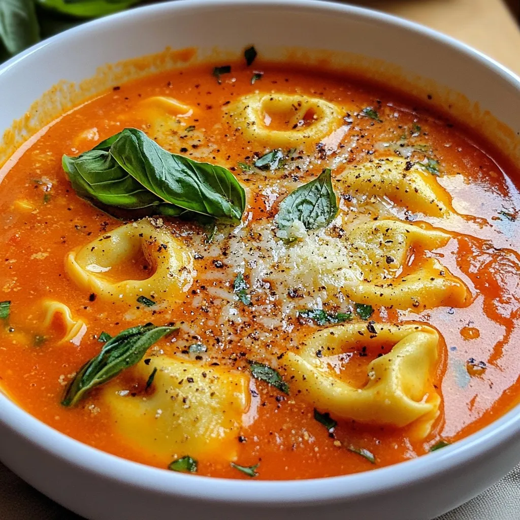 - 2 cups vegetable broth - 1 can (14 oz) crushed tomatoes - 1 cup heavy cream - 1 package (9 oz) refrigerated tortellini (choose between cheese or spinach) - 1 small onion, finely chopped - 3 cloves garlic, minced - 2 tablespoons olive oil - 1 teaspoon dried basil - 1 teaspoon dried oregano - Salt and pepper to taste These ingredients make a rich and creamy soup. The vegetable broth gives it depth. Crushed tomatoes add a nice tang. Heavy cream makes the soup velvety and smooth. Tortellini adds heartiness, while onion and garlic boost flavor. - Fresh basil leaves for garnish - Grated Parmesan cheese for serving Garnishing with fresh basil adds brightness. Parmesan cheese gives a savory finish. You can also add a drizzle of olive oil for extra richness. These toppings elevate the dish and make it more appealing. - Use chicken broth instead of vegetable broth for a meatier flavor. - Swap heavy cream for coconut milk for a lighter option. - Use frozen tortellini if you can’t find fresh ones. These swaps can help you create a version that suits your taste. Each option brings its own twist to the dish, making it fun to customize. Enjoy trying different combinations for your perfect creamy tomato tortellini soup! {{ingredient_image_2}} Start by heating 2 tablespoons of olive oil in a large pot over medium heat. Once the oil shimmers, add 1 small finely chopped onion. Sauté the onion for about 4-5 minutes. You want it soft and translucent. Next, stir in 3 minced garlic cloves. Cook for 1-2 minutes until fragrant, but don’t let the garlic brown. Now it’s time to add flavor. Pour in 1 can of crushed tomatoes and 2 cups of vegetable broth. Stir the mix well to blend all ingredients. Bring the soup to a gentle simmer. Add 1 teaspoon of dried basil and 1 teaspoon of dried oregano. Season with salt and pepper to your liking. Let this simmer for 10 minutes, stirring occasionally. While the soup simmers, cook your tortellini. Use a separate pot and follow the package instructions for 1 package (9 oz) of refrigerated tortellini. Once cooked, drain the tortellini and set it aside. After the soup has simmered, lower the heat slightly. Stir in 1 cup of heavy cream, mixing until smooth. Let it heat through for about 5 minutes, stirring often. Finally, fold in the cooked tortellini. Allow them to soak in the soup's flavors for 2-3 minutes. Remove the pot from heat and taste. Adjust seasoning as needed. Enjoy your creamy tomato tortellini soup! To make your creamy tomato tortellini soup extra tasty, add herbs. Fresh basil and parsley bring bright flavors. You can also try thyme or rosemary for depth. Dried oregano and basil work well, too. Season with salt and pepper to taste. A dash of red pepper flakes can add spice if you like heat. For the best tortellini, cook it just right. Follow the package directions for timing. Overcooking makes it mushy. Under-cooking leaves it too firm. Drain it quickly and add it to the soup. This lets the tortellini soak up the soup's flavor without losing its bite. Avoid these common mistakes to make your soup shine. First, don't skip sautéing the onions and garlic. This step builds a great base. Second, don't rush the simmering time. Letting the soup simmer helps the flavors mix. Finally, don’t add cream too early. Mixing it in at the right time keeps it creamy and smooth. Pro Tips Use Fresh Herbs: Fresh basil can elevate the flavor of your soup significantly. Add it at the end of cooking for the best aroma and taste. Customize Your Tortellini: Feel free to experiment with different flavors of tortellini. Mushroom or pumpkin-filled varieties can add a unique twist to the soup. Make It Vegan: Substitute heavy cream with coconut cream or a plant-based cream alternative and use vegetable broth to keep this soup vegan-friendly. Add a Kick: For a spicier version, include a pinch of red pepper flakes or a dash of hot sauce to the soup during cooking. {{image_4}} You can easily add spinach to your creamy tomato tortellini soup. Simply stir in fresh spinach leaves during the last few minutes of cooking. This not only adds color but also boosts the nutrition. Spinach wilts down quickly, so it only needs a few minutes to cook. You will enjoy the added texture and flavor. To make a vegan version, swap heavy cream for coconut milk or cashew cream. Use vegetable broth and ensure your tortellini is vegan. You can find many brands that offer plant-based tortellini. This version remains rich and creamy while being fully plant-based. If you like spice, you can make your soup spicy. Add red pepper flakes or diced jalapeños while cooking the onions and garlic. Adjust the heat based on your taste. You could also serve with a dash of hot sauce. This will give your creamy tomato tortellini soup a nice kick! Store leftover creamy tomato tortellini soup in an airtight container. Let the soup cool down first. Place the container in the fridge. It will stay fresh for about 3 to 4 days. Always label your containers with the date. This way, you can track how long it has been stored. If you want to freeze the soup, it's best to do this without the tortellini. The pasta can become mushy when thawed. Pour the cooled soup into freezer-safe bags or containers. Remove excess air to prevent freezer burn. It can last up to 3 months in the freezer. When you are ready to eat, thaw it in the fridge overnight. To reheat the soup, use the stove for the best flavor. Pour the soup into a pot and heat over medium-low. Stir it gently and keep an eye on it. If the soup seems too thick, add a splash of vegetable broth or water. This helps bring back the creamy texture. If you prefer a microwave, heat in short bursts, stirring in between. Enjoy your delicious soup warm! Yes, you can use frozen tortellini. Just add them right into the soup. Cook them for a bit longer than fresh ones. This will help them heat well. Creamy tomato tortellini soup lasts about 3 to 4 days in the fridge. Store it in an airtight container. Make sure it cools down before sealing. Yes, you can make this soup ahead of time. Just store it in the fridge. To keep the tortellini fresh, add it just before serving. I love serving this soup with crusty bread. It’s great for dipping! You can also pair it with a fresh salad. A sprinkle of extra Parmesan adds flavor too. In this post, we explored how to create a creamy tomato tortellini soup. We covered key ingredients, including optional toppings and substitutions. I shared step-by-step instructions for perfecting the dish, plus tips for flavor and avoiding common mistakes. We also discussed fun variations and how to store your leftovers properly. This soup is simple yet delicious, perfect for any meal. Enjoy making it your own!