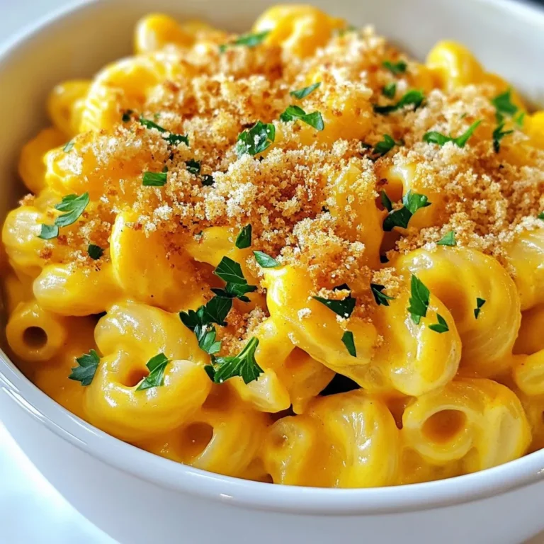 - 2 cups elbow macaroni - 2 cups butternut squash, peeled and cubed - 1 tablespoon olive oil - 1 small onion, finely chopped - 2 cloves garlic, minced - 2 cups sharp cheddar cheese, shredded - 1 cup milk (whole or 2%) - 1 teaspoon Dijon mustard - ½ teaspoon ground nutmeg - Salt and freshly ground black pepper, to taste These ingredients come together to create a comforting dish. The butternut squash adds a sweet, nutty flavor that balances the sharpness of the cheddar. - ½ cup breadcrumbs (optional, for topping) - Fresh parsley, chopped, for garnish Breadcrumbs give a nice crunch. Fresh parsley adds color and fresh taste. You can also use different cheeses or spices to change the flavor. When choosing butternut squash, look for these signs: - A firm, smooth skin - A rich, tan color - No soft spots or blemishes A good squash feels heavy for its size. This means it has more flesh inside. If you pick a fresh squash, it will taste better and blend smoothly in your dish. {{ingredient_image_2}} Start by preheating your oven to 350°F (175°C). This step is key for even baking. While the oven warms up, fill a large pot with water. Add salt and bring it to a boil. Once boiling, add 2 cups of elbow macaroni. Cook it according to the package instructions until it's firm but cooked. This should take about 8 to 10 minutes. Drain the macaroni and set it aside for later. Next, take the same pot and add 2 cups of cubed butternut squash to the boiling water. Let it cook for about 10 to 12 minutes. The squash should be soft enough to pierce with a fork. After cooking, drain the squash and transfer it to a blender or food processor. Blend until smooth and creamy. This will make the base for your cheese sauce. In a skillet, heat 1 tablespoon of olive oil over medium heat. Once hot, add 1 small, finely chopped onion and 2 minced garlic cloves. Sauté these for about 5 minutes. You want the onion to become soft and clear. Stir it often to avoid burning. The sweet aroma will fill your kitchen and get you excited for the dish! In a large mixing bowl, combine the cooked macaroni, the smooth butternut squash, and 2 cups of shredded sharp cheddar cheese. Add 1 cup of milk, 1 teaspoon of Dijon mustard, and ½ teaspoon of ground nutmeg. Season with salt and freshly ground black pepper to taste. Mix everything well until the pasta is fully coated in the creamy sauce. Now, transfer this mixture to a greased 9x13 inch baking dish. If you love a crunchy topping, sprinkle ½ cup of breadcrumbs over the top. Bake this in your preheated oven for 25 to 30 minutes. Keep an eye on it. You want the cheese to bubble and the breadcrumbs to turn golden brown. After baking, let it cool for a few minutes. Before serving, add a sprinkle of fresh chopped parsley for a pop of color. To make great mac and cheese, start with the right pasta. Elbow macaroni works best, but feel free to use other shapes. Cook the pasta until it’s just al dente. This helps it hold up to the creamy sauce. Don't forget to salt the water; it adds flavor to the pasta. Stir the pasta occasionally while it cooks to prevent sticking. The key to a creamy butternut squash mac and cheese lies in the sauce. Blend the cooked butternut squash until it's smooth. This will be your base. Add shredded sharp cheddar cheese for a rich flavor. Whole milk or 2% milk gives the sauce a nice body. Mixing in Dijon mustard and nutmeg adds depth, so don't skip these! Stir everything together well to coat the pasta evenly. To avoid sogginess, don't overcook the pasta. Make sure to drain it well. Also, let the butternut squash cool slightly before blending. This keeps the sauce thick. If you use breadcrumbs, toast them lightly before adding. This will keep them crunchy on top. Lastly, allow the dish to rest for a few minutes after baking. This helps it set and stay firm when serving. Pro Tips Choose the Right Cheese: Opt for sharp cheddar for a more pronounced flavor, but feel free to mix in other cheeses like Gruyère or mozzarella for added creaminess. Perfectly Cooked Pasta: Cook the elbow macaroni just until al dente to prevent it from becoming mushy during baking. Enhance the Flavor: Add a pinch of smoked paprika or cayenne pepper for a subtle kick that complements the sweetness of the butternut squash. Make Ahead: Prepare the mac and cheese ahead of time and refrigerate. Just add a few extra minutes to the baking time when you’re ready to serve. {{image_4}} You can easily make butternut squash mac and cheese vegan. For the cheese, use a plant-based cheese that melts well. Nutritional yeast adds a cheesy flavor without dairy. Swap milk for almond or oat milk. Use vegetable broth instead of water for cooking the pasta. This keeps the dish creamy and rich while being completely dairy-free. If you need a gluten-free version, choose gluten-free elbow macaroni. Many brands offer great options that taste just like regular pasta. For the sauce, you can use gluten-free flour or cornstarch to thicken. Be sure to check labels on all ingredients to ensure they are gluten-free. You can boost nutrition and flavor with fun add-ins. Try adding cooked chicken, turkey, or even crispy bacon for protein. Spinach, kale, or peas are great for adding veggies. Roasted bell peppers or mushrooms can bring in more flavor and texture. Mix and match these options to create your perfect dish! To keep your butternut squash mac and cheese fresh, let it cool first. Once cooled, place it in an airtight container. Make sure to seal it tightly. Store it in the fridge for up to three days. This helps keep the flavors intact while preventing spoilage. When you're ready to eat your leftovers, preheat your oven to 350°F (175°C). Place the mac and cheese in a baking dish. Cover it with aluminum foil to retain moisture. Heat for about 20 minutes, or until it's warm throughout. This method helps keep the dish creamy and tasty. If you're in a rush, you can use the microwave. Place a portion in a microwave-safe bowl. Add a splash of milk for creaminess. Heat it in short bursts, stirring in between, until warm. This method is quick but may dry out the dish if overcooked. To freeze butternut squash mac and cheese, portion it into freezer-safe containers. Make sure to leave some space at the top, as it will expand when frozen. Seal tightly to avoid freezer burn. You can freeze it for up to three months. When you're ready to enjoy it, thaw it overnight in the fridge. Reheat it in the oven or microwave, as mentioned earlier. This way, you can still enjoy that comforting, creamy dish even months later! You can use many different cheeses. Gruyère adds a nutty flavor. Monterey Jack melts well. For a stronger taste, try aged Gouda. You might also choose a mix of cheeses for more depth. Just keep in mind the flavor you want for your dish. To prepare this dish ahead, make the sauce and cook the pasta. Combine them, then store in a covered dish. You can keep it in the fridge for up to two days. When ready to serve, bake it straight from the fridge. Just add a few extra minutes to the baking time. Absolutely! You can try shells, penne, or even gluten-free pasta. Each type will change the texture slightly. Choose what you like best. Just make sure to cook it al dente, so it holds up well in the dish. This blog post covered the essential steps to make a great butternut squash mac and cheese. You learned about key ingredients, how to cook and blend squash, and tips for a creamy texture. We also discussed variations for different diets and how to store leftovers properly. Now, it’s time to try making this dish your own. Get creative with ingredients and enjoy the process. You’ll impress yourself and others with a delicious meal!