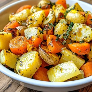 For this recipe, I use a mix of colorful root veggies. These veggies add great taste and texture. Here&rsquo;s what you need: - 4 medium carrots, peeled and cut into bite-sized chunks - 3 medium parsnips, peeled and cut into similarly sized chunks - 2 medium Yukon gold or red potatoes, diced evenly - 1 medium sweet potato, peeled and diced - 1 red onion, cut into wedges or large pieces These root vegetables bring a sweet and earthy flavor. Each one plays a role in the dish's overall taste. Garlic and fresh herbs are crucial for flavor. I use: - 4 cloves garlic, finely minced - 1 tablespoon fresh rosemary, roughly chopped - 1 tablespoon fresh thyme, roughly chopped The garlic adds a rich taste, while the herbs give it a fresh, aromatic touch. Together, they create a delightful blend. Seasonings enhance the dish's flavor. You will need: - 3 tablespoons extra virgin olive oil - Salt and freshly ground black pepper to taste The olive oil helps the veggies roast well. Salt and pepper bring out all the natural flavors. Mixing these ingredients creates the perfect base for our roasted root veggies. {{ingredient_image_2}} Start by preheating your oven to 425&deg;F (220&deg;C). This step is key. A hot oven helps the veggies roast well, giving them a nice texture and flavor. Next, gather your root vegetables. You will need: - 4 medium carrots, peeled and cut into bite-sized chunks - 3 medium parsnips, peeled and cut into similarly sized chunks - 2 medium Yukon gold or red potatoes, diced evenly - 1 medium sweet potato, peeled and diced - 1 red onion, cut into wedges or large pieces In a large mixing bowl, add all the prepared veggies. Stir gently to mix them well and set aside. In a small bowl, blend together: - 4 cloves garlic, finely minced - 3 tablespoons extra virgin olive oil - 1 tablespoon fresh rosemary, roughly chopped - 1 tablespoon fresh thyme, roughly chopped Mix these ingredients well. This mix will give your veggies a tasty boost. Drizzle the garlic herb mixture over the root vegetables. Use your hands or a big spoon to toss everything together. Make sure each piece is coated. This step is crucial for flavor. Once tossed, season the veggies with salt and freshly ground black pepper to taste. Give them another light toss to evenly spread the seasoning. Now, spread the seasoned veggies onto a large baking sheet lined with parchment paper. Arrange them in a single layer. This helps them roast evenly. Place the baking sheet in your preheated oven. Roast the veggies for 30-35 minutes. Halfway through, take them out and toss them gently. This ensures they cook and caramelize evenly. You want them tender and golden. After roasting, remove the baking sheet. Let the veggies cool for a few minutes before serving. This helps the flavors settle and makes them even more delicious. To get the best roast, always preheat your oven to 425&deg;F (220&deg;C). This step ensures the veggies cook evenly. Cut your root vegetables into even-sized pieces. This helps them roast at the same rate. Spread the veggies out on the baking sheet. Avoid crowding them, as this can lead to steaming instead of roasting. Toss them halfway through cooking for even browning. Aim for a golden color and a tender inside. Use fresh herbs like rosemary and thyme. They add depth to your dish. Mince the garlic finely for a stronger flavor. Mixing it with olive oil before adding to the veggies helps release its oils. Feel free to experiment with other herbs, like oregano or parsley. A splash of lemon juice before serving brightens the taste. Adding a pinch of smoked paprika can give a nice twist too. Serve the roasted veggies in a large bowl. This makes for an attractive display. Garnish with fresh herbs for a pop of color. Pair these veggies with grilled meats or a hearty grain dish. They also work well as a side for a festive meal. For a fun twist, try them in a salad or wrap. Roasted veggies can elevate any meal! Pro Tips Choose Fresh Veggies: Always opt for the freshest root vegetables available. They will have better flavor and texture, resulting in a more delicious dish. Even Sizing: Cut all vegetables to similar sizes to ensure they cook evenly. This prevents some pieces from being overcooked while others remain undercooked. Herb Variations: Feel free to experiment with different herbs like thyme, sage, or oregano for unique flavor profiles that can complement the sweetness of root veggies. Check for Doneness: Use a fork to test the tenderness of the vegetables around the 25-minute mark. If they are fork-tender and golden, they&rsquo;re ready to be taken out. {{image_4}} You can mix in many other veggies. Try adding beets for sweetness. Turnips add a nice bite. You can also use rutabaga for a unique taste. Just chop them to match the size of your other veggies. This helps them roast evenly. If you don&rsquo;t have rosemary or thyme, use what you have. Oregano gives a great taste too. Basil can add a fresh twist. You can even try using sage for a warm flavor. Feel free to experiment with dried herbs if fresh ones are not available. This recipe is super flexible for different diets. For a vegan option, the recipe is already plant-based. If you want it gluten-free, it&rsquo;s naturally gluten-free as well. Looking for low-carb? Skip the potatoes and add more carrots or parsnips instead. Enjoy making this dish your own! To keep your garlic herb roasted root veggies fresh, let them cool. Place them in an airtight container. Store in the fridge for up to four days. Make sure they are completely cool before sealing to avoid moisture build-up. This helps maintain their flavor and texture. When you're ready to enjoy your leftovers, preheat your oven to 350&deg;F (175&deg;C). Spread the veggies on a baking sheet. Heat for about 10-15 minutes until warm. This method keeps the veggies crispy. You can also microwave them for a quicker option, but they may not stay as crispy. If you want to freeze your roasted veggies, let them cool fully first. Place them in freezer-safe bags or containers. Remove as much air as possible before sealing. They can last for up to three months in the freezer. When you're ready to eat, thaw them overnight in the fridge. Reheat in the oven for best results. You can mix in many other veggies. Try adding beets, turnips, or rutabaga. These add color and flavor. You can also use radishes for a peppery kick. Just make sure to cut them into similar sizes for even cooking. Yes, you can use dried herbs instead of fresh. Use about one-third the amount of dried herbs. Dried herbs are more concentrated. They can still give your veggies great flavor. Just remember to mix them well with the oil and garlic. Roasted root vegetables last about 3 to 5 days in the fridge. Store them in an airtight container. This helps keep them fresh and tasty. Make sure they cool down before you store them, so they don&rsquo;t steam. The best way to reheat leftover roasted veggies is in the oven. Preheat your oven to 350&deg;F (175&deg;C). Spread the veggies on a baking sheet and heat for about 10 to 15 minutes. This keeps them crispy and delicious. You can also use a microwave, but they may get soft. Roasting root vegetables with garlic and herbs is simple and fun. We covered the best ingredients, step-by-step instructions, and helpful tips. You can mix in different veggies and herbs to suit your taste. Remember to store leftovers properly to enjoy them later. Whether you serve them as a side or a main dish, roasted root veggies can delight anyone. Enjoy your meal and get creative with your flavors!