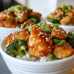 - 1 lb boneless, skinless chicken thighs - 2 cups cooked jasmine rice - 1 cup broccoli florets - 1 carrot, thinly julienned - 1/4 cup low-sodium soy sauce - 2 tablespoons honey - 1 tablespoon rice vinegar - 2 tablespoons sesame oil - 1 tablespoon freshly grated ginger - 2 cloves garlic, minced - 1/4 cup green onions - 2 tablespoons sesame seeds This recipe starts with some key ingredients. The chicken thighs are juicy and tender. They soak in a marinade that packs a flavorful punch. The combination of soy sauce, honey, rice vinegar, and sesame oil adds depth to the dish. Next, jasmine rice serves as the perfect base. Its fragrant aroma pairs well with the chicken. Broccoli florets add a bright green touch and crunch. The julienned carrot brings color and sweetness to the mix. You can also add fresh toppings for extra flavor. Grated ginger adds warmth, while minced garlic gives it a nice kick. Sliced green onions and sesame seeds finish the dish with texture and taste. With these ingredients, you can create a meal that is not just quick but also packed with flavor. Each component plays a role in making the Sesame Chicken Rice Bowls a delightful dish. {{ingredient_image_2}} First, you need to combine the chicken thighs with the marinade. In a bowl, mix together the low-sodium soy sauce, honey, rice vinegar, grated ginger, and minced garlic. Then, add the diced chicken. Make sure every piece is coated well. Cover the bowl and refrigerate it. The chicken should marinate for at least 30 minutes. For the best taste, you can let it sit for up to 2 hours. Next, we will prepare the vegetables. In a large pan, heat 1 tablespoon of sesame oil over medium heat. Add the broccoli florets and the julienned carrot to the pan. Saut&eacute; them for about 5 to 7 minutes. You want them to soften a bit but still have a little crunch. Once done, take the vegetables out of the pan and set them aside. Now, let&rsquo;s cook the chicken. In the same pan, pour in the other tablespoon of sesame oil. Add the marinated chicken to the hot pan. Stir-fry the chicken for about 6 to 8 minutes. Keep stirring until the chicken turns brown and is fully cooked. After the chicken is cooked, it&rsquo;s time to thicken the sauce. Pour the cornstarch-water mixture into the pan. Stir the chicken well to coat it with the sauce. Keep cooking for another 2 to 3 minutes. You want the sauce to become thick and glossy. Taste it and adjust seasoning with salt and pepper as needed. Now, let&rsquo;s bring it all together. Return the saut&eacute;ed vegetables to the pan with the chicken. Gently mix them together until everything is well combined and heated through. Finally, it&rsquo;s time to assemble the rice bowls. Start by placing a generous amount of cooked jasmine rice at the bottom of each serving bowl. Top the rice with the chicken and vegetable mixture. For a finishing touch, sprinkle sliced green onions and sesame seeds on top. Enjoy this savory and colorful meal! Marinating chicken is key for flavor. I suggest marinating for at least 30 minutes. Letting it sit for up to 2 hours enhances the taste even more. Always taste your dish as you cook. Adjust salt and pepper to fit your liking. Use a non-stick pan for easy cooking. It helps prevent the chicken from sticking. If you prefer, a cast iron pan gives a nice sear. For cooking, keep your heat medium to high. This ensures the chicken cooks through without drying out. To make your bowl pop, add colorful veggies. Think red bell peppers, snap peas, or baby corn. They not only look good, but they also add flavor. Serve with lime wedges for a zesty kick. You can also sprinkle extra sesame seeds or green onions on top for a beautiful finish. Pro Tips Marinate for Maximum Flavor: Allow the chicken to marinate for at least 1 hour for a deeper infusion of flavors. If time permits, marinating overnight is even better! Vegetable Variations: Feel free to add other vegetables like bell peppers or snap peas for added color and nutrition. Just ensure they are cut uniformly for even cooking. Perfect Rice Cooking: For fluffy jasmine rice, rinse the rice under cold water until the water runs clear before cooking. This removes excess starch and prevents it from becoming sticky. Garnishing for Appeal: Besides green onions and sesame seeds, consider adding a sprinkle of chili flakes or a drizzle of sriracha for a spicy kick that enhances the dish. {{image_4}} You can swap chicken for tofu to make it vegetarian. Tofu absorbs flavors well, making it tasty. Just marinate and cook it just like chicken. Another option is to use shrimp or beef. Both cook quickly and add a new twist to your bowl. You can add more veggies to your dish. Bell peppers and snap peas work great. They add color and crunch. If you're short on time, use frozen veggies. They are quick to heat and still taste fresh. Want a kick? Add sriracha to your sauce for a spicy version. It brings heat and flavor that excites the taste buds. You can also use teriyaki sauce instead of soy sauce. This will give your dish a sweet and savory twist, perfect for those who love bold flavors. To store leftovers, let the dish cool first. Place the chicken and rice in separate containers. This keeps them fresh and prevents sogginess. Use airtight containers to keep the flavors intact. I like glass containers, as they are sturdy and microwave-safe. Properly stored, your sesame chicken can last up to three days in the fridge. If you want to save portions for later, freeze the chicken and rice separately. Let them cool completely before freezing. Use freezer-safe bags or containers. They can last up to three months in the freezer. When you're ready to eat, thaw in the fridge overnight. Reheat the chicken in a skillet over medium heat. Add a splash of water if it seems dry. For rice, microwave it with a damp paper towel to keep it moist. The best-by date for marinated chicken is two days in the fridge. If it sits longer, it may spoil. Cooked rice and chicken should be eaten within four days for the best flavor and safety. If you plan to enjoy your sesame chicken rice bowls later, follow the storage tips for the best taste and quality. Yes, you can prepare these bowls ahead of time. For meal prep, cook the chicken and vegetables and store them separately. This keeps everything fresh. You can also cook the rice in advance. Store it in a container in the fridge for up to four days. When you are ready to eat, just reheat everything together. This saves time on busy days. If you can&rsquo;t find jasmine rice, try using basmati rice, brown rice, or even quinoa. Basmati has a nice aroma, just like jasmine. Brown rice adds fiber, making the meal healthier. Quinoa is great for a protein boost. Each option has its own flavor, so choose what you like best. To make this dish gluten-free, use gluten-free soy sauce. Look for brands that are labeled gluten-free. You can also swap the rice vinegar for apple cider vinegar if needed. Always check labels on all ingredients to avoid hidden gluten. This way, everyone can enjoy the meal. To balance your meal, serve with simple sides. Steamed edamame or a fresh cucumber salad work well. You can also add a light miso soup. These sides add color and flavor without overpowering the main dish. Plus, they keep the meal fun and interesting. This recipe for Sesame Chicken Rice Bowls combines great flavors and simple steps. You learned how to marinate chicken, saut&eacute; vegetables, and create a delicious sauce. Don't forget to try different proteins and veggie swaps. Proper storage will keep your meals fresh. Whether you&rsquo;re meal prepping or looking for a quick dinner, this dish has you covered. Enjoy your time in the kitchen and share the love of homemade meals!