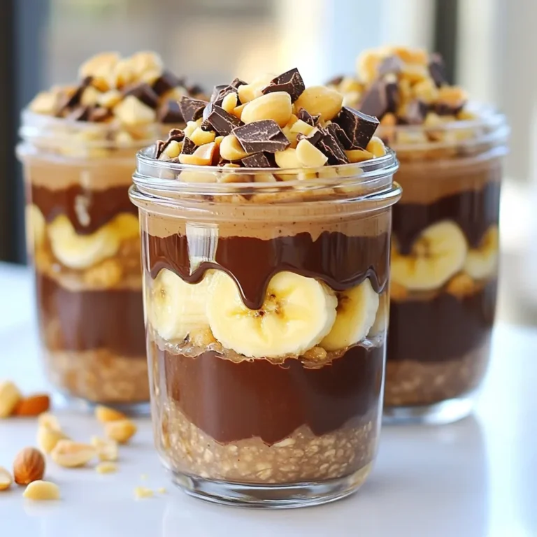 - 1 cup rolled oats - 2 cups unsweetened almond milk or preferred milk - 2 tablespoons unsweetened cocoa powder - 2 tablespoons peanut butter (creamy or crunchy) - 2 tablespoons maple syrup or honey - 1 teaspoon pure vanilla extract - 1 ripe banana, sliced - 1 tablespoon chia seeds - A pinch of salt - Optional toppings: chopped dark chocolate, crushed peanuts, fresh berries, or sliced bananas The ingredients for Chocolate Peanut Butter Overnight Oats are simple yet tasty. You start with rolled oats, which are the heart of this dish. They soak up almond milk, making them creamy and soft. You can choose any milk you like, but I prefer unsweetened almond milk for a light touch. Cocoa powder gives a rich chocolate flavor. Peanut butter adds creaminess and protein. You can pick creamy peanut butter for smoothness or crunchy for texture. Maple syrup or honey sweetens the mix, while vanilla extract brings warmth. Don’t forget the ripe banana! It adds natural sweetness and texture. Chia seeds are tiny powerhouses of nutrition. They help thicken the oats and provide a nice crunch. A pinch of salt enhances all the flavors. For fun, you can add toppings like chopped dark chocolate, crushed peanuts, fresh berries, or more banana slices. These extras make each bite special and delicious. {{ingredient_image_2}} In a big bowl, start by combining the rolled oats, almond milk, cocoa powder, and peanut butter. Mix these well with a whisk until everything blends smoothly. Next, add the maple syrup, pure vanilla extract, chia seeds, and a pinch of salt. This mix gives the oats their rich chocolate and peanut butter flavor. Now, gently fold in the sliced banana. Be careful not to mash them; you want nice pieces for texture. After this, evenly distribute the mixture into jars or containers. Leave a little space at the top for soaking. This helps the oats expand and soak up all the flavors. Seal the jars tightly. Place them in the fridge overnight or at least for 4 hours. This soaking time is key. It makes the oats soft and creamy, perfect for a tasty breakfast. When you're ready to eat, take the jars out and give them a good stir. If the mixture seems too thick, add a splash of almond milk to thin it out. Finally, add your favorite toppings. Try chopped dark chocolate, crushed peanuts, fresh berries, or more banana slices. These toppings not only add flavor but also make your oats look amazing! To get the right thickness, use almond milk wisely. Start with 2 cups, then adjust based on your taste. If the oats are too thick, just add a splash more almond milk. This gives you creamy oats every time. Soaking overnight is key. It allows the oats to absorb the liquid fully. This makes them soft and ready to eat in the morning. If you only soak for a few hours, the texture won't be the same. Toppings can add fun and variety to your oats. I love using chopped dark chocolate for a rich taste. Crushed peanuts give a nice crunch. Fresh berries or extra banana slices add sweetness. You can mix and match to find your favorite combo. If you want to switch sweeteners, try honey instead of maple syrup. For nut butter, creamy peanut butter is smooth, while crunchy adds texture. Both choices work well in this recipe. Layering your oats makes them more appealing. Start with oats, then add toppings on top. This way, you create a beautiful view of chocolate and fruit. You can use clear glass jars for a nice touch. They show off the layers and look great on the table. For serving, choose jars or small bowls. They make it easy to grab a serving. Plus, they keep your oats fresh until you’re ready to enjoy them. Pro Tips Choose Your Milk Wisely: Experiment with different types of milk like oat or coconut to find your perfect flavor combination. Customize Your Sweetness: Adjust the amount of maple syrup or honey based on your preference for sweetness; start with less and add more if needed. Chill for Maximum Creaminess: Allowing the oats to soak overnight enhances the creaminess, making them more enjoyable in the morning. Layer It Up: For a visually appealing presentation, layer the banana and toppings in your jars, creating a beautiful contrast with the chocolate oats. {{image_4}} You can easily modify this recipe to meet your dietary needs. For gluten-free options, use certified gluten-free oats. This ensures that your oats are safe from cross-contamination. If you have lactose intolerance, replace dairy milk with unsweetened almond milk or any non-dairy milk you prefer. These choices keep your breakfast creamy without the discomfort. Adding spices can bring new life to your oats. Try cinnamon or nutmeg for a warm, cozy flavor. You can also mix in fruits for a fresh twist. Berries add a burst of sweetness, while apple slices give a nice crunch. These additions not only change the taste but also make your meal more colorful and fun. Batch cooking makes mornings easier. You can double or triple the recipe for a quick breakfast all week. Just store the oats in mason jars or airtight containers. For storage, keep them in the fridge for up to five days. This way, you can grab a jar and go on busy mornings! To keep your chocolate peanut butter overnight oats fresh, seal them well. Use airtight jars or containers. This keeps the oats from drying out. They can stay in the fridge for up to five days. This makes them great for meal prep! If you want, you can also change up the toppings each day to keep it interesting. If you want to store your oats for a longer time, freezing is a good option. To freeze, put the oats in a freezer-safe container. Leave some space at the top for expansion. When you're ready to eat them, take them out and thaw overnight in the fridge. You can also heat them up in the microwave. Use glass or BPA-free plastic containers for best results. No, steel-cut oats will not work well here. They have a chewier texture and take longer to soak. If you use them, the oats won't soften enough overnight. Stick with rolled oats for that creamy consistency. You can store overnight oats for up to five days in the fridge. Just make sure to keep them in airtight containers. This way, they stay fresh and tasty. Yes! You can switch up the nut butter. Try almond or cashew butter for a twist. Adding spices like cinnamon or nutmeg can also change the flavor. Mix in fruits like strawberries or raspberries for extra sweetness. Absolutely! You can make several servings at once. Just double or triple the recipe. Store them in jars, and grab one each morning. This makes busy mornings so much easier. To make it vegan, use maple syrup instead of honey. Choose any plant-based milk, like oat or soy milk. This keeps everything dairy-free and perfect for a vegan diet. Overnight oats are easy and fun to make. You mix simple ingredients like oats, almond milk, cocoa, and peanut butter. Refrigerate them overnight for a tasty breakfast. You can also change flavors and toppings to fit your taste. Remember to store them well for freshness. Enjoy your chocolate peanut butter oats as a quick meal or snack. With these tips, you'll always have a delicious breakfast ready to go.
