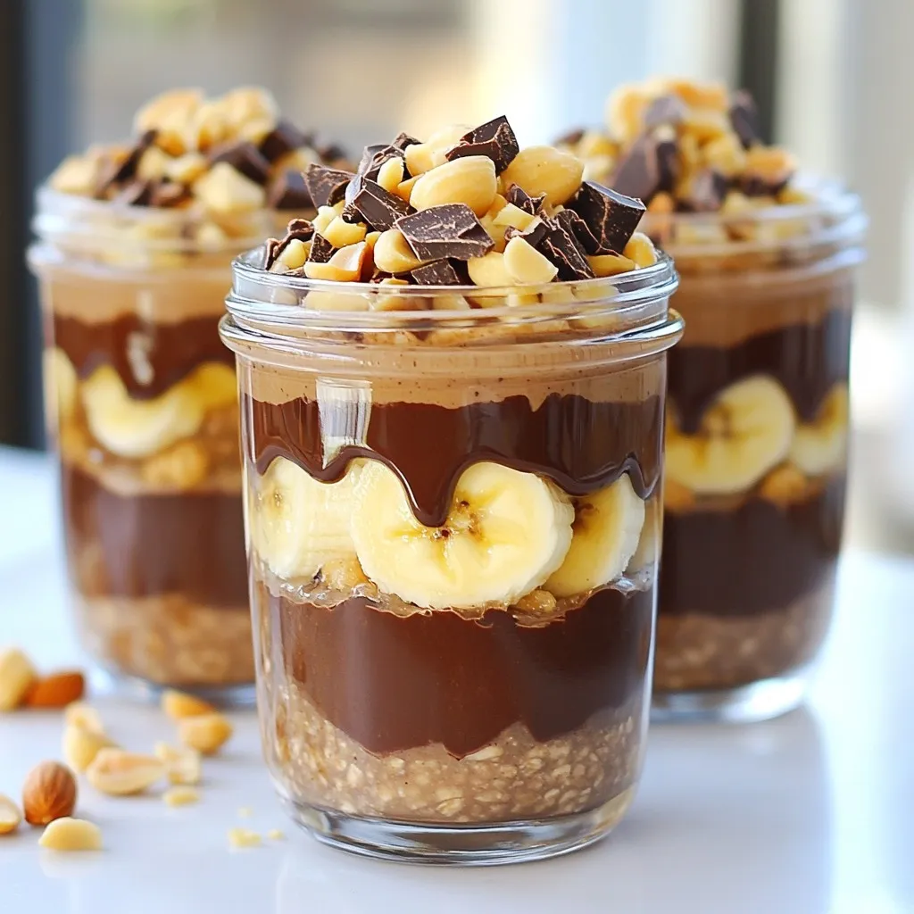 - 1 cup rolled oats - 2 cups unsweetened almond milk or preferred milk - 2 tablespoons unsweetened cocoa powder - 2 tablespoons peanut butter (creamy or crunchy) - 2 tablespoons maple syrup or honey - 1 teaspoon pure vanilla extract - 1 ripe banana, sliced - 1 tablespoon chia seeds - A pinch of salt - Optional toppings: chopped dark chocolate, crushed peanuts, fresh berries, or sliced bananas The ingredients for Chocolate Peanut Butter Overnight Oats are simple yet tasty. You start with rolled oats, which are the heart of this dish. They soak up almond milk, making them creamy and soft. You can choose any milk you like, but I prefer unsweetened almond milk for a light touch. Cocoa powder gives a rich chocolate flavor. Peanut butter adds creaminess and protein. You can pick creamy peanut butter for smoothness or crunchy for texture. Maple syrup or honey sweetens the mix, while vanilla extract brings warmth. Don’t forget the ripe banana! It adds natural sweetness and texture. Chia seeds are tiny powerhouses of nutrition. They help thicken the oats and provide a nice crunch. A pinch of salt enhances all the flavors. For fun, you can add toppings like chopped dark chocolate, crushed peanuts, fresh berries, or more banana slices. These extras make each bite special and delicious. {{ingredient_image_2}} In a big bowl, start by combining the rolled oats, almond milk, cocoa powder, and peanut butter. Mix these well with a whisk until everything blends smoothly. Next, add the maple syrup, pure vanilla extract, chia seeds, and a pinch of salt. This mix gives the oats their rich chocolate and peanut butter flavor. Now, gently fold in the sliced banana. Be careful not to mash them; you want nice pieces for texture. After this, evenly distribute the mixture into jars or containers. Leave a little space at the top for soaking. This helps the oats expand and soak up all the flavors. Seal the jars tightly. Place them in the fridge overnight or at least for 4 hours. This soaking time is key. It makes the oats soft and creamy, perfect for a tasty breakfast. When you're ready to eat, take the jars out and give them a good stir. If the mixture seems too thick, add a splash of almond milk to thin it out. Finally, add your favorite toppings. Try chopped dark chocolate, crushed peanuts, fresh berries, or more banana slices. These toppings not only add flavor but also make your oats look amazing! To get the right thickness, use almond milk wisely. Start with 2 cups, then adjust based on your taste. If the oats are too thick, just add a splash more almond milk. This gives you creamy oats every time. Soaking overnight is key. It allows the oats to absorb the liquid fully. This makes them soft and ready to eat in the morning. If you only soak for a few hours, the texture won't be the same. Toppings can add fun and variety to your oats. I love using chopped dark chocolate for a rich taste. Crushed peanuts give a nice crunch. Fresh berries or extra banana slices add sweetness. You can mix and match to find your favorite combo. If you want to switch sweeteners, try honey instead of maple syrup. For nut butter, creamy peanut butter is smooth, while crunchy adds texture. Both choices work well in this recipe. Layering your oats makes them more appealing. Start with oats, then add toppings on top. This way, you create a beautiful view of chocolate and fruit. You can use clear glass jars for a nice touch. They show off the layers and look great on the table. For serving, choose jars or small bowls. They make it easy to grab a serving. Plus, they keep your oats fresh until you’re ready to enjoy them. Pro Tips Choose Your Milk Wisely: Experiment with different types of milk like oat or coconut to find your perfect flavor combination. Customize Your Sweetness: Adjust the amount of maple syrup or honey based on your preference for sweetness; start with less and add more if needed. Chill for Maximum Creaminess: Allowing the oats to soak overnight enhances the creaminess, making them more enjoyable in the morning. Layer It Up: For a visually appealing presentation, layer the banana and toppings in your jars, creating a beautiful contrast with the chocolate oats. {{image_4}} You can easily modify this recipe to meet your dietary needs. For gluten-free options, use certified gluten-free oats. This ensures that your oats are safe from cross-contamination. If you have lactose intolerance, replace dairy milk with unsweetened almond milk or any non-dairy milk you prefer. These choices keep your breakfast creamy without the discomfort. Adding spices can bring new life to your oats. Try cinnamon or nutmeg for a warm, cozy flavor. You can also mix in fruits for a fresh twist. Berries add a burst of sweetness, while apple slices give a nice crunch. These additions not only change the taste but also make your meal more colorful and fun. Batch cooking makes mornings easier. You can double or triple the recipe for a quick breakfast all week. Just store the oats in mason jars or airtight containers. For storage, keep them in the fridge for up to five days. This way, you can grab a jar and go on busy mornings! To keep your chocolate peanut butter overnight oats fresh, seal them well. Use airtight jars or containers. This keeps the oats from drying out. They can stay in the fridge for up to five days. This makes them great for meal prep! If you want, you can also change up the toppings each day to keep it interesting. If you want to store your oats for a longer time, freezing is a good option. To freeze, put the oats in a freezer-safe container. Leave some space at the top for expansion. When you're ready to eat them, take them out and thaw overnight in the fridge. You can also heat them up in the microwave. Use glass or BPA-free plastic containers for best results. No, steel-cut oats will not work well here. They have a chewier texture and take longer to soak. If you use them, the oats won't soften enough overnight. Stick with rolled oats for that creamy consistency. You can store overnight oats for up to five days in the fridge. Just make sure to keep them in airtight containers. This way, they stay fresh and tasty. Yes! You can switch up the nut butter. Try almond or cashew butter for a twist. Adding spices like cinnamon or nutmeg can also change the flavor. Mix in fruits like strawberries or raspberries for extra sweetness. Absolutely! You can make several servings at once. Just double or triple the recipe. Store them in jars, and grab one each morning. This makes busy mornings so much easier. To make it vegan, use maple syrup instead of honey. Choose any plant-based milk, like oat or soy milk. This keeps everything dairy-free and perfect for a vegan diet. Overnight oats are easy and fun to make. You mix simple ingredients like oats, almond milk, cocoa, and peanut butter. Refrigerate them overnight for a tasty breakfast. You can also change flavors and toppings to fit your taste. Remember to store them well for freshness. Enjoy your chocolate peanut butter oats as a quick meal or snack. With these tips, you'll always have a delicious breakfast ready to go.