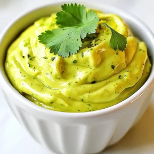 - 2 ripe avocados - 1/2 cup sour cream (or Greek yogurt) - 1 lime, juiced and zested - 1 garlic clove, finely minced - 1/4 teaspoon ground cumin - Salt and freshly ground black pepper to taste The main ingredients for avocado lime crema are simple yet flavorful. Ripe avocados form the base. They offer creaminess and rich taste. Choose avocados that are soft but not too mushy. Sour cream gives a nice tang, but Greek yogurt works too. It adds a healthy twist. Fresh lime juice and zest brighten the dip. They add a zesty kick that wakes up your taste buds. Minced garlic brings depth and warmth to the flavor. Ground cumin adds a hint of earthiness. Finally, salt and pepper balance all the flavors. - Fresh cilantro leaves - Additional lime wedges Garnishes can elevate your avocado lime crema. Fresh cilantro leaves add a burst of color and flavor. They make the dip look more appealing. Additional lime wedges offer a chance for extra zing. You can squeeze them over the crema before serving. These simple ingredients work together to make a dip that is sure to impress. Whether you serve it at a party or enjoy it as a snack, avocado lime crema is a hit. {{ingredient_image_2}} - Halve avocados and remove the pit. - Scoop avocado flesh into the food processor. - Add sour cream, lime juice, lime zest, garlic, cumin, salt, and pepper. Start by cutting the avocados in half. Be careful when removing the pit. This step ensures you get the creamy avocado flesh without any hassle. Next, scoop out the flesh and place it right into your food processor. The creamy texture of ripe avocados makes them perfect for this dip. Now, it&rsquo;s time to add flavor. Pour in the sour cream or Greek yogurt, depending on what you prefer. Add the fresh lime juice and zest for that zesty kick. Minced garlic brings a nice touch, while cumin adds warmth. Don&rsquo;t forget to sprinkle in salt and pepper to taste. - Blend until smooth. - Adjust consistency with water if necessary. Once everything is in the processor, secure the lid tightly. Blend on high speed for about 30 seconds. You want it to be smooth and creamy. If you find it too thick, add a tablespoon of water. Blend again until you reach your desired consistency. This step is key to achieving the perfect dip texture. - Taste and adjust seasoning. - Refrigerate for flavor blending. After blending, it&rsquo;s crucial to taste the crema. Adjust the seasoning by adding more salt, pepper, or lime juice if needed. This personalization makes the dip just right for your taste. Once you&rsquo;re happy with the flavor, transfer the crema to a serving bowl. Cover it with plastic wrap and place it in the refrigerator. Let it chill for about 30 minutes. This step allows all the flavors to meld together beautifully. Just before serving, garnish with fresh cilantro leaves for a lovely touch. To get the right texture for your avocado lime crema, you can adjust the thickness. If it feels too thick, add a little water. Start with one tablespoon and blend. If you want it creamier, use more sour cream or Greek yogurt. Blend until smooth and creamy. You can boost the flavor with spices or fresh herbs. Try adding a pinch of chili powder for heat. Fresh cilantro or even dill will add great taste. If you don't have lime juice, use lemon juice instead. It offers a nice tang and works well. This crema pairs well with many dishes. Use it as a dip for tortilla chips or fresh veggies. It also makes a great topping for tacos or grilled chicken. Spread it on sandwiches for a tasty twist. Enjoy the creamy goodness! Pro Tips Choose Ripe Avocados: Make sure your avocados are perfectly ripe for the creamiest texture and best flavor. Look for avocados that yield slightly to gentle pressure. Adjust Consistency: If your crema is too thick, add a tablespoon of water or extra lime juice to achieve your desired consistency without compromising flavor. Enhance Flavor: For an extra kick, consider adding a pinch of cayenne pepper or a dash of hot sauce to the mixture for a spicy twist. Storage Tips: To prevent browning, press plastic wrap directly onto the surface of the crema before refrigerating. This will keep it fresh and vibrant. {{image_4}} You can make Avocado Lime Crema healthier by substituting Greek yogurt for sour cream. Greek yogurt adds creaminess while cutting fat. It also boosts protein, making the dip more filling. Another option is to use low-fat sour cream. This choice still keeps the taste rich but reduces calories. For a kick, try adding jalape&ntilde;os to the mix. Chop them finely and blend them in. This twist adds heat and a fun flavor. You can also incorporate herbs like mint or parsley. These fresh herbs bring a bright taste that makes the crema unique. Combining this dip with fruits like mango or pineapple can elevate your dish. The sweetness balances the crema's tanginess. Mixing in roasted garlic also adds depth. It gives a rich flavor that enhances every scoop. With these variations, you can enjoy Avocado Lime Crema in many exciting ways. Store Avocado Lime Crema in an airtight container. This keeps it fresh longer. You can also press plastic wrap directly onto the surface. This helps prevent air from getting in. Place the container in the fridge. Always use a clean spoon to scoop it out. This avoids adding bacteria. Yes, you can freeze Avocado Lime Crema! Just put it in a freezer-safe container. Leave a little space at the top for expansion. When it's time to use it, take it out of the freezer. Let it thaw in the fridge overnight. Once thawed, stir it well before serving. In the refrigerator, Avocado Lime Crema lasts about 3 to 5 days. Look for signs of spoilage. If it smells off or changes color, it&rsquo;s time to toss it. Always trust your senses; if in doubt, throw it out! You can use Avocado Lime Crema with many tasty foods. Here are some great options: - Tacos - Grilled meats - Salads This crema adds a fresh and zesty flavor to each dish. Tacos become creamy and rich. Grilled meats gain a tangy twist. Salads get a tasty dressing. You can even use it as a dip for chips or veggies. Yes, you can make this crema ahead of time. Prepare it up to two days before you need it. Just store it in the fridge. This allows the flavors to blend well. Just remember to keep it covered. To keep your crema fresh, use lime juice. The acid in lime juice slows down browning. Cover the crema tightly with plastic wrap. Press it directly onto the surface. This limits exposure to air. If you see any browning, just stir it before serving. This blog post covered how to make Avocado Lime Crema. We focused on key ingredients, like ripe avocados, sour cream, and lime juice. You learned step-by-step instructions and useful tips for the perfect texture and flavor. We also discussed variations and storage methods. Now, you can create this tasty sauce with ease. Enjoy using it on tacos, dips, or even salads. With these tips, your Avocado Lime Crema will always impress.