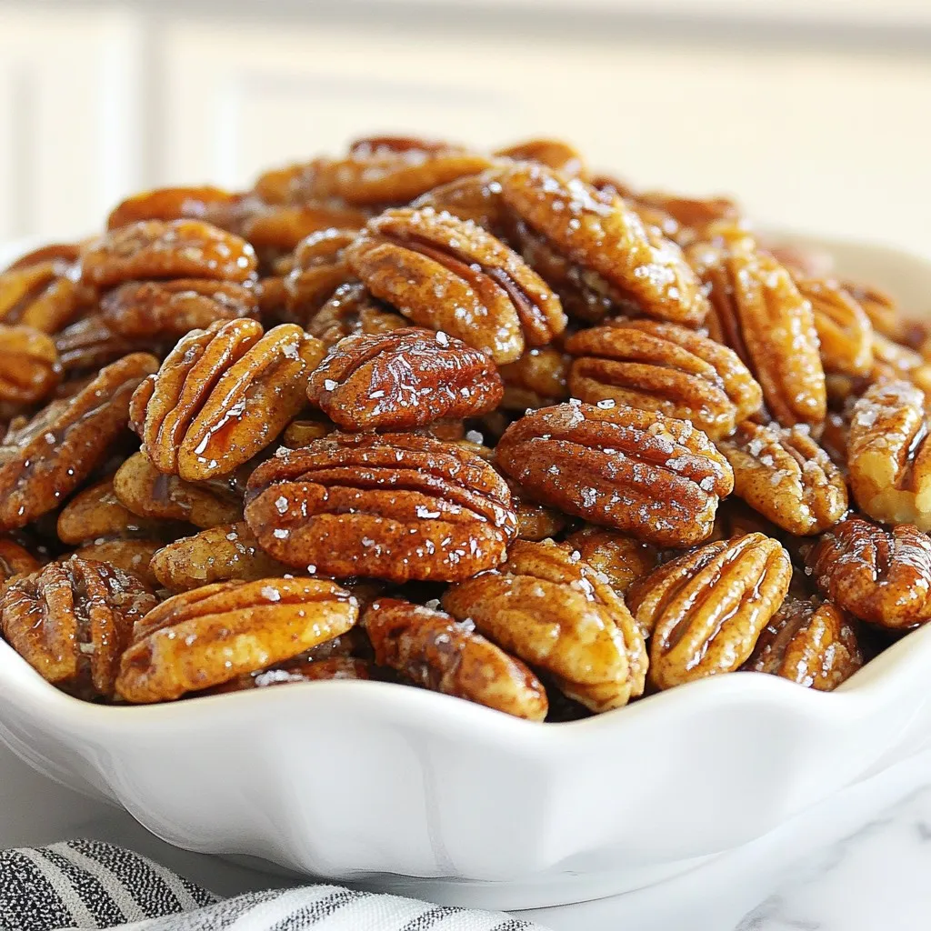 - 2 cups pecan halves - 1/4 cup pure maple syrup - 1 tablespoon ground cinnamon - 1/2 teaspoon sea salt - 1/2 teaspoon vanilla extract - 1/4 teaspoon cayenne pepper (optional) - 1 tablespoon coconut oil or unsalted butter, melted Each ingredient plays a key role in this recipe. The pecan halves give a rich, nutty base. Maple syrup adds sweetness that balances the spice. Ground cinnamon brings warmth and depth. Sea salt enhances all the flavors. Vanilla extract adds a lovely aroma. The cayenne pepper (if you choose to add it) gives a nice kick. Coconut oil or butter helps to bind everything together. - Pecan Halves: Look for brands like Fisher or Planters for quality nuts. - Maple Syrup: Use pure maple syrup, such as Grade A from Maple Grove Farms. - Ground Cinnamon: McCormick offers reliable and flavorful cinnamon. - Sea Salt: Try Himalayan pink salt or Maldon sea salt for a good choice. - Vanilla Extract: Nielsen-Massey is a trusted brand known for quality. - Coconut Oil: Nutiva and Spectrum offer great organic options. - Unsalted Butter: Land O'Lakes provides a rich flavor. Choosing good brands keeps your snack tasting fresh and delicious. - 1/4 cup is equal to 4 tablespoons. - 1 tablespoon is about 15 milliliters. - 1/2 teaspoon equals about 2.5 milliliters. These conversions help if you need different amounts. Just remember, the ratios stay the same! Enjoy making your cinnamon maple roasted pecans. {{ingredient_image_2}} 1. First, preheat your oven to 350°F (175°C). This step is key for roasting pecans right. 2. Line a baking sheet with parchment paper. This makes cleanup easy later on. 3. In a large bowl, combine the maple syrup and melted coconut oil or butter. 4. Add ground cinnamon, sea salt, vanilla extract, and cayenne pepper if you want heat. 5. Whisk the mixture until it looks smooth and mixed well. 1. Carefully add the pecan halves to the bowl. Make sure all the nuts get coated. 2. Toss the pecans gently in the sweet mix. You want them covered well. 3. Spread the coated pecans on the lined baking sheet. Keep them in a single layer. 4. Place the baking sheet in the preheated oven. Roast the pecans for 10 to 12 minutes. 5. About halfway through, stir the nuts to help them roast evenly. Watch them closely to avoid burning. 1. Once they turn golden brown and smell great, take the baking sheet out. 2. Let the pecans cool on the sheet. This will make them crispier as they cool. 3. If you see any clumps, break them apart gently. 4. Store your roasted pecans in an airtight container. They stay fresh for up to two weeks. To roast your pecans just right, start with high-quality nuts. Fresh pecans taste best. Use a light coating of oil or butter to help the spices stick. Spread them out evenly on the baking sheet. This helps them roast without burning. Stir them halfway through roasting. Keep a close watch, as they can go from perfect to burnt quickly. To make these pecans even tastier, try adding a pinch of nutmeg or ginger. You can also mix in some cocoa powder for a chocolate twist. If you like spice, cayenne pepper adds heat. The maple syrup is sweet, so balance that with a bit of salt. This combo will make the flavors pop! One common mistake is overcrowding the baking sheet. If the pecans touch, they won’t roast well. Another mistake is not watching the oven closely. Nuts can burn in seconds! Lastly, don’t skip the cooling step. Letting them cool on the sheet makes them crunchier. Avoid these errors for a perfect snack! Pro Tips Watch the Time: Keep a close eye on the pecans while they roast; they can go from perfectly toasted to burnt in a matter of minutes. Even Coating: Ensure each pecan is thoroughly coated with the maple mixture for the best flavor and caramelization. Cooling Process: Allow the pecans to cool completely on the baking sheet; they will become crunchier as they cool down. Storage: Store your roasted pecans in an airtight container to maintain their freshness and crunch for up to two weeks. {{image_4}} You can swap maple syrup for honey or agave syrup. Both options add sweetness. Honey brings a floral note while agave has a mild flavor. If you like something lower in sugar, try using a sugar substitute, like stevia or monk fruit. Just remember, these options can change the taste. Get creative with spices! Add nutmeg or ginger for a warm twist. For a chocolate flavor, sprinkle cocoa powder on the pecans before roasting. If you enjoy a kick, mix in chili powder or smoked paprika. These flavors can turn a simple snack into something special. Pecans are great, but you can use other nuts too. Almonds and walnuts work well with the same recipe. They will have a different taste, but they still roast nicely. If you want a nut-free option, try using pumpkin seeds or sunflower seeds. They will add crunch without the nuts. To keep your cinnamon maple roasted pecans fresh, store them in an airtight container. Glass jars work well, but you can also use plastic containers. Make sure to keep them in a cool, dry place. Avoid exposing them to heat or moisture. These roasted pecans will stay fresh for about two weeks when stored properly. If you want to keep them longer, consider freezing them. They will last for up to three months in the freezer. Just place them in a freezer-safe bag or container. If you want to enjoy the pecans warm again, preheat your oven to 300°F (150°C). Spread the pecans on a baking sheet in a single layer. Heat them for about 5-10 minutes. This will bring back their crunch. Make sure to watch them closely to avoid burning. Enjoy these tasty snacks anytime! If you don’t have maple syrup, you can use honey or agave nectar. Both add sweetness. They also have a different taste, but they work well. Adjust the amount to your liking. For a sugar-free option, try using stevia or monk fruit sweetener. These options will give you a similar sweet kick. To spice up your pecans, add more cayenne pepper. Start with a full teaspoon if you like heat. You can also mix in chili powder or smoked paprika for a smoky flavor. Another fun option is to add fresh black pepper. This gives a nice kick and depth to your snack. Yes, roasted pecans are healthy! They are full of healthy fats, protein, and fiber. These nuts can help keep your heart healthy. They also contain vitamins and minerals like vitamin E and magnesium. Enjoy them in moderation as part of a balanced diet. They make a great snack for energy, too! This blog post covered all you need to know about roasting pecans. We looked at key ingredients and brands, plus how to measure them. I shared easy preparation steps and tips to roast them just right. You learned to avoid mistakes while adding fun flavors. Remember, great storage keeps your pecans fresh longer. Use these ideas, and enjoy delicious roasted pecans every time!