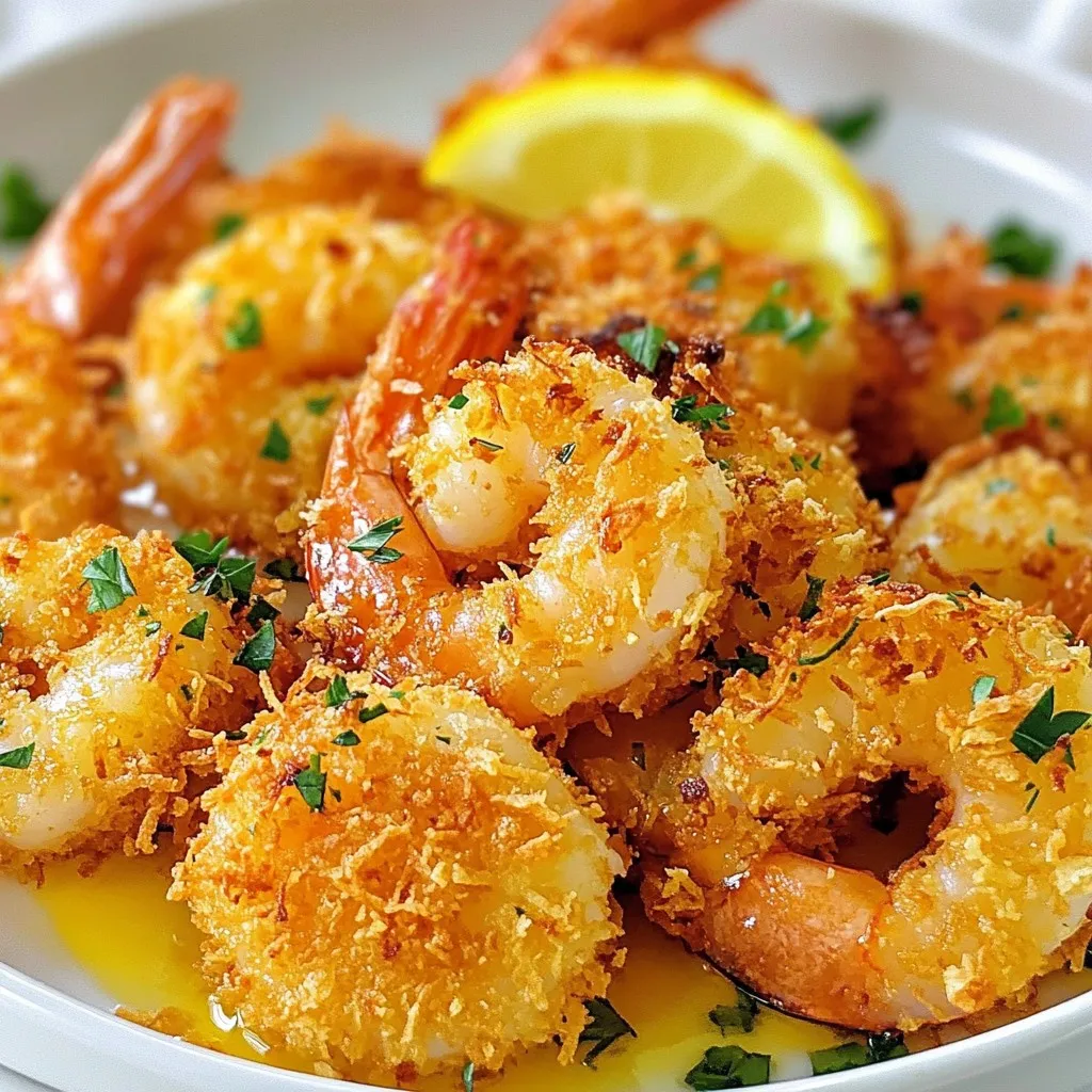 To make this tasty snack, you need: - 1 pound large shrimp, peeled and deveined - 1 cup unsweetened shredded coconut - 1 cup panko breadcrumbs - 1/2 cup all-purpose flour - 2 large eggs, beaten These main ingredients create a crunchy coating that makes the shrimp shine. Adding flavor is key. For this recipe, use: - 1 teaspoon garlic powder - 1 teaspoon paprika - 1/2 teaspoon salt - 1/4 teaspoon black pepper These seasonings lift the taste, giving your shrimp extra zest. To help the shrimp crisp up, use: - Cooking spray or a drizzle of oil A light coating of spray or oil will make your shrimp perfectly golden and crunchy. {{ingredient_image_2}} Start by rinsing the shrimp under cold water. This cleans them well. After rinsing, use paper towels to dry the shrimp. This step is key. Removing moisture helps the coating stick better. Grab three shallow dishes. In the first dish, mix all-purpose flour with garlic powder, paprika, salt, and black pepper. In the second dish, beat the two eggs until smooth. In the last dish, blend the shredded coconut and panko breadcrumbs for a great crunch. Take one shrimp and dip it into the flour mix. Make sure it gets coated evenly. Then, gently shake off any extra flour. You want a thin layer, not a clump. Next, set your air fryer to preheat at 400°F (200°C). Let it heat for about 5 minutes. This step helps the shrimp cook evenly and get crispy. Place the breaded shrimp in a single layer in the air fryer basket. Do not overcrowd them. If you have many shrimp, cook them in batches. This keeps them crispy. After cooking for 8-10 minutes, the shrimp should be opaque and crispy. If they need more time, air fry them for 1-2 extra minutes. Once done, carefully take them out and let them cool for a minute. Serve warm with a tangy dipping sauce for added flavor! To get that perfect crunch, preheat your air fryer to 400°F (200°C) for about five minutes. This helps the shrimp cook evenly and get crispy. Lightly spray the shrimp with cooking spray or drizzle a little oil on them before cooking. This adds extra crispiness and flavor. Flip the shrimp halfway through cooking to ensure they brown nicely on both sides. To keep the shrimp from sticking, make sure they are dry before breading. Pat them with paper towels after rinsing. Use cooking spray on the air fryer basket too. This simple step helps the shrimp release easily after cooking, so you won’t lose any delicious pieces. Set up a breading station using three shallow dishes. In one, mix flour with garlic powder, paprika, salt, and black pepper. In the second dish, beat your eggs. In the third dish, combine shredded coconut and panko breadcrumbs. To coat the shrimp, dip each one into the flour mix first, then the egg, and finish with the coconut mix. Press gently to help the coating stick well. This method makes the shrimp tasty and crunchy! Pro Tips Dry the Shrimp: Make sure to pat the shrimp dry thoroughly before breading. This helps the coating stick better and results in a crispier texture. Customize Your Coating: Feel free to mix in spices like cayenne pepper or chili powder with the coconut and panko for an added kick of flavor. Don’t Overcrowd the Basket: Air fry in small batches to ensure even cooking and crispiness. Overcrowding can lead to soggy shrimp. Serve Immediately: For the best taste and texture, serve the shrimp right after cooking. They are at their crispiest when fresh! {{image_4}} You can change up the breading for your coconut shrimp. Try using crushed cornflakes instead of panko for a fun twist. You can also use ground almonds or cashews to add a nutty flavor. For a spicy kick, mix some cayenne pepper into the coconut and breadcrumb mix. This will give your shrimp a nice heat. Each option can make your dish fun and unique! Spices can turn a good dish into a great one. Besides garlic powder and paprika, you might add some cumin or chili powder. These spices will deepen the flavor and give your shrimp a new taste. You can also try adding fresh herbs like cilantro or parsley for a burst of freshness. Just remember to keep it balanced! While the air fryer is great, you can use other methods to cook your shrimp. Try baking them in the oven at 400°F for about 15 minutes. Another option is to pan-fry the shrimp in a bit of oil on medium heat. This will give them a lovely golden color. Each cooking method will create a different texture and flavor, so feel free to experiment! To store leftover coconut shrimp, first, let them cool. Place the shrimp in an airtight container. Be sure to layer them with parchment paper to keep them crisp. Store in the fridge for up to two days. This method helps preserve their flavor and texture. When you're ready to eat the leftovers, reheating is key. Use the air fryer for the best results. Preheat it to 350°F (175°C). Place the shrimp in a single layer. Heat them for about 4-5 minutes. This keeps them crispy and delicious. Avoid using the microwave, as it can make them soggy. If you want to freeze the shrimp, start with cooled, cooked shrimp. Place them in a freezer-safe bag. Remove as much air as possible before sealing. Label the bag with the date. You can freeze them for up to three months. To cook, thaw them overnight in the fridge before reheating. Yes, you can use frozen shrimp. Just thaw them first. Place the shrimp in cold water for about 15 minutes. After thawing, rinse and dry them well. This helps the coating stick better. Coconut shrimp loves a good dip! Here are some tasty options: - Sweet chili sauce - Mango salsa - Spicy aioli - Honey mustard These dips add flavor and make the shrimp even more fun to eat. You can store cooked coconut shrimp in the fridge for up to three days. Make sure to place them in an airtight container. If you want them crispy, reheat them in the air fryer for a few minutes. Absolutely! To make this recipe gluten-free, use gluten-free flour and gluten-free panko breadcrumbs. This way, you can enjoy the same crunchy texture without the gluten. We've covered everything you need to make tasty air fryer coconut shrimp. You learned about the main ingredients, essential tips to achieve the perfect crunch, and even how to store leftovers. Remember, you can customize this dish with different spices or breading options. With these steps, you can make a delicious meal that everyone will love. Enjoy experimenting and impressing your friends and family with your new skills!
