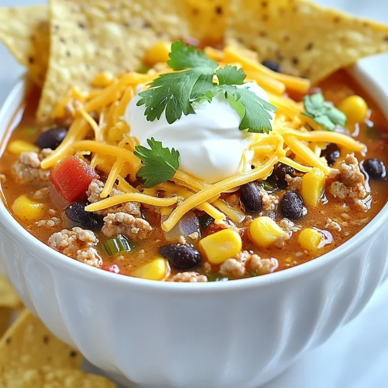 To make loaded taco soup, gather these ingredients: - 1 lb ground turkey or beef - 1 medium onion, diced - 3 cloves garlic, minced - 1 can (15 oz) black beans, drained and rinsed - 1 can (15 oz) kidney beans, drained and rinsed - 1 can (15 oz) sweet corn, drained - 1 can (14.5 oz) diced tomatoes with green chilies - 2 cups low-sodium chicken broth - 2 tablespoons taco seasoning - 1 teaspoon ground cumin - ½ teaspoon smoked paprika - Salt and pepper to taste - 1 cup shredded sharp cheddar cheese - ½ cup sour cream - Fresh cilantro, chopped (for garnish) - Tortilla chips (for serving) You can swap ground turkey for ground chicken or beef. Try beans like pinto or navy for a twist. Use vegetable broth for a vegetarian option. For a vegan dish, remove meat and sour cream, and add avocado instead. If you want less sodium, choose low-sodium beans and broth. You can also use lactose-free sour cream for dairy-free needs. Each serving of loaded taco soup offers a hearty meal. It has around: - Calories: 350 - Protein: 25g - Carbs: 30g - Fiber: 10g - Fat: 15g This soup packs nutrition and flavor, making it a smart choice for any meal. {{ingredient_image_2}} Start by heating a splash of olive oil in a large pot over medium heat. Once the oil shimmers, add the diced onion. Sauté it for about 3-4 minutes until it softens and turns translucent. Next, stir in the minced garlic and cook for another minute. This will make the garlic fragrant. Now, add 1 pound of ground turkey or beef to the pot. Use a spoon to break the meat into smaller pieces. Cook for about 5-7 minutes until the meat is fully browned. It should not be pink anymore. Next, sprinkle in 2 tablespoons of taco seasoning, 1 teaspoon of ground cumin, and ½ teaspoon of smoked paprika. Mix everything well to combine the spices with the meat and onion. Then, add the drained black beans, kidney beans, sweet corn, diced tomatoes with green chilies, and the chicken broth. Stir it all together to ensure everything is mixed well. Bring the soup to a gentle simmer. Once it simmers, reduce the heat to low. Let the soup cook for about 20 minutes. This helps the flavors meld together perfectly. Taste the soup and adjust the seasoning with salt and pepper as needed. To serve, ladle the hot soup into bowls. Top each bowl with shredded cheddar cheese, a dollop of sour cream, and chopped cilantro. For crunch, serve tortilla chips on the side or sprinkle them on top. To brown meat well, use medium-high heat. This helps the meat sear quickly. Avoid overcrowding the pot. If you add too much meat at once, it can steam instead of brown. Break the meat into smaller pieces with a spoon. This allows more surface area to brown. Keep an eye on the color. When the meat turns a nice brown, it is ready. This adds rich flavor to your soup. To get the best flavor in your soup, use fresh spices. They make a big difference. Adjust the seasoning after cooking. Start with a little salt and pepper. You can always add more later. The taco seasoning gives a nice kick, but don’t forget the other spices. Cumin adds warmth, while smoked paprika gives depth. Taste your soup as it cooks. This way, you can find the perfect balance of flavors. Store leftover Loaded Taco Soup in an airtight container. It can last up to five days in the fridge. To reheat, warm it on the stove over medium heat. Stir often to keep it from sticking. You can also use a microwave. Heat it in a microwave-safe bowl for about two minutes. Ensure it is hot throughout before serving. Leftovers taste even better the next day as the flavors mix! For this recipe, you need a large pot or Dutch oven. A strong wooden spoon helps stir the ingredients well. Use a sharp knife and a cutting board to chop your veggies. A measuring cup is key for liquids. If you have an immersion blender, it’s handy for pureeing if you prefer a smoother soup. Serving Loaded Taco Soup looks fun and bright. Use deep bowls to show off the soup's colors. Top each bowl with shredded cheese, sour cream, and cilantro. Arrange these toppings in a neat way. Add tortilla chips on the side or on top for crunch. This makes your dish look inviting and delicious! Pro Tips Choose Your Protein: For a healthier option, use ground turkey instead of beef, but if you prefer a richer flavor, beef is the way to go. Customize Your Spice Level: Adjust the amount of taco seasoning and green chilies based on your preference for heat; feel free to add fresh jalapeños for an extra kick! Beans for Texture: Mixing different types of beans not only adds flavor but also creates a lovely texture, so don’t hesitate to experiment with pinto or black-eyed peas. Make It Ahead: This soup tastes even better the next day! Consider making a double batch for meal prep and refrigerate or freeze for later enjoyment. {{image_4}} If you want a meat-free version, swap the ground turkey or beef for plant-based meat. You can use lentils or quinoa for added protein. Also, make sure to choose vegan cheese and sour cream. These simple swaps keep the taste great while making it suitable for everyone. You can easily change the protein in Loaded Taco Soup. Ground chicken or pork works well too. If you prefer seafood, try adding shrimp. Just cook it until it's pink. Each protein adds its unique flavor, so feel free to mix it up! Adjusting spice levels is easy. If you like heat, add more taco seasoning or some diced jalapeños. For a milder flavor, reduce the seasoning. Remember, you can always taste and add more as the soup simmers. This way, you can create a soup that is just right for your taste buds. To keep Loaded Taco Soup fresh, store it in airtight containers. Make sure to let the soup cool down before sealing it. This step helps prevent condensation, which can make the soup watery. Label the containers with the date, so you know when you made it. You can freeze Loaded Taco Soup for up to three months. Just pour it into freezer-safe bags or containers. Leave some space at the top, as the soup will expand. When you’re ready to eat, thaw it overnight in the fridge. You can also use the microwave for quicker thawing. Reheat on the stove over low heat, stirring often, until warm. In the fridge, Loaded Taco Soup will stay good for about 3 to 4 days. Always check for any off smells or signs of spoilage before eating. If you notice anything unusual, it’s best to toss it out. To make Loaded Taco Soup in a slow cooker, start by browning the ground turkey or beef in a skillet. This step adds flavor. After browning, transfer the meat to the slow cooker. Add diced onion, minced garlic, black beans, kidney beans, sweet corn, diced tomatoes, chicken broth, taco seasoning, cumin, and smoked paprika. Stir everything well. Cook on low for 6-8 hours or high for 3-4 hours. Before serving, taste and adjust the seasoning if needed. Top with cheese, sour cream, and cilantro. Yes, you can use fresh vegetables! Fresh veggies add a nice crunch and flavor. For the onion, use a medium-sized one, diced. Instead of canned corn, use about 1 cup of fresh corn kernels. Chop fresh tomatoes in place of canned diced tomatoes. You can also use fresh bell peppers or zucchini for extra nutrition. Just remember to adjust cooking times. Fresh veggies may need more time to cook and soften. Loaded Taco Soup pairs well with many sides. Here are some great options: - Tortilla chips: For dipping or topping. - Cornbread: Sweet or savory cornbread works well. - Rice: Serve it over cooked rice for a heartier meal. - Salad: A fresh green salad adds a nice crunch. - Guacamole: Creamy guacamole enhances the meal. Each option complements the soup’s flavors and makes your meal more filling. Enjoy! In this post, we covered everything you need to make Loaded Taco Soup. We listed the ingredients and their substitutes. You learned the cooking steps and tips for adding flavor. We shared how to store leftovers and customize your soup. Remember, you can adjust this recipe to meet your dietary needs. Enjoy your cooking, and feel free to experiment with flavors and ingredients. This soup is both fun to make and delicious to eat!