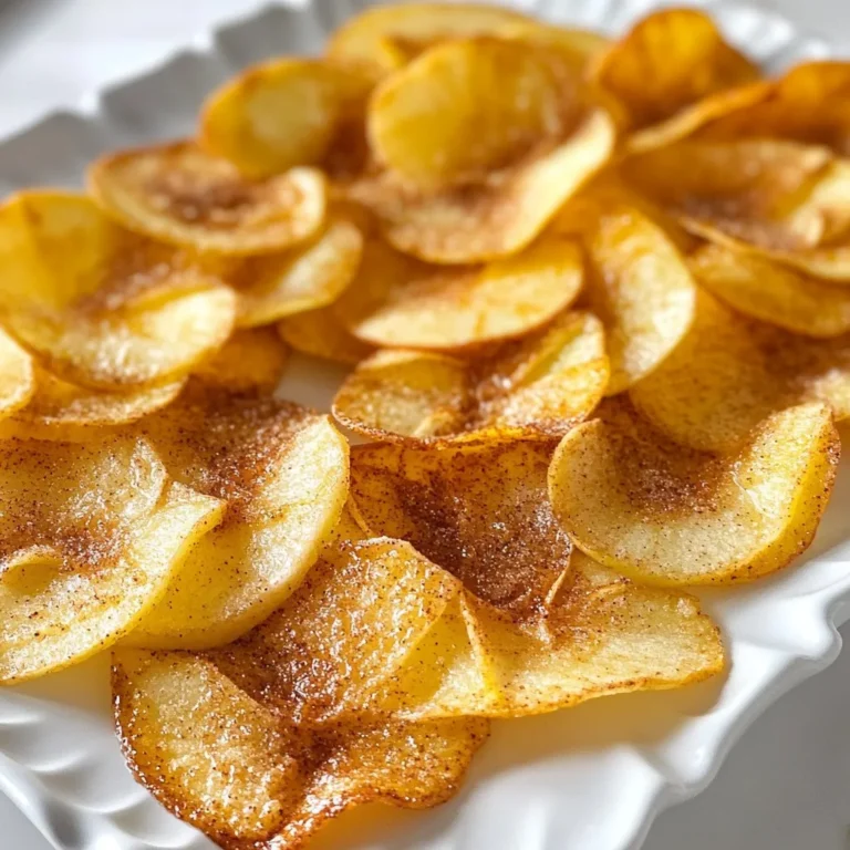 To make the best cinnamon sugar apple chips, you need a few key items: - 3 medium apples (Fuji or Granny Smith work best) - 2 tablespoons granulated sugar - 1 teaspoon ground cinnamon - A pinch of salt - Cooking spray or parchment paper (optional) These items come together to create a sweet and crunchy snack. I love using Fuji or Granny Smith apples. Fuji apples are sweet and crisp. They give a great flavor. Granny Smith apples add a nice tartness. Both types hold up well when baked. You can try other apples, but these two are my favorites. Fresh ingredients make a big difference. Fresh apples taste better and are crunchier. Check your apples for bruises or soft spots. The sugar and cinnamon should be fresh too. Old spices can lose flavor. When you use fresh ingredients, your apple chips will shine. Trust me; it is worth it! {{ingredient_image_2}} First, set your oven to 225°F (110°C). This low heat helps the apples dry out slowly. Next, grab a baking sheet. Line it with parchment paper or lightly spray it with cooking spray. This step helps prevent the apple slices from sticking. Wash your apples well and dry them. Use a sharp knife or a mandoline slicer to cut them. Aim for thin rounds, about 1/8 inch thick. Make sure to remove any seeds as you slice. Thin slices help the chips become crispy. In a small bowl, combine 2 tablespoons of sugar, 1 teaspoon of cinnamon, and a pinch of salt. Stir the mixture well. This blend adds sweet and spicy flavors to your chips. Lay out the apple slices in a single layer on the baking sheet. Make sure they do not overlap. This ensures even baking. Now, sprinkle the cinnamon sugar mix over the apple slices. Make sure each slice gets a good coating for the best taste. Place the baking sheet in the oven. Bake your apple slices for about 1.5 to 2 hours. Flip them halfway through to help them bake evenly. This step is key for getting that perfect crisp. The apple chips are done when they look crisp and feel dry. If they aren’t crispy enough, bake them for another 10 to 20 minutes. Keep an eye on them to avoid burning. After baking, take them out and let them cool on the baking sheet. They will get even crispier as they cool down. To make your apple chips super crispy, thin slices are key. Aim for about 1/8 inch thick. Use a sharp knife or a mandoline for even cuts. Spread the slices in a single layer on your baking sheet. Overlapping slices trap moisture and make them soggy. Baking at a low temperature like 225°F helps dry them out slowly. Flip the slices halfway through baking for even crispness. One common mistake is not drying the apples well after washing. Moisture will prevent crispness. Another mistake is using too much cinnamon sugar. Too much can make them sticky instead of crisp. Always coat each slice lightly and evenly. Lastly, don’t rush the baking time. If they look soft or chewy, give them more time in the oven. While cinnamon is a classic choice, you can play with flavors. Try adding nutmeg for warmth or ginger for a zing. A bit of cayenne pepper can offer a spicy kick. You can also use vanilla extract in your sugar mix for extra depth. Experiment with these spices to create your perfect flavor blend! Pro Tips Choose the Right Apples: Opt for Fuji or Granny Smith apples for the best combination of sweetness and crispness in your apple chips. Slice Evenly: Use a mandoline slicer for consistent thickness, which helps the apple chips bake evenly and achieve that perfect crispiness. Monitor Baking Time: Keep an eye on your apple chips during the last few minutes of baking to prevent over-baking, as they can quickly go from crispy to burnt. Store Properly: Once cooled, store the apple chips in an airtight container to maintain their crispness for longer. {{image_4}} You can mix and match flavors to create unique apple chips. Try adding nutmeg or ginger for a warm twist. For a zesty kick, mix in a bit of lemon zest. This brightens the flavor and adds freshness. You can even use vanilla extract for a sweet touch. Just add a few drops to the sugar mix for a fragrant surprise. If you're looking to cut sugar, try using honey or maple syrup. Both add a natural sweetness while keeping the flavor rich. You can also use stevia or coconut sugar for a low-calorie option. Adjust the amount to taste, as these sweeteners can be sweeter than regular sugar. Remember, balance is key for great flavor. Apple chips are just the start! You can make chips from pears, bananas, or even sweet potatoes. Each fruit gives a different taste and texture. Slice them thinly and use the same cinnamon sugar mix. Each type will offer a new snack experience. Enjoy experimenting with your favorite fruits to find new favorites! To keep your apple chips fresh, store them in an airtight container. Glass or plastic containers work well. Make sure they are completely cool before sealing. If you have leftover apple chips, avoid stacking them. This keeps them from getting soft. You can add a silica gel packet to the container. This helps absorb moisture. Store the apple chips in a cool, dry place, away from sunlight. If you live in a humid area, consider refrigerating them. This will help maintain their crispiness. If your apple chips become soft, don't worry! You can re-crisp them. Preheat your oven to 200°F (95°C). Spread the apple chips on a baking sheet. Bake them for about 10-15 minutes, checking often. They should be crispy again! Enjoy them fresh and crunchy. Yes, you can use other apple types. Some good choices are Honeycrisp, Gala, or Braeburn. Each type has a unique flavor and texture. Some apples may be sweeter, while others might be tart. Experimenting with different varieties can lead to fun taste surprises! The apple chips are done when they look dry and feel crisp. They should not be soft or bendable. Bake them for 1.5 to 2 hours. Remember to flip the slices halfway through. If they still feel soft, bake them for another 10 to 20 minutes. Keep a close eye on them to avoid burning. Cinnamon sugar apple chips can be a healthy snack. They have fiber from apples and can satisfy your sweet tooth. However, they do have sugar, so enjoy them in moderation. You can also reduce sugar to make them even healthier. With the right balance, they fit well into a healthy diet. You can find pre-made apple chips at many grocery stores. Health food stores often carry them too. Check the snack aisle or the health food section. Look for brands that use natural ingredients without added preservatives. This way, you can enjoy a tasty snack without worry. Yes, you can use a dehydrator to make apple chips. Slice the apples as you would for the oven. After sprinkling the cinnamon sugar, arrange the slices in the dehydrator. Set it to 135°F (57°C) and let it run for about 6 to 8 hours. This method can give you very crispy chips. Enjoy the process and the tasty results! We explored the essential ingredients for making cinnamon sugar apple chips. Fresh apples and the right spices matter. I shared step-by-step instructions, tips for crispiness, and tasty variations. Storage tips help keep your chips fresh longer. In conclusion, this simple treat combines fun and flavor. You can enjoy healthy snacks made your way. Try this recipe, and savor the delicious, crunchy results. Happy baking!