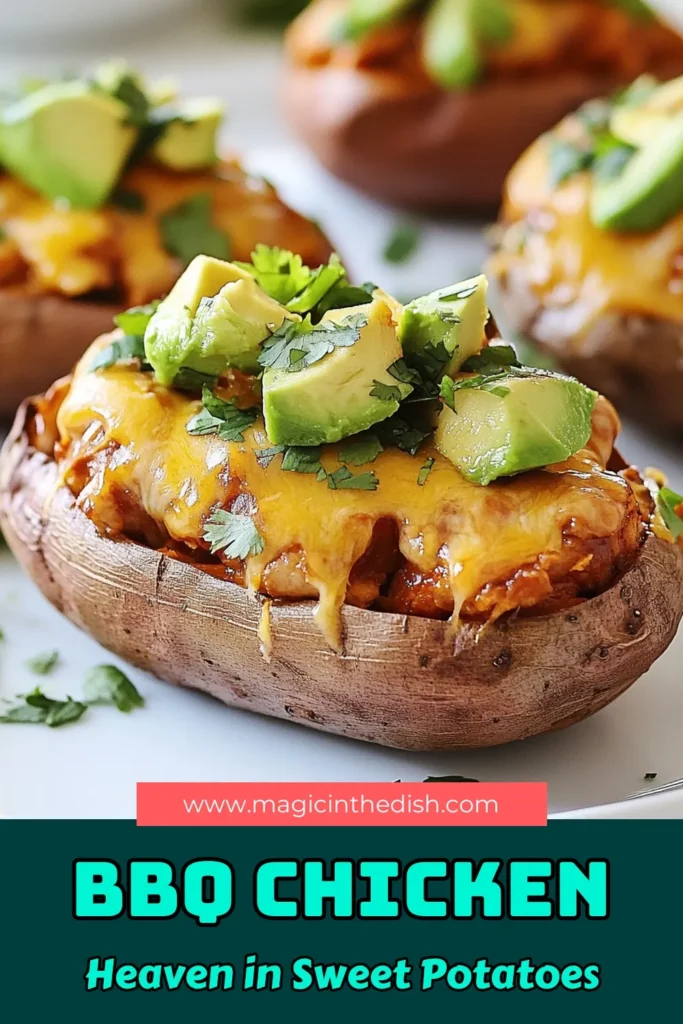 Elevate your dinner game with these BBQ Chicken Stuffed Sweet Potatoes! This easy dinner recipe combines tender sweet potatoes with a hearty filling of shredded chicken, BBQ sauce, corn, and black beans, topped with melty cheddar cheese. Perfect for a healthy BBQ chicken recipe that’s both delicious and nutritious. Don't miss out on this simple sweet potato recipe. Save this pinned recipe for your next meal! #BBQChicken #StuffedSweetPotatoes #HealthyRecipes #EasyDinner