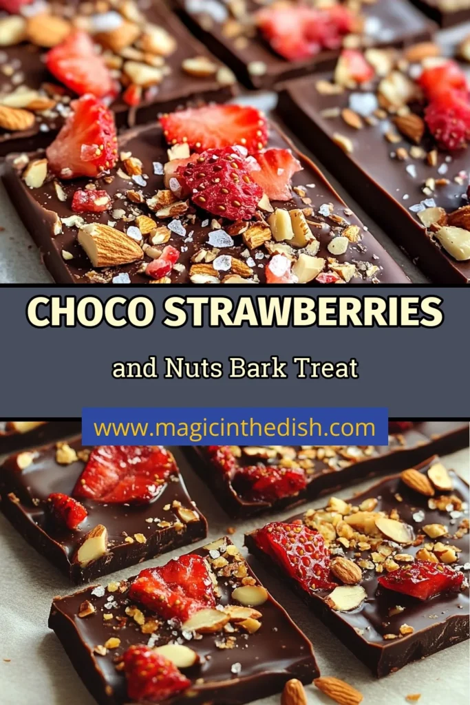 Indulge in the deliciousness of Choco-Strawberry Bark! This Dark Chocolate Strawberry Treat is a gourmet chocolate bark recipe that's perfect for any occasion. With its easy no-bake chocolate candy approach, you can whip up this delightful chocolate dessert in just 45 minutes. Elevate your snack game and satisfy your cravings with this simple recipe. Save and try it out today! #ChocoStrawberryBark #EasyChocolateDessert #GourmetChocolateBark #NoBakeChocolateCandy