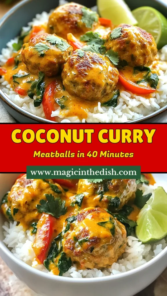 Indulge in this delicious Coconut Curry Meatballs recipe that combines juicy ground chicken meatballs with a creamy coconut milk curry. Perfect for a cozy dinner, this easy meatball curry is packed with flavor and nutrients, featuring spicy meatballs with spinach and vibrant vegetables. Serve it over jasmine rice for a satisfying meal. Try this ground chicken meatballs recipe today! Save for later! #CoconutCurryMeatballs #EasyMeatballCurry #GroundChickenMeatballs #SpicyMeatballs