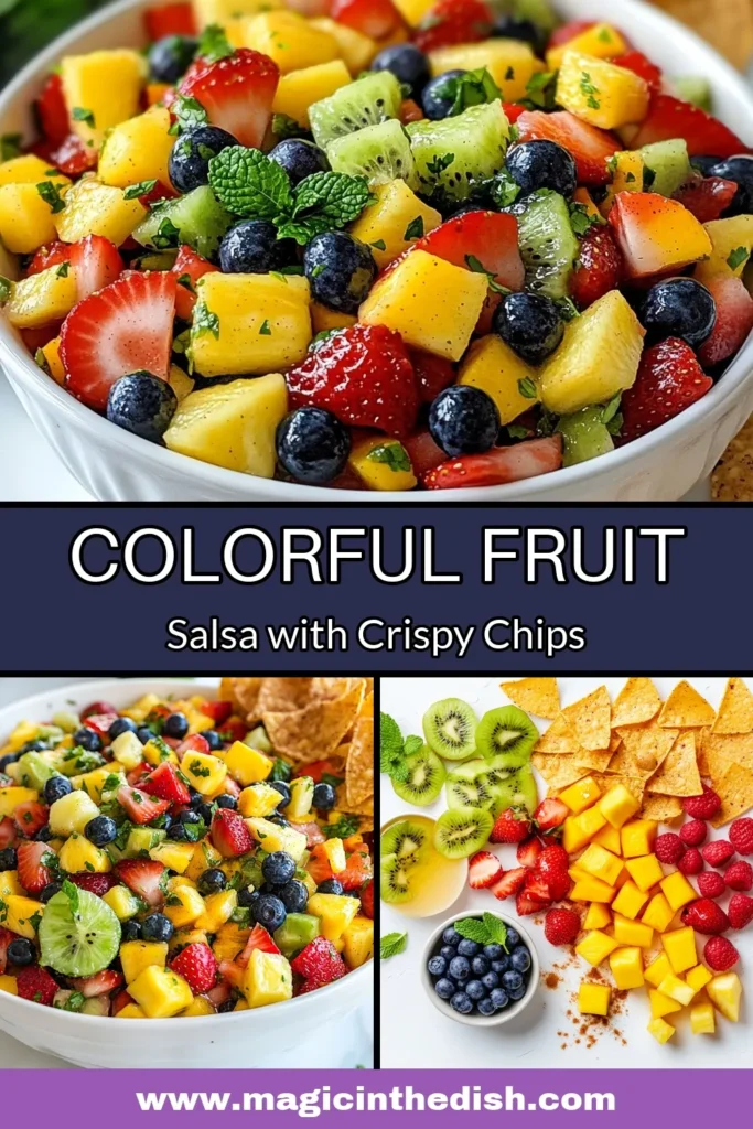 Looking for a delicious and easy summer dessert? Try this vibrant rainbow fruit salsa recipe paired with crispy fruit salsa with cinnamon chips. Packed with fresh strawberries, kiwi, mango, pineapple, and blueberries, this colorful fruit salsa is not just tasty but also a healthy fruit snack. Perfect for sharing at parties or enjoying alone, don’t miss out! Save this recipe for your summer gatherings today! #RainbowFruitSalsa #HealthySnacks #EasyDesserts #SummerRecipes