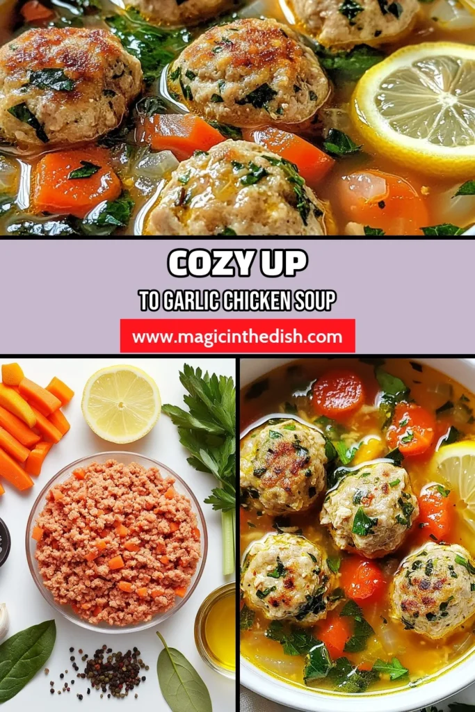 Warm up your dinner plans with this delicious Garlic Herb Chicken Meatball Soup! This healthy chicken soup is packed with flavor and perfect for any day. Our easy meatball soup features succulent garlic chicken meatballs that are easy to make and full of wholesome ingredients. Discover the joy of a comforting bowl of Garlic Herb Chicken Soup that your family will love. Click for the full chicken meatball soup recipe and enjoy! #SoupRecipe #HealthyEating #EasyMeals #ChickenRecipes