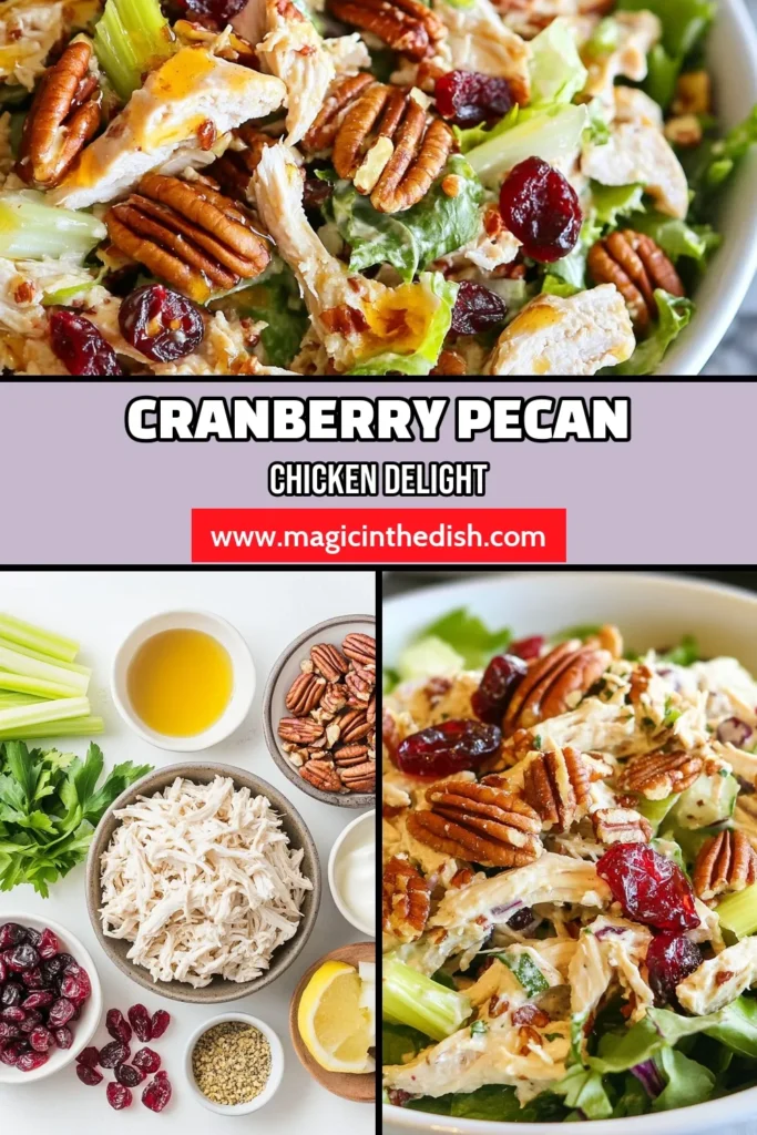 Discover the perfect blend of flavors in this Cranberry Pecan Chicken Salad! This healthy chicken salad recipe combines tender chicken, sweet cranberries, and crunchy pecans, all tossed in a creamy Greek yogurt dressing. Enjoy this simple chicken salad with cranberries on mixed greens, in a sandwich, or as a tasty snack. Try this Chicken Salad with Nuts and Fruits today! Save this recipe for a delicious meal! #HealthyRecipes #ChickenSalad #CranberryPecan #MealPrep