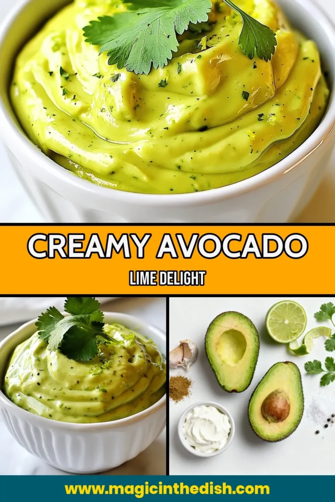 Discover the creamy goodness of this avocado lime crema recipe! Perfect as a zesty avocado dip or a healthy avocado sauce, it brings a burst of flavor to any dish. Whip up this easy avocado dressing with ripe avocados, sour cream or Greek yogurt, fresh lime juice, and garlic. Ideal for gatherings or a delightful snack! Save this recipe and elevate your meals today! #AvocadoLimeCrema #ZestyDip #HealthySauce #EasyDressing