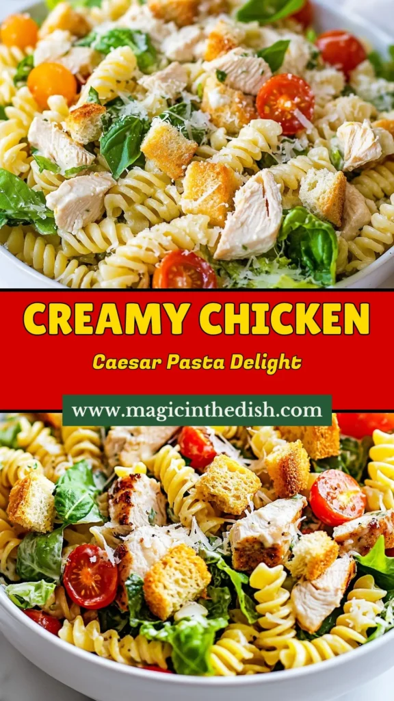 Discover the ultimate Creamy Chicken Pasta Salad with this easy Chicken Caesar Salad recipe! Packed with healthy ingredients like rotini pasta, diced chicken, and fresh romaine, this Healthy Pasta Salad with Chicken is perfect for a quick meal. Enjoy the delightful blend of flavors and textures topped with croutons for a satisfying crunch. Save this quick and delicious Caesar Pasta Salad Recipe for your next gathering! #PastaSalad #CaesarSalad #HealthyEating #EasyRecipes
