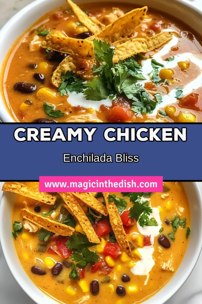 Discover the ultimate creamy chicken enchilada soup that’s perfect for cozy nights! This easy chicken soup recipe combines shredded chicken, black beans, and corn with a rich, creamy base. You’ll love how simple it is to make this hearty chicken soup at home. Try our homemade enchilada soup recipe today for a dinner everyone will rave about! Don’t forget to save and share! #ChickenEnchiladaSoup #EasyDinner #SoupRecipe #ComfortFood